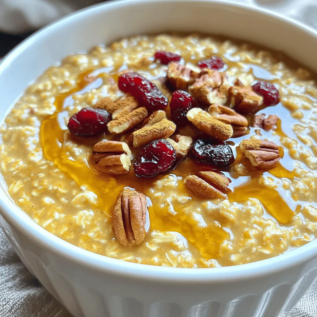 - 1 cup steel cut oats - 4 cups water or milk (or a mix of both) - 1 cup canned pumpkin puree Steel cut oats are the star of this dish. They have a chewy texture and a nutty flavor. I love using a mix of water and milk for creaminess. This makes the oats soft and rich. Canned pumpkin puree adds natural sweetness and a hint of fall flavor. - 1/4 cup maple syrup (adjust based on sweetness preference) - 1 teaspoon vanilla extract - 1 teaspoon pumpkin pie spice (or a mix of cinnamon, nutmeg, and ginger) To enhance the taste, I add maple syrup. It gives a warm, sweet note. You can adjust the amount to match your taste. Vanilla extract adds depth and rounds out the flavors. Pumpkin pie spice brings that classic autumn taste, combining cinnamon, nutmeg, and ginger. - Chopped pecans or walnuts - Dried cranberries - Yogurt dollops Toppings make this dish fun and customizable. Chopped nuts add crunch and healthy fats. Dried cranberries offer a sweet and tart contrast. A dollop of yogurt adds creaminess and protein. You can mix and match these toppings based on your mood or what you have on hand. - Start by adding 1 cup of steel cut oats and 4 cups of water or milk to the pot. Stir well to mix them. - Next, pour in 1 cup of canned pumpkin puree. Then, add 1/4 cup of maple syrup, 1 teaspoon of vanilla extract, and 1 teaspoon of pumpkin pie spice. Finally, sprinkle in 1/2 teaspoon of salt. Mix everything until it's well blended. - Close the Instant Pot lid tightly. Set the valve to the sealing position. - Choose the Manual or Pressure Cook setting. Set the cooking time to 10 minutes at high pressure. - After cooking, let the Instant Pot naturally release pressure for about 10 minutes. Then, manually release any remaining pressure. - Carefully open the lid and stir the oats. If they seem too thick, add a bit more water or milk to reach your desired consistency. - Serve hot, topped with your choice of chopped nuts, dried cranberries, or a dollop of yogurt. To make your oats creamier, use milk instead of water. The milk adds richness. You can mix both for a balance. If you want thicker oats, reduce the liquid slightly. For thinner oats, just add more milk or water after cooking. Stir well before serving to ensure everything blends smoothly. You can adjust the sweetness of your oats easily. Start with a quarter cup of maple syrup. Taste it after cooking and add more if you like. You can also use honey or agave syrup as alternatives. For less sugar, try mashed banana or applesauce. These add sweetness without extra sugar. If mornings are busy, try making these oats ahead. You can cook a big batch and store it in the fridge. Portion it into containers for easy grab-and-go breakfasts. When serving, heat them in the microwave with a splash of milk. Top with nuts or dried fruit for extra flavor and crunch. {{image_2}} You can change up the flavors in your Instant Pot pumpkin spice steel cut oats. Try using cinnamon or nutmeg instead of pumpkin pie spice. These spices add warmth and depth. You can also mix in some ginger for a spicy kick. Adding fruits can also enhance your dish. Diced apples add a nice crunch. You can mash in bananas for natural sweetness. Both fruits pair well with pumpkin and spices. If you follow a vegan diet, swap the milk with plant-based options. Almond, oat, or soy milk work great. This keeps the recipe creamy and delicious. For those needing gluten-free oats, make sure to pick certified gluten-free steel cut oats. This ensures your meal is safe and tasty. You can make pumpkin spice oats on the stovetop. Simply combine oats, water, and pumpkin in a pot. Cook on medium heat, stirring often. It takes about 20-30 minutes, so keep an eye on it. Another method is using a slow cooker. Mix all ingredients in the slow cooker and set it on low for 4-6 hours. You can wake up to a warm breakfast waiting for you! After you make your Instant Pot pumpkin spice steel cut oats, let them cool. Store any leftovers in an airtight container. This keeps them fresh in the fridge. They can last up to five days. If you want to enjoy them later, follow the freezing instructions below. To freeze your oats, scoop them into portioned containers. Leave some space at the top for expansion. Seal them well to prevent freezer burn. You can freeze them for up to three months. When you're ready to eat, thaw them overnight in the fridge. Reheat in the microwave, adding a splash of water or milk for creaminess. Look out for any off smells or mold. If your oats smell strange or have changed color, do not eat them. To extend freshness, always use clean utensils when scooping. Store them properly in airtight containers. Keeping them in the back of the fridge helps too, where it's coldest. This way, your pumpkin spice oats stay safe and delicious! Making Instant Pot pumpkin spice steel cut oats takes about 30 minutes. This includes 10 minutes for prep and 10 minutes for cooking. After cooking, let the pot sit for 10 minutes to release pressure. In total, you can enjoy your tasty breakfast in half an hour! Yes, you can make this recipe on the stovetop. Use a medium pot and combine the oats and liquid. Bring it to a boil, then reduce heat and simmer for about 20-25 minutes. Stir occasionally until the oats are tender. Add pumpkin and spices at the end, just like in the Instant Pot. Steel cut oats are packed with nutrients. They are high in fiber, which helps with digestion. They also have protein that keeps you full longer. Plus, they provide essential vitamins and minerals like iron and magnesium. Eating steel cut oats can support heart health and stabilize blood sugar levels. This blog post covered how to make delicious pumpkin spice steel cut oats in an Instant Pot. We discussed the main ingredients, cooking steps, and ways to enhance flavor. You learned fun tips for meal prep, texture, and sweetness. We even explored variations to fit different diets and cooking methods. Now you’re ready to make a warm, tasty breakfast. Enjoy your pumpkin spice creation and share it with others!