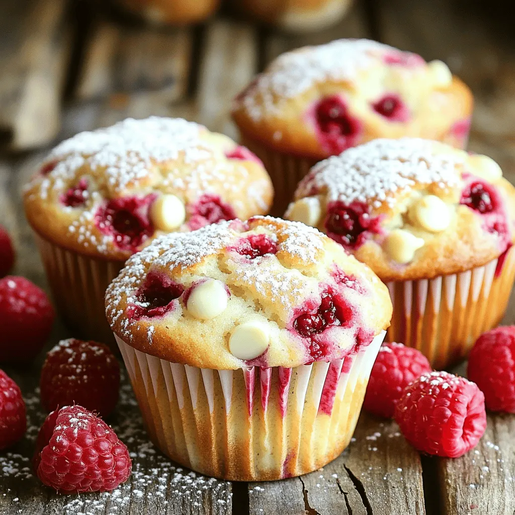 - 1 cup fresh raspberries (or frozen, thawed) - 1 cup white chocolate chips - 2 cups all-purpose flour - 1/2 cup granulated sugar - 1/2 teaspoon salt - 1 tablespoon baking powder - 1/2 teaspoon baking soda - 1 large egg - 1 cup buttermilk (or 1 cup milk + 1 tablespoon vinegar) - 1/2 cup vegetable oil - 1 teaspoon vanilla extract The key to my Raspberry White Chocolate Muffins lies in using fresh ingredients. Start with 1 cup of fresh raspberries. If they aren’t in season, frozen ones work too. Just thaw them first. You also need 1 cup of white chocolate chips for that sweet finish. Next, gather your dry ingredients. Measure out 2 cups of all-purpose flour, which gives the muffins structure. Add 1/2 cup of granulated sugar for sweetness. Don’t forget 1/2 teaspoon of salt to balance flavors. We need 1 tablespoon of baking powder and 1/2 teaspoon of baking soda to help the muffins rise. Now it’s time for the wet ingredients. Crack 1 large egg into a bowl. Pour in 1 cup of buttermilk. If you lack buttermilk, mix 1 cup of milk with 1 tablespoon of vinegar. This makes a great substitute! Add 1/2 cup of vegetable oil for moisture and 1 teaspoon of vanilla extract for flavor. Gathering these ingredients sets you up for success. The mix of tangy raspberries and sweet chocolate will make your muffins delightful! Start by preheating your oven to 350°F (175°C). This temperature will help the muffins rise nicely. Next, line your muffin tin with paper liners or grease it lightly. This step prevents sticking and makes cleanup easy. In a large bowl, whisk together the flour, sugar, salt, baking powder, and baking soda. Make sure these dry ingredients are well mixed. This helps the muffins rise evenly and taste great. In a different bowl, mix the buttermilk, vegetable oil, egg, and vanilla extract until smooth. This mixture adds moisture and flavor to your muffins. It’s important to blend these ingredients well for the best results. Now, pour the wet ingredients into the dry ingredients. Stir gently until just combined. Be careful not to overmix; a few lumps are okay. Overmixing can make your muffins dense instead of fluffy. Gently fold in the fresh raspberries and white chocolate chips. This step adds bursts of flavor and sweetness to each bite. Mix until they are evenly distributed throughout the batter. Divide the batter evenly among the muffin cups. Fill each cup about 2/3 full to allow room for rising. Bake for 18-20 minutes. Check if they are done by inserting a toothpick into the center. It should come out clean. Once baked, let the muffins cool in the pan for about 5 minutes before transferring them to a wire rack. To make perfect muffins, avoid overmixing the batter. Mix just until you see no dry flour. A few lumps are fine. Overmixing can make your muffins tough and chewy. Use room temperature ingredients for better mixing. Cold eggs or milk can make your batter clumpy. Set your ingredients out about 30 minutes before you start. This small step helps create a smoother batter. You can enhance flavor and texture by adding a pinch of cinnamon or lemon zest. This simple addition brightens up the taste. It makes the muffins even more delightful. Using high-quality white chocolate improves the flavor too. The better the chocolate, the richer the taste. Look for chocolate that has at least 30% cocoa butter for the best results. Dust the tops of the muffins with powdered sugar for an elegant touch. This adds a beautiful finish and a hint of sweetness. A white chocolate glaze also works well. Drizzle it on top after the muffins cool. This extra step makes your muffins look like they came from a bakery! {{image_2}} You can change up the fruit in these muffins. If you want a new taste, try blueberries or strawberries instead of raspberries. Both fruits add sweetness and color. - Blueberries: These tiny gems burst with juice when you bite them. They mix well with white chocolate. - Strawberries: Chopped strawberries give a nice, fresh flavor. You can use them fresh or frozen. Want a crunch? Add nuts or seeds. Walnuts or pecans work well. They add a nice texture and flavor contrast. If you want to reduce sugar, swap regular sugar for honey or maple syrup. Both sweeteners add a unique taste. Just remember to use less liquid in your batter. - Honey: It makes muffins moist and gives a gentle sweetness. - Maple Syrup: This adds a rich, unique flavor that pairs well with the white chocolate. For gluten-free muffins, use gluten-free flour. Almond or coconut flour is a great choice. You may need to change the amount of liquid in your recipe, so keep an eye on texture. Want to add more flavor? Citrus zest brings a fresh kick to your muffins. Try lemon or orange zest. Just a little can brighten up the taste. You can also use almond or coconut extract. These flavors add depth and warmth. Just a splash is enough. Experiment to find your favorite mix! To keep your muffins fresh, store them in an airtight container. You can use a plastic bag or a glass container. Place the muffins in a single layer to avoid squishing them. If you want to keep them for a few days, store them at room temperature. This method helps keep them soft and tasty. Freezing muffins is easy and a great way to save them. First, let the muffins cool completely. Then, wrap each muffin in plastic wrap. For extra protection, place the wrapped muffins in a freezer-safe bag or container. This keeps out air and ice. Muffins can stay fresh in the freezer for about three months. To enjoy your frozen muffins, you need to thaw them first. You can leave them in the fridge overnight. If you're short on time, you can use the microwave. Heat each muffin for about 20 seconds. For a warm and crisp texture, pop them in the oven at 350°F (175°C) for 5-10 minutes. This adds a nice touch and makes them taste fresh again. Yes, you can use frozen raspberries. Just make sure to thaw them first. Thawing helps avoid extra moisture in your muffins. When using frozen raspberries, be gentle when folding them into the batter. This keeps them intact and prevents the muffins from turning too pink. Check the muffins after 18 minutes of baking. Insert a toothpick into the center of a muffin. If it comes out clean or with just a few crumbs, the muffins are ready. Also, look for a golden-brown top. The muffins should spring back when lightly pressed. Yes, you can prepare the batter ahead. Mix the dry ingredients and wet ingredients separately. Store them in the fridge for up to 24 hours. When ready to bake, combine them and add raspberries and chocolate. Don’t forget to mix gently to keep the muffins fluffy! These raspberry and white chocolate muffins are fun to make and tasty to eat. You learned the right mix of fresh and dry ingredients, along with how to bake them perfectly. Remember to avoid overmixing and try different fruits or flavors to keep things exciting. Proper storage helps keep your muffins fresh longer. Enjoy creating these delightful treats that are sure to impress family and friends. Happy baking!