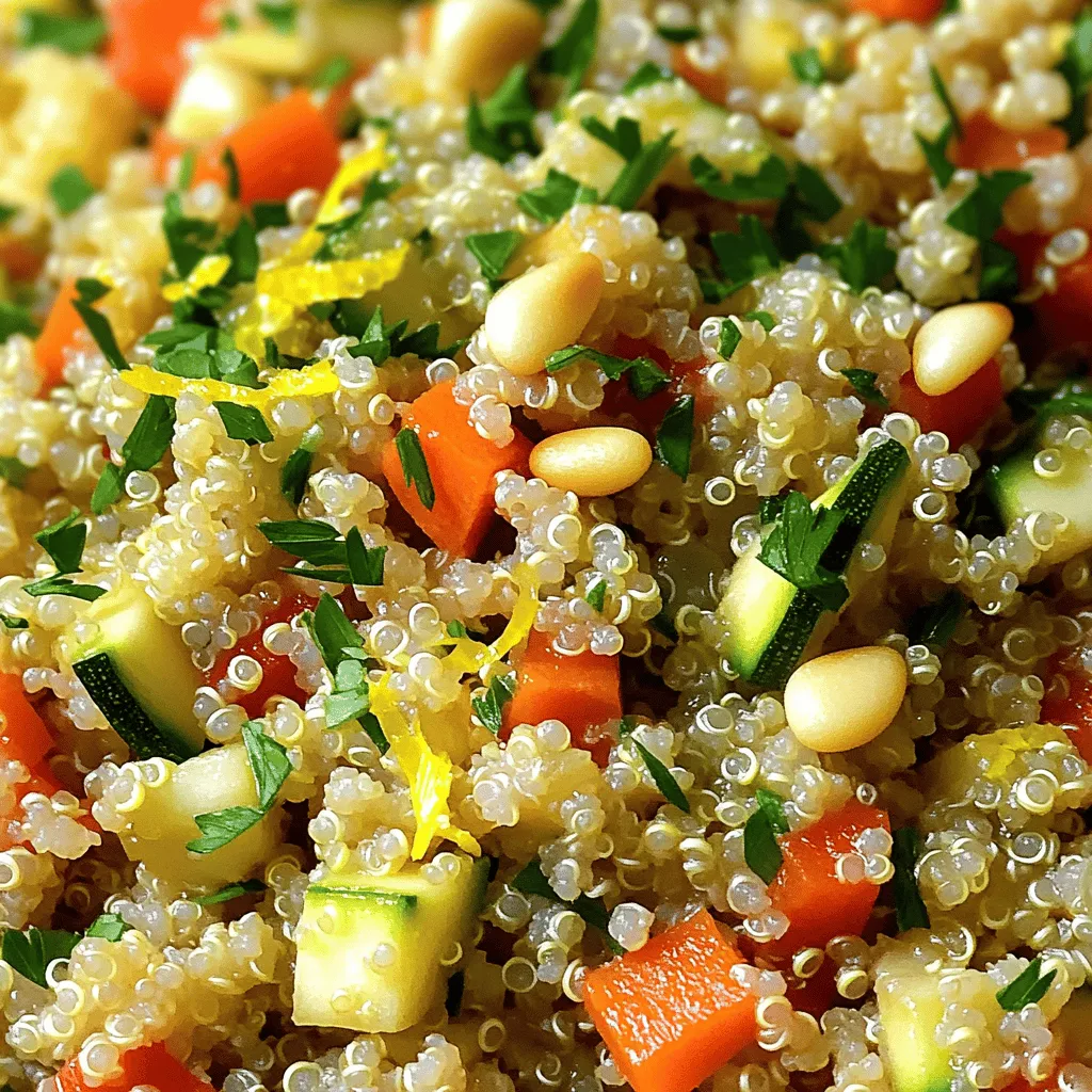 - 1 cup quinoa, rinsed - 2 cups vegetable broth - 1 small onion, finely chopped - 2 garlic cloves, minced - 1 carrot, diced - 1 red bell pepper, diced - 1 zucchini, diced Quinoa is the star of this dish. It’s a protein-packed grain that cooks fluffy and light. Rinsing it well removes any bitter taste. Next, we add fresh vegetables. Onion brings sweetness, while garlic adds depth. Carrots give a nice crunch. Red bell pepper adds color and sweetness. Zucchini lends a soft texture. Together, they create a tasty mix. - 1 tablespoon olive oil - 1 teaspoon dried thyme - 1 teaspoon dried oregano - Zest of 1 lemon - Juice of 1 lemon - Salt and pepper to taste - Fresh parsley, chopped, for garnish For seasoning, olive oil is essential. It adds richness and helps the flavors blend. Dried thyme and oregano bring earthiness. Lemon zest and juice give a bright kick. Salt and pepper enhance all the tastes. Fresh parsley adds color and freshness when serving. - 1/4 cup toasted pine nuts - Fresh herbs (Parsley) Pine nuts add a nutty crunch. Toasting them brings out their flavor. Fresh herbs can elevate the dish further. Use any herbs you love to make it special. These add-ins can make your pilaf unique and full of flavor. Start by rinsing 1 cup of quinoa under cold water. This step removes any bitter taste. In a medium saucepan, combine the rinsed quinoa with 2 cups of vegetable broth. Bring this mixture to a boil over medium-high heat. Once it boils, reduce the heat to low. Cover the pot and let it simmer for about 15 minutes. After this time, the quinoa should be fluffy, and the liquid will absorb. Remove it from the heat and fluff it with a fork. Set it aside while you tackle the veggies. Next, grab a large skillet and heat 1 tablespoon of olive oil over medium heat. Once the oil is hot, add 1 finely chopped small onion. Sauté it for about 3 to 4 minutes until it looks translucent. The smell will be great! Now, add 2 minced garlic cloves and 1 diced carrot to the skillet. Cook these for another 2 minutes. You want the garlic's aroma to fill your kitchen. Then, stir in 1 diced red bell pepper and 1 diced zucchini. Cook for an additional 5 to 6 minutes until the veggies are tender and bright. With the vegetables ready, it's time to mix them with the quinoa. Add the fluffy quinoa to the skillet along with 1 teaspoon of dried thyme, 1 teaspoon of dried oregano, the zest of 1 lemon, and the juice of 1 lemon. Season with salt and pepper to taste. Stir everything together well. Heat this mixture through for about 2 to 3 minutes. You want all the flavors to blend nicely. Remove it from the heat, and you are ready to serve! To achieve fluffy quinoa, start by rinsing it under cold water. This removes the bitter coating called saponin. Use a ratio of 1 cup of quinoa to 2 cups of vegetable broth for a great flavor. When boiling, keep the heat high until it bubbles. Then, lower the heat, cover, and let it simmer. Cook it for about 15 minutes. Once done, fluff it gently with a fork to separate the grains. Common mistakes include not rinsing the quinoa or using too much liquid. Avoid cooking it too long, which can make it mushy. Make sure to follow the ratio and timing closely for the best results. To add more flavor, consider using fresh herbs like basil or cilantro. You can mix in spices such as cumin or paprika for a twist. For a different lemon flavor, try adding lemon slices or lemon pepper. This adds zest and brightness, enhancing the dish's taste. You can also add a splash of white wine while cooking the veggies for extra depth. This will complement the lemon and herbs well. Serving the Lemon Herb Quinoa Pilaf is easy and fun. Use a large bowl or plate. Spoon the pilaf in the center for a lovely display. For garnishing, sprinkle fresh parsley on top for color. If you want a crunch, add toasted pine nuts. They give a nice texture and flavor contrast. You can also serve it in individual bowls for a dinner party. This adds a nice touch and makes it more personal. Enjoy the vibrant colors and fresh smells as you serve! {{image_2}} You can change the vegetables in Lemon Herb Quinoa Pilaf based on what you have. Seasonal veggies work great. In spring, try asparagus or peas. In fall, add butternut squash or kale. If you have dietary needs, feel free to swap. For a nut allergy, skip the pine nuts. If you don’t like zucchini, use broccoli or green beans instead. Just keep the cooking times in mind for each vegetable. Adding protein makes this dish more filling. You can stir in canned beans like chickpeas or black beans. They add fiber and taste great. If you prefer meat, cooked chicken or shrimp works well. Just cut it into small pieces before adding. For a vegetarian option, try tofu or tempeh. Quinoa is fantastic, but you can try other grains too. Brown rice adds a chewier texture. Couscous cooks faster and is light. If you want a unique flavor, use farro or millet. Each grain brings its own taste and style. Just check cooking times, as they vary. To store leftovers, let the quinoa pilaf cool. Place it in an airtight container. This helps keep the flavors fresh. You can store it in the fridge for up to three days. To keep quinoa fresh, avoid leaving it out at room temperature for too long. Always refrigerate any leftovers promptly. Yes, you can freeze Lemon Herb Quinoa Pilaf. Just follow these steps. First, cool the pilaf completely. Then, transfer it to a freezer-safe container. Label it with the date before sealing. When you want to eat it, thaw it overnight in the fridge. To reheat, warm it on the stove with a splash of broth or water. This keeps it moist and tasty. In the fridge, the pilaf lasts about three days. In the freezer, it can stay good for up to three months. Always check for signs of spoilage. If you see any mold or an off smell, it’s best to toss it out. Keeping an eye on your food helps you stay safe. To make Lemon Herb Quinoa Pilaf vegan, simply change the vegetable broth to a vegan-friendly brand. Most vegetable broths are already vegan, but always check the label. You can also add more vegetables or use a mix of beans for extra protein. If you want to boost the flavor, try adding a bit of nutritional yeast. This can give you a cheesy taste without using dairy. Yes, you can prepare this dish ahead of time. Cook the quinoa and vegetables as directed. Once cooled, place them in an airtight container. Store in the fridge for up to three days. When ready to eat, just reheat in a pan or microwave. You can also serve it cold as a salad. This makes it great for meal prep. Lemon Herb Quinoa Pilaf goes well with many dishes. It pairs nicely with grilled chicken or fish. You can also serve it with roasted vegetables for a full meal. For a vegetarian option, try it with stuffed peppers or mushroom caps. This dish adds flavor and color to any plate. This post covered how to make Lemon Herb Quinoa Pilaf. We explored main ingredients like quinoa and fresh veggies. I shared tips for cooking and flavoring, plus variations to suit your taste. Remember, storing leftovers right keeps your pilaf fresh. Try these ideas and enjoy this healthy dish. Simple and tasty, it's perfect for any meal. Make it yours with your favorite add-ins or herbs. Enjoy the cooking journey!