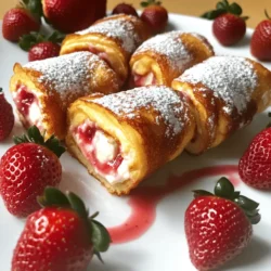 - 8 slices of white or whole wheat bread - 4 ounces cream cheese, softened - 1 cup fresh strawberries, chopped - 2 tablespoons sugar (adjust to taste) - 1 teaspoon vanilla extract - 2 large eggs - 1/4 cup milk - 1 teaspoon cinnamon - 1 tablespoon butter (for frying) - Powdered sugar (for dusting) To make these roll-ups, you need some simple ingredients. The bread is the base. You can use white or whole wheat. Both work well. The cream cheese is key. It adds a rich, creamy texture. You want it soft, so it mixes well with the strawberries. Fresh strawberries are a must. They bring a bright flavor. You can chop them small to mix into the cream cheese. Sugar is next. It helps sweeten the filling. You can adjust the amount based on your taste. A bit of vanilla extract adds depth, making it more flavorful. For the egg mixture, you’ll need two large eggs and milk. This helps create a custard-like coating. Cinnamon adds warmth and spice. Butter is for frying. It makes the roll-ups crispy and delicious. Finally, don’t forget powdered sugar for dusting. It gives a sweet finish to your dish. Gather these ingredients, and you’re ready to make a tasty treat! To start, mix the softened cream cheese, chopped strawberries, sugar, and vanilla extract in a medium bowl. I like to use a fork to mash the strawberries a bit. It helps blend the flavors well. Make sure the mixture is smooth and creamy. This filling is the star of our roll-ups! Next, take your bread slices. Trim the crusts off each slice. This makes them easier to roll. Then, use a rolling pin to flatten each slice to about a quarter inch thick. Flattening the bread helps it roll up nicely without tearing. Now it’s time to spread the filling. Take a generous tablespoon of the cream cheese mixture and spread it on each slice of bread. Leave a small border around the edges. This space helps keep the filling inside. Carefully roll each slice from one edge to the other. Make sure to roll tightly so the filling stays put. In a separate bowl, whisk together the eggs, milk, and cinnamon until combined. Heat a skillet over medium heat and melt the butter. Dip each roll-up into the egg mixture. Make sure to coat them well, then let the excess drip off. Place the roll-ups seam side down in the skillet. Cook for about 2 to 3 minutes on each side until they are golden brown and crispy. Once done, transfer them to a paper towel to drain off any extra butter. Dust the warm roll-ups with powdered sugar before serving. This adds a nice touch and makes them look extra special! To make great roll-ups, you must roll them tightly. This keeps the filling inside. Spread the cream cheese mix evenly on the bread. Leave a little space at the edges. This helps to seal the roll-up and keeps the filling from leaking out. For the best results, heat the skillet to medium. A hot skillet makes the roll-ups crisp on the outside. If it’s too hot, they might burn. If it’s too cool, they won’t cook well. Try to fry them for about 2-3 minutes on each side. Look for a golden brown color to know they are done. When serving, arrange the roll-ups in a fan shape on a nice plate. This makes them look special. You can drizzle some strawberry sauce on top or add fresh strawberry slices on the side. A light dusting of powdered sugar adds a sweet touch. These tips will enhance the look and taste of your dish. {{image_2}} You can swap strawberries for other fruits. Blueberries, raspberries, or peaches work well too. You can also try different cream flavors. Think about using chocolate cream or lemon zest for a fun twist. Each fruit or cream adds its own flavor and makes the roll-ups special. If you need gluten-free options, use gluten-free bread. This keeps the roll-ups safe for those who avoid gluten. For a dairy-free choice, try vegan cream cheese. It has a smooth texture and works great with fruits. These changes let everyone enjoy this treat. Not everyone likes the same sweetness. Start with two tablespoons of sugar, then taste the filling. If you want it sweeter, add more sugar. You can also use honey or maple syrup as a natural sweetener. Adjusting sweetness helps the dish fit your taste perfectly. To keep your strawberry cream cheese roll-ups fresh, store them in the fridge. Place them in an airtight container. They can last up to three days. If you want to save them longer, freeze the roll-ups. Wrap each one tightly in plastic wrap. Then, put them in a freezer bag. They can stay frozen for up to two months. When you want to eat them, let them thaw in the fridge overnight. To reheat your roll-ups, use a skillet. Heat the skillet over medium-low heat. Add a little butter to the pan. Place the roll-ups seam side down and cook for about 2-3 minutes. This will make them crispy again. You can also use a microwave, but this may make them soft. Heat them for about 20-30 seconds. Enjoy your roll-ups warm, crisp, and tasty! Yes, you can prep these roll-ups ahead of time. First, make the filling and spread it on the bread. Roll them tightly and place them in an airtight container. Store them in the fridge for up to a day. When you are ready, dip them in the egg mixture and cook as usual. This saves time for busy mornings and keeps your breakfast easy. These roll-ups pair well with many sides. I love serving them with fresh fruit, like sliced bananas or blueberries. You can also add a drizzle of maple syrup or a side of yogurt. A sprinkle of nuts can add crunch. These options create a complete meal that is fun and tasty. To check if the roll-ups are done, look for a golden brown color. They should be crispy on the outside. You can gently press them with a spatula. If they feel firm and spring back, they are ready. If not, let them cook a bit longer. This ensures a perfect texture that everyone will enjoy. These strawberry cream cheese roll-ups are easy and fun to make. You start by prepping the filling and bread, then roll everything together and fry until golden. Use tips for perfecting, modifying, or storing these tasty treats. You can even customize the recipe to suit your taste or dietary needs. Enjoy making and sharing these delightful roll-ups. They will surely impress anyone you serve them to!