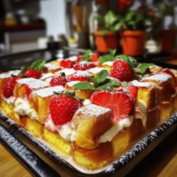 - 1 loaf of brioche bread, cut into 1-inch cubes - 8 oz cream cheese, softened - 1 cup strawberries, hulled and sliced Brioche bread gives this dish a rich flavor. Its soft texture soaks up the custard well. Cream cheese adds a smooth, creamy layer. It blends perfectly with the sweet strawberries. Fresh strawberries bring a burst of freshness and color to each bite. - 4 large eggs - 1 cup milk - 1/2 cup granulated sugar - 1 teaspoon vanilla extract - 1 teaspoon cinnamon Eggs create a rich custard that binds everything together. Milk adds creaminess and helps the bread soak well. Granulated sugar sweetens the mix, while vanilla extract and cinnamon add warmth and depth. These ingredients enhance the overall flavor. - 1/4 cup powdered sugar (for topping) - Fresh mint leaves (for garnish) Powdered sugar gives a sweet finish to the bake. It looks pretty and adds a nice touch. Fresh mint leaves are optional, but they add a burst of color and freshness. They make your dish look even more inviting. First, preheat your oven to 350°F (175°C). This step is key for even baking. While the oven heats up, grab a 9x13 inch baking dish. Use a little butter or cooking spray to lightly grease it. This helps the French toast bake come out easily later. Now, let’s cube the brioche bread. Cut it into 1-inch cubes. This size helps it soak up the custard well. Place the cubes in a large mixing bowl and set them aside. Next, in another bowl, mix the softened cream cheese with half of the sliced strawberries. Make sure they blend well together. Spoon this mixture over half of the bread cubes. Then, top it with the remaining bread cubes. This layering makes every bite tasty. It's time to make the custard. In a separate bowl, whisk together the eggs, milk, sugar, vanilla extract, and cinnamon. Mix until it’s nice and smooth. Pour this egg mixture evenly over the layered bread and cream cheese. Ensure every piece of bread gets soaked. Finally, sprinkle the rest of the sliced strawberries on top. Gently press them into the bread mixture. This adds extra flavor and a pop of color. To get the best results for your French toast bake, cover it with foil for the first part of baking. This helps it cook evenly and keeps it moist. After 25 minutes, remove the foil. This lets the top brown nicely. Aim for a golden-brown color, which means it’s ready. You can check if it’s done by inserting a knife. If it comes out clean, your bake is good to go. Using fresh strawberries gives the best taste. They bring a sweet and juicy burst to each bite. If fresh berries are hard to find, frozen strawberries work too. Just thaw and drain them first. You can also add a twist! A little citrus zest, like lemon or orange, brightens the dish. Extracts like almond or vanilla can add depth to the flavor too. Want to make it gluten-free? You can use gluten-free bread. Just make sure it’s sturdy enough to hold the custard. If you need a vegan option, swap the eggs with flax eggs. Mix one tablespoon of ground flaxseed with three tablespoons of water per egg. Use plant-based milk and vegan cream cheese for a delicious twist! {{image_2}} You can swap strawberries for other tasty fruits. - Blueberries: These small, sweet berries add a burst of flavor. They mix well with cream cheese too. Just toss them in with the cream cheese for a rich taste. - Raspberries: Tart and sweet, raspberries work great. They add a nice contrast to the creamy filling. Layer them with the bread for a colorful look. Adding different flavors can make your dish even better. - Chocolate chip addition: Sprinkle chocolate chips over the bread mixture. They melt and create a sweet surprise. Kids love this twist. - Nut variations: Try adding walnuts or pecans. Chop them up and mix them in with the bread. This gives a nice crunch and nutty flavor. How you serve this dish can elevate the experience. - Pairing with syrups or sauces: Drizzle maple syrup or homemade berry sauce on top. This adds sweetness and moisture. You can also try a dollop of whipped cream for a treat. - Interesting sides to complement the bake: Serve with crispy bacon or fresh fruit salad. These sides balance the sweet and creamy flavors. You can keep your Strawberry Cheesecake French Toast Bake in the fridge for up to three days. Make sure to store it in an airtight container. This keeps it fresh and tasty. If you made a big batch, slicing it into portions makes it easier to grab and go. To freeze this dish, let it cool completely first. Then, wrap it tightly in plastic wrap and aluminum foil. This helps prevent freezer burn. You can freeze it for up to three months. When you're ready to eat, thaw it in the fridge overnight. For reheating, preheat your oven to 350°F (175°C). Place the dish in the oven for about 20 minutes, or until it is warm throughout. If it's not thawed, it may take longer. You can also microwave individual portions for a quick treat. Just heat in short bursts until hot. Enjoy your baked delight whenever you want! Yes, you can prepare this dish the night before. Just follow these steps: - Layer the ingredients: After you layer the bread and cream cheese, pour the custard mixture over the top. - Cover and chill: Cover the baking dish with plastic wrap. Place it in the fridge overnight. - Bake in the morning: When you're ready to bake, remove the wrap and let it sit for 10 minutes. Then bake as directed. Brioche bread is best for this dish. It adds a nice texture. Here are other options: - Challah: This bread is soft and has a rich flavor. - French bread: It works, but use a softer loaf for best results. - Sourdough: Offers a tangy taste, which can be nice. Absolutely! You can change the sugar to fit your taste. Here are some tips: - To reduce sweetness: Cut the granulated sugar by half. You can also skip the powdered sugar on top. - To increase sweetness: Add an extra tablespoon of sugar to the custard. You can also drizzle syrup when serving. This recipe combines brioche, cream cheese, and strawberries for a delightful bake. You learned how to layer your ingredients and make a tasty custard. Tips for perfect baking and flavor enhancements were shared. Plus, I suggested variations and storing methods. Remember, you can customize it to fit your taste. Experiment to find what you love. Happy baking!