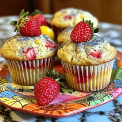 To make these tasty muffins, gather these simple ingredients: - 1 cup fresh strawberries, diced - 2 tablespoons lemon zest (from about 1 lemon) - 1/4 cup poppy seeds - 1 1/2 cups all-purpose flour - 1/2 cup sugar - 2 teaspoons baking powder - 1/2 teaspoon baking soda - 1/4 teaspoon salt - 1/2 cup unsalted butter, melted - 1 large egg - 1/2 cup milk (dairy or non-dairy) - 1 teaspoon vanilla extract - 2 tablespoons fresh lemon juice This recipe yields 12 muffins. Each muffin has about: - Calories: 180 - Total Fat: 7g - Saturated Fat: 4g - Carbohydrates: 26g - Sugar: 8g - Protein: 3g These muffins are great for breakfast or a snack. They pack flavor and nutrients. When choosing strawberries, pick bright red ones. They should smell sweet and feel firm. Look for lemons that are heavy for their size. This means they have more juice. For poppy seeds, check the date on the package. Fresh seeds have the best flavor. Always choose unsalted butter for baking. It gives you better control over salt in your recipe. First, set your oven to 375°F (190°C). This temperature helps the muffins bake evenly. Next, grab a muffin tin. You can use paper liners or grease the tin well with butter. This will make it easy to remove the muffins after baking. In a medium bowl, measure out 1 1/2 cups of all-purpose flour. Add 1/2 cup of sugar, 2 teaspoons of baking powder, 1/2 teaspoon of baking soda, and 1/4 teaspoon of salt. Then, sprinkle in 1/4 cup of poppy seeds. Use a whisk to mix these dry ingredients well. This step ensures that the baking powder and soda work evenly in the muffins. In another bowl, whisk together 1/2 cup of melted unsalted butter, 1 large egg, and 1/2 cup of milk. Add 1 teaspoon of vanilla extract, 2 tablespoons of fresh lemon juice, and 2 tablespoons of lemon zest. Mix well until everything is combined. Now, gently pour the wet mixture into the dry ingredients. Fold them together. Be careful not to overmix; just stir until you see no dry flour. Finally, add in 1 cup of diced fresh strawberries. Fold them in gently, spreading them throughout the batter. To get a soft and fluffy muffin, use room temperature ingredients. Cold butter or eggs can lead to dense muffins. When you mix, fold gently. Overmixing can make muffins tough. You want to see a few lumps in the batter. This keeps them light. If you're vegan, swap the egg for a flax egg. Mix one tablespoon of ground flaxseed with three tablespoons of water. Let it sit for five minutes. For dairy-free options, use almond milk or coconut milk. You can also use coconut oil instead of butter for a dairy-free fat. Always preheat your oven. This ensures the muffins bake evenly. Use an oven thermometer to check the temperature. When placing the muffin tin in the oven, use the center rack. This allows hot air to circulate well. Rotate the muffin tin halfway through baking. This helps them brown evenly on all sides. {{image_2}} You can change the fruit in these muffins. Try blueberries, raspberries, or peaches. Each fruit gives a new taste. Blueberries add a sweet burst. Raspberries bring a tangy flavor. Peaches add a juicy softness. Just keep the same amount of fruit. This way, your muffins stay moist and tasty. If you need gluten-free muffins, swap the flour. Use a gluten-free flour blend. These blends work well in recipes. They have different grains and starches. Look for one that includes xanthan gum; it helps with texture. Follow the same steps, and enjoy your gluten-free treat! You can mix different flavors into your muffins. For a tropical twist, add shredded coconut and pineapple. If you want a spicy kick, try ginger or cinnamon. For a nutty taste, add walnuts or almonds. Each option creates a unique muffin. Be creative and have fun with your flavors! To store leftover muffins, let them cool completely. Place them in an airtight container. You can keep them at room temperature for up to three days. If you want them to last longer, store them in the fridge. Just remember to wrap them well to avoid drying out. Freezing these muffins is easy. First, let them cool down. Then, wrap each muffin in plastic wrap. Place the wrapped muffins in a freezer-safe bag. They can stay fresh for up to three months in the freezer. When you're ready to eat, just take out what you need. To reheat your muffins, you can use the microwave or oven. For the microwave, heat for about 15-20 seconds. This method keeps them soft. If you prefer a crispy top, use the oven. Preheat it to 350°F (175°C) and warm the muffins for about 5-7 minutes. Enjoy them warm for the best taste! Yes, you can use frozen strawberries. Just make sure to thaw and drain them first. This keeps the batter from getting too wet. Cut the strawberries into small pieces once thawed. It will change the texture a bit, but the flavor will still shine through. These muffins stay fresh for about three days at room temperature. To keep them longer, store them in an airtight container. If you put them in the fridge, they can last up to a week. Just remember to reheat them slightly for the best taste. Enjoy these muffins warm, fresh from the oven. They taste great with butter or cream cheese spread on top. For a fun twist, serve them with a cup of tea or coffee. You can also garnish with more fresh strawberries for a delightful touch. This blog post covered everything you need to know about making perfect Strawberry Lemon Poppy Seed Muffins. We explored the essential ingredients, prep steps, and useful tips for great texture. You also learned how to make variations and store your muffins. As you bake, remember these tips to create a tasty treat. Enjoy your muffins fresh or store them for later. Happy baking!
