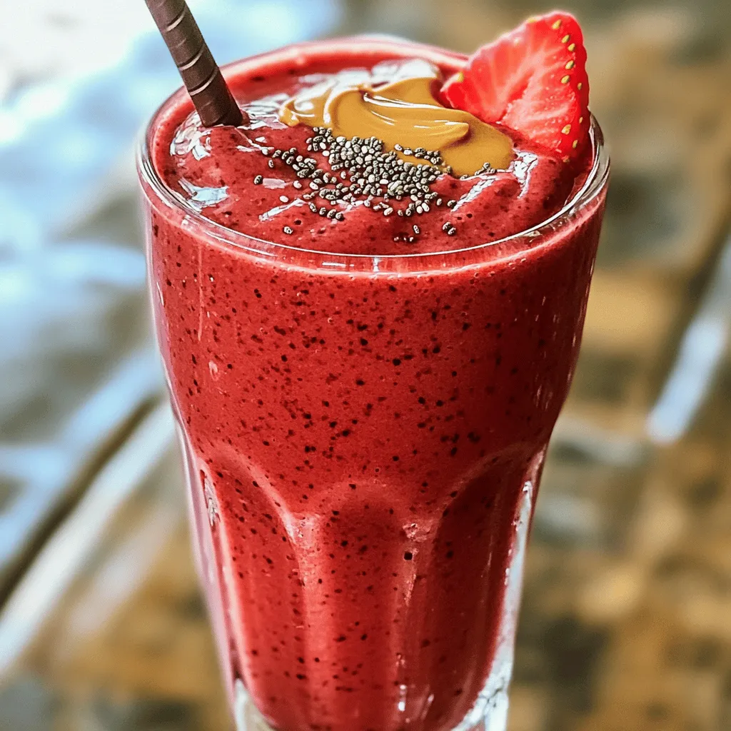 - 1 ripe banana - 1 cup fresh strawberries, hulled - 1 cup unsweetened almond milk To start, gather your main ingredients. A ripe banana adds natural sweetness and creaminess. Fresh strawberries bring a bright flavor and lovely color. Unsweetened almond milk keeps this smoothie light and dairy-free, but you can use any milk you like. - 1 scoop chocolate protein powder - 1 tablespoon almond butter - 1 tablespoon chia seeds Next, let's boost the nutrition. Chocolate protein powder gives you protein and chocolate flavor. Almond butter adds healthy fats and a nutty taste. Chia seeds are tiny but mighty, giving fiber and omega-3s. They help keep you full longer. - 1 teaspoon honey or maple syrup - Ice cubes Now, consider sweetness. You can add honey or maple syrup if you want it sweeter. Ice cubes help make the smoothie thick and cold. Just add them as needed for your perfect texture. 1. Hulling strawberries: Start by removing the green stems from the strawberries. Use a small knife to cut out the core. This step makes the berries sweet and ready for your smoothie. 2. Slicing the banana: Peel the ripe banana and slice it into smaller pieces. This makes it easier for the blender to mix everything smoothly. 1. Combining ingredients in the blender: In your blender, add the hulled strawberries, banana pieces, and one cup of almond milk. Next, add one scoop of chocolate protein powder, one tablespoon of almond butter, and one tablespoon of chia seeds. If you like it sweet, add one teaspoon of honey or maple syrup. 2. Adjusting consistency with ice: Blend everything on high until smooth. If you want a thicker smoothie, add a few ice cubes and blend again until you reach your desired thickness. 1. Pouring into glasses: Once your smoothie is ready, pour it into two glasses. Enjoy the rich color and texture as you fill each glass. 2. Garnishing ideas: For a fun touch, top each glass with a slice of strawberry or a sprinkle of chia seeds. This adds a nice look and extra nutrition to your drink. Each serving of this Chocolate Strawberry Protein Smoothie has about 300 calories. The macro breakdown is as follows: - Proteins: 20 grams - Fats: 10 grams - Carbs: 40 grams This mix gives you energy and keeps you full. It is perfect for breakfast or a snack. Strawberries are low in calories and high in vitamins. They are full of fiber, which helps digestion. The antioxidants in strawberries may boost heart health too. Protein powder adds essential amino acids to your diet. It helps build and repair muscles. This makes it great for after workouts or as a meal boost. For a low-calorie option, reduce the almond butter or skip the sweetener. This keeps the taste while lowering calories. If you need gluten-free choices, this smoothie is safe. All ingredients are naturally gluten-free. Use a gluten-free protein powder to stay on track. {{image_2}} To make your smoothie creamier, use a ripe banana. It adds natural sweetness and helps with texture. You can also blend in a bit more almond milk for a smoother mix. If you want a thicker smoothie, add ice cubes gradually. Blend until you reach the consistency you like. Balancing sweetness is key. Taste your smoothie before serving. If it’s not sweet enough, add a teaspoon of honey or maple syrup. Blend again to mix. The fruit should provide most of the sweetness, but this helps if you need a little extra. Feel free to substitute fruits based on your taste. You can use blueberries or raspberries instead of strawberries. Each fruit adds a different flavor and nutrients. For a fun twist, try adding a spoonful of avocado. It makes the smoothie creamy and boosts healthy fats. You can also switch the almond butter for peanut butter or sunflower seed butter. Each nut butter brings its own flavor and health benefits. If you’re nut-free, try tahini as a great alternative. If you want to turn this into a meal, add more protein. You can mix in Greek yogurt or more protein powder. This keeps you full longer and boosts your energy. Pair your smoothie with other nutritious foods. Think about a side of whole-grain toast or a handful of nuts. This makes your snack or meal more balanced and satisfying. You can change up your Chocolate Strawberry Protein Smoothie easily. Try a chocolate-banana mix for a richer taste. Just swap out the strawberries for a ripe banana. Blend it with the same ingredients. You will get a creamy, sweet smoothie that tastes like dessert. Another option is the strawberry-banana combo. Keep the strawberries but add another banana. This gives your smoothie a fruity boost. It also adds more fiber, which is great for digestion. If you want a vegan or dairy-free smoothie, don't worry! You can use plant-based protein powders instead of regular ones. Look for options made from pea, rice, or hemp. They blend well and still taste great. For milk, try using non-dairy alternatives. Almond milk works well, but you can also use oat milk or soy milk. Each option gives a different texture and flavor. Using seasonal fruits can add fun twists to your smoothie. Fresh strawberries are great, but frozen ones are just as good. They make the smoothie colder and thicker. You can also add seasonal superfoods. For example, in fall, try adding pumpkin puree. It boosts flavor and nutrition. In spring, consider adding spinach for extra greens. These changes keep your smoothie exciting and healthy! To make your smoothie thicker, use more ice and banana. Ice adds chill and body. Frozen bananas work great too. They create a creamy texture without extra milk. Start with a ripe banana; it blends well. If your smoothie is too thin, add more ice, then blend again. This will help you reach the perfect thickness. Yes, you can meal prep this smoothie! To store, pour it into airtight containers. Keep it in the fridge for up to 24 hours. The smoothie may separate, so shake it well before drinking. You can also freeze it. Pour the smoothie into ice cube trays. Then blend the cubes with a bit of milk when you’re ready to enjoy. If you need an almond milk substitute, try oat milk or soy milk. Both are tasty options. Oat milk has a creamy texture, while soy milk is high in protein. You can also use coconut milk for a tropical twist. Just make sure to choose unsweetened versions for the best flavor balance. This chocolate strawberry protein smoothie is easy and fun to make. We covered key ingredients like ripe bananas and fresh strawberries. You learned how to blend them for a creamy drink. We discussed health benefits, nutritional info, and tasty variations. Try customizing with different fruits or protein sources. This smoothie can fit any diet. It’s perfect as a meal or snack. Enjoy making it your own with tips and tricks from this guide. A delicious smoothie awaits!