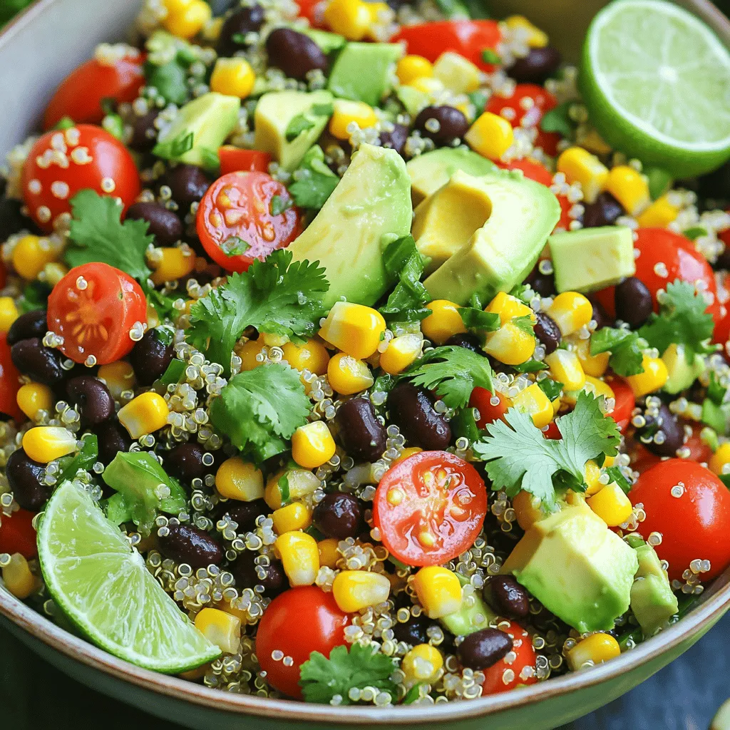 - Quinoa - Vegetables - Dressing Quinoa is the star of this salad. It is a tiny seed packed with protein. Next, we add colorful vegetables. Cherry tomatoes give sweetness. Black beans add more protein and fiber. Red bell pepper brings a nice crunch. Fresh corn adds sweetness, while red onion gives a zing. The dressing is simple but full of flavor. It uses lime juice, olive oil, and cumin. - Rinsed quinoa (1 cup) - Vegetable broth or water (2 cups) - Cherry tomatoes (1 cup, halved) - Black beans (1 cup, drained and rinsed) - Red bell pepper (1/2 cup, diced) - Corn kernels (1/2 cup) - Red onion (1/4 cup, finely chopped) - Fresh cilantro (1/2 cup, chopped) - Avocado (1, diced) - Lime juice (juice of 2 limes) - Olive oil (3 tablespoons) - Cumin powder (1 teaspoon) - Salt and pepper to taste I love using vegetable broth for cooking quinoa. It adds flavor. You can also use water if you prefer. Each ingredient plays its part in making this dish bright and tasty. Quinoa is a superfood. It is gluten-free and full of protein. One cup has about 8 grams of protein. It also has fiber, which helps digestion. The fresh veggies boost nutrients. They add vitamins, minerals, and antioxidants. Eating this salad supports a healthy diet. It keeps you full and satisfied. To start, rinse 1 cup of quinoa under cold water. This step helps remove the bitter coating called saponin. Next, place the rinsed quinoa in a medium saucepan with 2 cups of vegetable broth or water. Bring this mixture to a boil over medium heat. Once boiling, reduce the heat to low and cover the pot. Let it cook for about 15 minutes. The quinoa should be fluffy, and all the liquid must be absorbed. Remove it from the heat and allow it to cool for a few minutes. While the quinoa cools, grab a large mixing bowl. Add 1 cup of halved cherry tomatoes, 1 cup of drained and rinsed black beans, and 1/2 cup of diced red bell pepper. Toss in 1/2 cup of corn kernels, 1/4 cup of finely chopped red onion, and 1/2 cup of chopped fresh cilantro. Mix these vibrant ingredients to create a colorful base. Once the quinoa has cooled, gently fold it into the bowl with the vegetables. This adds heartiness and texture to your salad. For the dressing, you will need the juice of 2 limes, 3 tablespoons of olive oil, 1 teaspoon of cumin powder, and salt and pepper to taste. In a small bowl, whisk these ingredients together until they blend well. This dressing adds a zesty kick to your salad. Pour the dressing over the quinoa and vegetable mix. Toss everything gently to ensure every bite gets coated. Finally, fold in 1 diced avocado just before serving. This keeps the avocado fresh and intact. Enjoy your colorful, fresh cilantro lime quinoa salad! - Additional spices to try: Cumin adds warmth. Paprika offers smokiness. Try chili powder for heat. - Ideal seasoning tips: Always taste your salad before serving. Adjust salt and pepper to your liking. Add extra lime juice for more zest. - Plating suggestions: Use a large bowl for a vibrant display. Layer the ingredients for a colorful effect. - Garnishing with cilantro and lime: Top with fresh cilantro leaves. Add lime wedges for a pop of color and flavor. - Best pairings: This salad complements grilled chicken or shrimp well. Serve with fish tacos for a fresh twist. - Serving size options: This recipe serves 4-6 people. Adjust portions based on your needs. Serve as a side or main dish. {{image_2}} You can switch quinoa for brown rice or couscous. Both options work well. They add a nice texture and flavor. Try brown rice for a nutty taste. Couscous cooks faster and is easy to use. For veggies, you can mix and match. Use bell peppers, cucumbers, or even shredded carrots. Each veggie adds a unique crunch. If you want more greens, toss in some spinach or kale. This salad is great for vegans and vegetarians. All ingredients are plant-based, so anyone can enjoy it. You can also make it low-carb. Use cauliflower rice instead of quinoa. This change keeps it light without losing flavor. For a hearty meal, add grilled chicken or shrimp. This will make it filling and satisfying. Add fruits for a sweet twist. Mango or pineapple bring a tropical vibe. They make the salad refreshing and vibrant. Just chop them up and toss them in. Incorporating nuts or seeds makes the salad crunchy. Almonds, walnuts, or sunflower seeds are great options. They add healthy fats and protein. This makes the dish more filling and exciting to eat. To store leftover salad, place it in an airtight container. This keeps it fresh. Make sure to cool the salad first. I recommend using glass containers for easy stacking and quick access. They help you see what's inside. You can freeze this salad if you want to keep it longer. First, leave out the avocado. It does not freeze well. Store the salad in a freezer-safe bag. Remove all the air to prevent freezer burn. For thawing, move it to the fridge overnight. This keeps the taste and texture better. In the refrigerator, this salad lasts about three days. After that, check for signs of spoilage. Look for a sour smell or a change in color. If it looks slimy or off, it’s best to toss it. Enjoy your fresh and flavorful dish while it's still at its best! To make quinoa fluffy, rinse it well before cooking. Rinsing removes bitter saponins. Cook it in vegetable broth or water for added flavor. Bring the liquid to a boil over medium heat, then reduce to low. Cover it and let it cook for about 15 minutes. After cooking, let it sit for a few minutes before fluffing with a fork. Common mistakes include not rinsing the quinoa and using too much liquid. Using too much water can make it mushy instead of fluffy. Make sure to measure your liquid correctly for the best results. Yes, you can use canned beans in this salad. They are convenient and save time. Just make sure to drain and rinse them well to reduce sodium. For storage, keep any unused canned beans in an airtight container in the fridge. Alternative beans to consider include kidney beans, pinto beans, or chickpeas. Each will add a different flavor and texture to your salad. You can try different vinaigrette options. A basic mix of olive oil, lemon juice, and mustard works great. You can also add honey for a hint of sweetness. For creamy dressing alternatives, mix plain yogurt with lime juice and cilantro. Another option is to use avocado blended with olive oil and lime juice. These dressings add a rich flavor to your quinoa salad. In this blog post, we explored how to make a delicious quinoa salad. We covered the main ingredients, including quinoa, fresh veggies, and tasty dressing. You learned the right measurements and health benefits of each component. We also shared step-by-step instructions and helpful tips for enhancing flavor and presentation. Remember, you can adapt this recipe to your taste and dietary needs. Enjoy experimenting with different ingredients and flavors. Your quinoa salad can be a healthy and yummy addition to any meal!