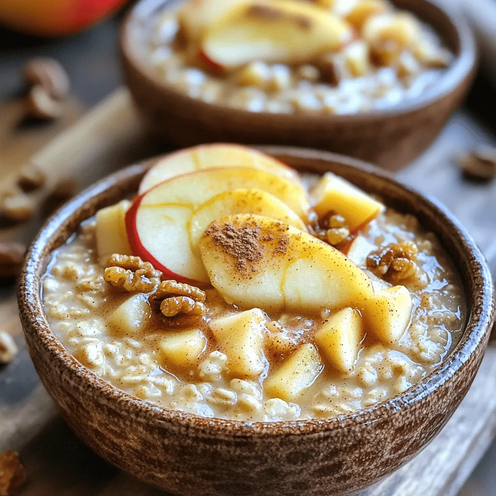 To make Slow Cooker Cinnamon Apple Steel Cut Oats, gather these key ingredients: - 1 cup steel cut oats - 4 cups water or almond milk - 2 apples, peeled and diced - 2 tablespoons brown sugar or maple syrup - 1 teaspoon ground cinnamon - 1/2 teaspoon nutmeg - 1/4 teaspoon salt These ingredients create a warm, hearty dish that warms your soul. You can customize your oats with some fun add-ins: - 1/4 cup chopped walnuts or pecans - 1/2 cup raisins or dried cranberries These add-ins give your oats a nice crunch and extra sweetness. For the best flavor, I recommend using: - Granny Smith apples for a tart taste - Honeycrisp apples for their sweetness Both types balance well with cinnamon and oats, giving a delightful bite. First, grease the inside of your slow cooker. Use a little butter or cooking spray. This helps prevent sticking. A well-greased cooker makes for an easy clean-up later. Next, combine all your ingredients in the slow cooker. Add 1 cup of steel cut oats and 4 cups of water or almond milk. Toss in 2 peeled and diced apples, 2 tablespoons of brown sugar or maple syrup, 1 teaspoon of cinnamon, 1/2 teaspoon of nutmeg, and 1/4 teaspoon of salt. Mix well so that all ingredients blend nicely. If you want more texture, add in 1/4 cup of chopped walnuts or pecans. You can also throw in 1/2 cup of raisins or dried cranberries if you like. Set your slow cooker to cook on low for 6-8 hours. If you are in a hurry, you can choose high for 3-4 hours. After cooking, stir the oats well before serving. This helps mix the flavors. Adjust the sweetness by adding more brown sugar or honey if you like it sweeter. To serve, spoon the oatmeal into bowls. Top with fresh apple slices, extra nuts, and a sprinkle of cinnamon for a tasty finish. You can change how sweet your oats taste. If you like them sweeter, add more brown sugar or a touch of honey. For a healthier choice, maple syrup works great too. Taste the oats before serving. This way, you can find the right balance for you. To make your oats more interesting, think about adding nuts. Chopped walnuts or pecans add a nice crunch. You can also mix in some raisins or dried cranberries for extra chewiness. Adding these after mixing in the main ingredients gives a fun texture twist. When serving your oats, think about presentation. Use nice bowls that make the dish look appealing. Top with fresh apple slices and a sprinkle of cinnamon. You could add a dollop of yogurt for creaminess. This not only looks good but tastes great too! {{image_2}} You can change the flavor of your oats easily. Try adding different spices for a new twist. Instead of cinnamon, use cardamom for a warm, sweet taste. Ginger can add a nice kick, too. For a fall flavor, use pumpkin spice. You can also mix in some vanilla extract for extra sweetness. If you need a dairy-free option, use almond milk or oat milk. These alternatives work well and keep the oats creamy. For a lower sugar option, swap out brown sugar for mashed ripe bananas or a touch of honey. If you want more protein, add in some Greek yogurt when serving. Make breakfast easy by prepping your oats in advance. You can cook a big batch and store it in the fridge. It will last for about a week. Just reheat portions in the microwave when you are ready to eat. You can also freeze individual servings. This way, you have a quick meal ready to go. Store your Slow Cooker Cinnamon Apple Steel Cut Oats in an airtight container. Let them cool first. In the fridge, they stay fresh for up to five days. Just scoop out what you need for breakfast. You can freeze the oats for later use. Portion them into freezer-safe containers. They can last for up to three months in the freezer. When you are ready to eat, just thaw in the fridge overnight. Reheat the oats on the stove or in the microwave. If they seem dry, add a little water or almond milk. Heat until warm, stirring well. Enjoy your cozy bowl just like the first day! Slow cooker cinnamon apple steel cut oats last about 4 to 5 days in the fridge. Store them in an airtight container to keep them fresh. You can reheat them on the stove or in the microwave. Just add a splash of water or milk to help them get creamy again. I do not recommend using quick oats for this recipe. Quick oats cook much faster and have a softer texture. Steel cut oats give a chewy bite that adds to the dish. If you want quick oats, adjust the cooking time and liquid amount, but the dish will taste different. There are many fun toppings you can try! Here are a few ideas: - Fresh apple slices - Chopped nuts like walnuts or pecans - Raisins or dried cranberries - A drizzle of honey or maple syrup - A sprinkle of extra cinnamon Feel free to mix and match! In this blog post, I covered how to make Slow Cooker Cinnamon Apple Steel Cut Oats. First, we explored the essential ingredients and optional add-ins to enhance flavor. Next, I provided step-by-step instructions for preparing, combining, and cooking the oats. I shared tips to adjust sweetness, improve texture, and suggested ways to serve. I also included tasty variations you can try. Finally, I discussed storage tips for leftovers and answered common questions. With this guide, you can create a delicious, hearty meal that keeps on giving. Enjoy making your own cozy bowl of oats!