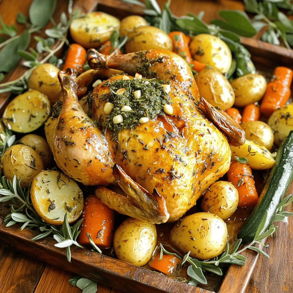 For this dish, you need a few key items. Here’s what to gather: - 1 whole chicken (about 4-5 lbs) - 1/4 cup olive oil - 8 cloves garlic, minced - 2 tablespoons fresh rosemary, chopped - 2 tablespoons fresh thyme, chopped - 1 tablespoon fresh sage, chopped - 1 lemon, zested and juiced - Salt and black pepper to taste - 1 cup chicken broth This simple mix of ingredients brings rich flavors to your meal. The whole chicken serves as the star, while garlic and herbs add that special touch. Herbs are crucial for flavor. I love using fresh rosemary, thyme, and sage. Each herb gives a unique taste. Rosemary adds a piney note, thyme brings earthiness, and sage lends warmth. The minced garlic boosts the aroma, making your kitchen smell heavenly. Always use fresh herbs when possible. They elevate the dish and make it pop. You can make this meal even better with extras. I suggest adding: - 1 cup baby potatoes - 2 cups seasonal vegetables (like carrots and zucchini) These veggies roast beautifully in the same pan. They soak up all the chicken's juices, making them tasty and soft. Plus, they add color to your plate! You can use any vegetables you have on hand for variety. Start by preheating your oven to 425°F (220°C). This high heat helps the skin get crispy. Next, take your whole chicken and pat it dry with paper towels. This step is key for a crispy finish. Now, carefully loosen the skin over the chicken breast and thighs. Use your fingers to make space without tearing the skin. This allows the flavors from the herb paste to seep in. In a small bowl, mix together the olive oil, minced garlic, rosemary, thyme, sage, lemon zest, lemon juice, salt, and pepper. Stir until it forms a smooth paste. This herb paste brings amazing flavor to your chicken. Use half of this mixture under the skin, focusing on the breast and thighs. Then, use the rest to coat the outside of the chicken. If you want to add vegetables, scatter baby potatoes and seasonal veggies in the bottom of a roasting pan. Place the chicken on top, breast side up. Pour one cup of chicken broth into the pan to help keep the chicken moist. Roast the chicken in your preheated oven for about 1 hour and 15 minutes. Use a meat thermometer to check that the internal temperature hits 165°F (75°C). The juices should run clear when you pierce the chicken. Halfway through cooking, baste the chicken with pan juices. This adds flavor and helps the skin brown. Once done, take the chicken out and let it rest for 10-15 minutes. This resting time helps keep the chicken juicy when you carve it. To get crispy skin, start with a dry chicken. Pat it dry with paper towels. This step is key. The drier the skin, the better it will crisp up. Next, rub olive oil all over the skin. This helps it brown nicely. Season well with salt and pepper. High heat is your friend here. Roast at 425°F (220°C) for the best results. Basting the chicken halfway through helps keep it moist. Fresh herbs make a big difference in flavor. I like rosemary, thyme, and sage. They add depth and aroma. You can mix these herbs into a paste with garlic and lemon. This paste goes under the skin and all over the chicken. For a twist, try adding tarragon or parsley. Each herb brings its own unique taste to the dish. Timing is crucial for juicy chicken. Roast for about 1 hour and 15 minutes. Use a meat thermometer to check the inside temperature. It should reach 165°F (75°C). This ensures it’s safely cooked. Let the chicken rest for 10-15 minutes after cooking. Resting allows the juices to settle back into the meat. This gives you a juicier bite every time. {{image_2}} To give this chicken a kick, add some heat! Mix in red pepper flakes with the herb paste. You can use about 1 teaspoon. This spice will make the chicken lively and bold. The flavors blend well with the garlic and herbs. It’s perfect for those who love a bit of fire in their meal. For a fresh twist, use citrus fruits. Replace lemon with orange or add both! Zest and juice the fruits, then mix them into the herb paste. The sweet and tangy flavors will brighten the dish. You can even add sliced oranges or lemons around the chicken before roasting. This adds a lovely aroma and taste. Want to take it up a notch? Try stuffing the chicken! Use a mix of bread, herbs, and any leftover vegetables. Place the stuffing inside the chicken before roasting. This keeps it moist and adds more flavors. Just make sure the stuffing reaches 165°F (75°C) to be safe to eat. This variation makes an impressive meal for any gathering. After enjoying your garlic herb roasted chicken, let it cool down. Place leftovers in an airtight container. Store it in the fridge for up to four days. If you used any veggies, eat them within the same time. Always check for any off smells or changes in color before eating. When reheating, keep the chicken moist. You can use the oven or microwave. If using the oven, set it to 350°F (175°C). Cover the chicken with foil to trap steam. Heat for about 20 minutes, or until warm. For the microwave, place the chicken on a plate. Cover it with a damp paper towel. Heat in short bursts, checking often to avoid drying it out. To freeze, first let the chicken cool completely. Cut it into pieces for easy use later. Wrap each piece tightly in plastic wrap, then place in a freezer bag. Label the bag with the date. You can store it in the freezer for up to three months. When ready to eat, thaw it overnight in the fridge, then reheat as needed. Roasting a chicken takes about 1 hour and 15 minutes. This time can vary based on the size of the chicken. A 4-5 pound chicken will cook well in this time. Use a meat thermometer to check for doneness. Yes, you can use dried herbs. Use about one-third of the amount of dried herbs. Dried herbs are less strong than fresh ones. So, adjust the quantity to taste. The chicken should reach an internal temperature of 165°F (75°C). This ensures it is safe to eat. A meat thermometer is the best tool for this check. You can check if the chicken is done by looking at the juices. If the juices run clear when pierced, the chicken is ready. You can also check the internal temperature with a meat thermometer. Yes, you can cook this dish in a slow cooker. Set the slow cooker on low for 6-8 hours. This method keeps the chicken moist and tender. Just follow the same steps for seasoning. This blog post outlined how to make garlic herb roasted chicken. We went over the main ingredients, step-by-step instructions, and tips for crispy skin. I shared tasty variations and storage tips for your leftovers. In summary, this dish is simple and packed with flavor. You can try different herbs or add sides to make it your own. Now, you have the skills to impress at dinner. Enjoy your cooking and savor every bite!