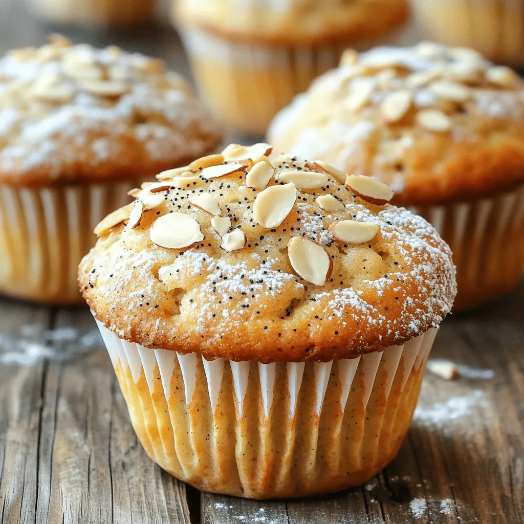 To make bakery-style almond poppy seed muffins, you will need: - 1 cup all-purpose flour - 1/2 cup almond flour - 1/2 cup granulated sugar - 1/2 teaspoon baking powder - 1/2 teaspoon baking soda - 1/4 teaspoon salt - 2 tablespoons poppy seeds - 1/2 cup unsalted butter, melted - 2 large eggs - 1 teaspoon vanilla extract - 1/2 cup buttermilk - 1/4 teaspoon almond extract - Sliced almonds for topping You can swap some ingredients if needed: - Use whole wheat flour instead of all-purpose flour for more fiber. - Coconut flour can replace almond flour for a gluten-free option. - If you want less sugar, use honey or maple syrup, adjusting the liquid. - Yogurt can stand in for buttermilk; just thin it with a bit of water. - For a nut-free option, skip the almond extract and topping. Fresh ingredients make a big difference. - Use fresh eggs for better rise and texture. - Check the expiration dates on baking powder and soda. Old ingredients can ruin your muffins. - Opt for high-quality almond extract for a richer flavor. - When using sliced almonds, choose ones that are fresh and crunchy for the best topping. Choosing quality ingredients will enhance your muffins' taste and texture. First, preheat your oven to 350°F (175°C). This helps the muffins bake evenly. Next, line a muffin tin with paper liners or grease it with cooking spray. This step keeps the muffins from sticking and makes cleanup easy. In a mixing bowl, add these dry ingredients: - 1 cup all-purpose flour - 1/2 cup almond flour - 1/2 cup granulated sugar - 1/2 teaspoon baking powder - 1/2 teaspoon baking soda - 1/4 teaspoon salt - 2 tablespoons poppy seeds Whisk these together until they blend well. This step ensures an even rise and flavor throughout the muffins. In another bowl, combine these wet ingredients: - 1/2 cup unsalted butter, melted - 2 large eggs - 1 teaspoon vanilla extract - 1/2 cup buttermilk - 1/4 teaspoon almond extract Whisk these until smooth. This mixture adds moisture and richness to the muffins. Now, gently pour the wet ingredients into the dry ingredients. Stir with a spatula just until mixed. It's okay if there are a few lumps. Over-mixing can make the muffins tough, so be gentle. Divide the batter evenly among the muffin cups, filling each about 2/3 full. This allows room for the muffins to rise. Sprinkle sliced almonds on top for extra crunch. Bake in the oven for 18-20 minutes. Check doneness with a toothpick. If it comes out clean, they’re ready. Once baked, remove the muffins from the oven. Let them cool in the pan for 5 minutes. Then, transfer them to a wire rack to cool completely. For a special touch, dust with powdered sugar or serve with a dollop of whipped cream. Enjoy your tasty muffins! To get soft and fluffy muffins, do not over-mix the batter. Mix just until you see no dry flour. This keeps the muffins light. Also, make sure your butter is melted but not hot. Hot butter can cook the eggs. Let the mixture cool slightly before adding eggs. Finally, fill the muffin cups about two-thirds full. This allows room for rising. One mistake is using cold eggs and butter. Room temperature ingredients mix better. Another mistake is baking for too long. Keep an eye on the muffins. Use a toothpick to check doneness. If it comes out clean, they are ready. Lastly, avoid skipping the almond extract. It adds a lovely flavor that makes the muffins special. Always use fresh ingredients for the best taste. Check your baking powder and soda. If they are old, the muffins may not rise well. Use fresh poppy seeds, too. They should have a nice, nutty smell. Fresh almond flour will give a better texture. If you can, use homemade buttermilk. Just mix milk with a splash of vinegar and let it sit for 5 minutes. {{image_2}} You can make gluten-free almond poppy seed muffins. Use a gluten-free flour blend instead of all-purpose flour. Mix it well with almond flour, sugar, baking powder, baking soda, and salt. This blend works great and gives you a nice texture. The rest of the recipe stays the same. You will still enjoy the great almond flavor and poppy seeds. Want to add a twist? Toss in some fruit or chocolate chunks. Blueberries or raspberries add a fruity burst. They bring moisture and sweetness. If you like chocolate, use dark or milk chocolate chunks. Mix them in gently with your batter. This extra flavor makes your muffins even more fun. Toppings can take your muffins to the next level. Instead of sliced almonds, try using chopped walnuts or pecans. They add crunch and nutty flavors. You can also sprinkle some coarse sugar on top. This gives a sweet, crispy crust. For a bit of zest, add lemon or orange zest to the batter. It brightens the flavor and adds a fresh note. To keep your muffins fresh, store them in an airtight container. Place parchment paper between layers to avoid sticking. They stay good at room temperature for up to three days. If you want them to last longer, refrigerate them in the same container. This helps keep them moist and tasty. Freezing muffins is a great way to save them for later. Make sure they cool completely first. Wrap each muffin tightly in plastic wrap. Place the wrapped muffins in a freezer bag, removing as much air as possible. They can stay frozen for up to three months. When you’re ready, just thaw them in the fridge or at room temperature. Reheating muffins is easy and quick. For the best results, use an oven. Preheat it to 350°F (175°C). Place the muffin on a baking sheet and heat for about 5-10 minutes. You can also microwave a muffin for 15-20 seconds. This warms it up nicely and keeps it soft. Enjoy your warm, fresh-tasting muffins! Yes, you can use other nuts like walnuts or hazelnuts. Simply replace almonds with the same amount of your chosen nut. Chop the nuts into small pieces for the best texture. This change will add new flavors and crunch to your muffins. To make these muffins vegan, substitute eggs with flax eggs or applesauce. Use plant-based butter or coconut oil instead of unsalted butter. Replace buttermilk with almond milk mixed with a bit of vinegar. These swaps keep the muffins tasty and moist. The best way is to use paper liners. Choose good-quality liners that fit snugly in the tin. If you prefer not to use liners, grease the tin well with cooking spray or butter. This helps the muffins release easily after baking. Absolutely! Doubling the recipe is easy. Just multiply each ingredient by two. Use two muffin tins to bake them all at once. Keep an eye on the baking time, as it may vary slightly with more batter. Muffins can last about 2 to 3 days at room temperature. Store them in an airtight container to keep them fresh. If they start to dry out, you can warm them slightly in the microwave for a soft treat. We explored key ingredients and provided easy substitutes for your muffins. I shared step-by-step instructions to ensure your baking goes smoothly. You now know how to achieve the perfect muffin texture and avoid common mistakes. Try fun variations to suit your taste, and follow my storage tips for freshness. Muffins are tasty and fun to make, so enjoy every bite and get creative! You now have the tools to bake delicious muffins that everyone will love. Happy baking!