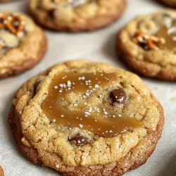 To make these tasty cookies, gather the following ingredients: - 1 cup unsalted butter, softened - 1 cup brown sugar, packed - 1/2 cup granulated sugar - 2 large eggs - 2 teaspoons vanilla extract - 2 1/2 cups all-purpose flour - 1 teaspoon baking soda - 1/2 teaspoon salt - 1 cup crushed pretzels - 1 cup semi-sweet chocolate chips - 1/2 cup caramel sauce (store-bought or homemade) - Flaky sea salt, for sprinkling You can add a personal touch to your cookies with these options: - Chopped nuts like pecans or walnuts for extra crunch - Different types of chocolate, like milk or dark chocolate - White chocolate chips for a sweeter flavor - A sprinkle of cinnamon for a warm spice If you have dietary needs, try these swaps: - Use coconut oil instead of unsalted butter for a dairy-free option - Replace all-purpose flour with almond flour for a gluten-free version - Use flax eggs (1 tablespoon ground flaxseed + 2.5 tablespoons water) in place of eggs - Substitute agave syrup for brown sugar for a lower-glycemic sweetener These ingredients will help you create delicious Salted Caramel Pretzel Cookies with ease. Adjust them to fit your taste and needs! First, preheat your oven to 350°F (175°C). Line two baking sheets with parchment paper. This helps cookies bake evenly and makes cleanup easy. In a large bowl, mix 1 cup of softened unsalted butter with 1 cup of packed brown sugar and 1/2 cup of granulated sugar. Beat them together until the mix is light and fluffy. Next, add 2 large eggs, one at a time. Mix well after adding each egg. Stir in 2 teaspoons of vanilla extract for flavor. In another bowl, whisk 2 1/2 cups of all-purpose flour, 1 teaspoon of baking soda, and 1/2 teaspoon of salt. Slowly add this dry mix to your wet ingredients. Combine until just mixed, so the dough stays soft. Now it’s time to add the fun stuff! Fold in 1 cup of crushed pretzels and 1 cup of semi-sweet chocolate chips. Make sure they spread out evenly in the dough. Using a cookie scoop or a tablespoon, drop dough balls onto the prepared baking sheets. Leave space between each ball for spreading. Press a small indentation in the center of each cookie. Drizzle about 1 teaspoon of caramel sauce into this space. This will give you that sweet surprise when you bite in! Lightly sprinkle flaky sea salt over each cookie for that perfect sweet and salty balance. Bake the cookies in your preheated oven for 10-12 minutes. The edges should look golden, but the centers should still feel chewy. Once baked, let the cookies cool on the baking sheet for about 5 minutes. This helps them set properly. After that, transfer them to a wire rack to cool completely. These cookies are best enjoyed warm, but they taste great later too! Share them with friends or keep them all for yourself. To get cookies that are soft and chewy, use softened butter. Cream it well with the sugars until fluffy. This helps to create air pockets. Use the right flour too. All-purpose flour works best for a nice, chewy bite. Don’t overmix when adding the dry ingredients. Mix just until combined to keep the cookies tender. Use fresh eggs and real vanilla extract for the best taste. Adding a sprinkle of flaky sea salt on top of each cookie brings out the sweetness of the caramel. You can also add a touch of cinnamon or nutmeg to the dough for extra warmth. Play with the chocolate too. Dark chocolate adds a rich flavor contrast with the sweet caramel. Avoid using cold butter as it won’t cream well. This will lead to dense cookies. Don’t skip the chilling step if you find your dough too soft. Chill it for 30 minutes to help shape your cookies better. Also, watch the baking time closely. Overbaking will make them hard instead of chewy. Always let them cool slightly on the sheet before moving them to a rack. {{image_2}} You can make these cookies your own! Try adding chopped nuts like pecans or walnuts. They add a nice crunch and flavor. You can also swap out the semi-sweet chocolate chips for milk chocolate or dark chocolate. Each choice brings a new twist to the cookie. Want to go gluten-free? You can use a gluten-free all-purpose flour blend. This will work well in the recipe. Just make sure it has a good mix of flours for the best texture. The cookies will still taste great with the salted caramel and pretzel crunch. Seasonal flavors can make these cookies special. For fall, add pumpkin spice to the dough for a warm, cozy taste. You can use pumpkin pie spice or a mix of cinnamon, nutmeg, and ginger. For winter, crushed peppermint candies can give a festive touch. Just sprinkle them on top before baking for a fun holiday treat. To keep your Salted Caramel Pretzel Cookies fresh, store them in an airtight container. This helps prevent them from drying out or becoming too soft. You can use a cookie jar or a plastic container with a tight lid. Place parchment paper between layers of cookies to avoid sticking. Store them at room temperature for the best results. You can freeze these cookies for later enjoyment. First, let the cookies cool completely. Then, place them in a single layer on a baking sheet. Freeze them for about an hour. After that, transfer the cookies to a freezer-safe bag or container. Be sure to label the bag with the date. They can stay fresh in the freezer for up to three months. When stored properly, these cookies can last about one week at room temperature. If you freeze them, they are best enjoyed within three months for the best taste. Over time, the cookies may lose some of their crunch, but they will still be delicious. Enjoy them fresh out of the oven or thawed from the freezer! To make Salted Caramel Pretzel Cookies from scratch, you start by gathering your ingredients. You will need: - 1 cup unsalted butter, softened - 1 cup brown sugar, packed - 1/2 cup granulated sugar - 2 large eggs - 2 teaspoons vanilla extract - 2 1/2 cups all-purpose flour - 1 teaspoon baking soda - 1/2 teaspoon salt - 1 cup crushed pretzels - 1 cup semi-sweet chocolate chips - 1/2 cup caramel sauce (store-bought or homemade) - Flaky sea salt, for sprinkling Preheat your oven to 350°F (175°C). Then, cream the butter with both sugars until fluffy. Add the eggs one by one, mixing well. Stir in the vanilla extract. In another bowl, whisk the flour, baking soda, and salt. Gradually mix the dry ingredients with the wet ingredients. Fold in the crushed pretzels and chocolate chips. Scoop the dough onto baking sheets. Make a small dent in each ball and add caramel sauce. Sprinkle flaky salt on top. Bake for 10-12 minutes, then cool before serving. Yes, you can use store-bought cookie dough for a quicker option. Choose a plain or chocolate chip dough. This saves time but may not have the same flavor as homemade dough. If you want to add the pretzels and caramel, mix in crushed pretzels and drizzle caramel sauce on top before baking. This adds that crunchy and sweet element you want. You can find pre-made Salted Caramel Pretzel Cookies at many local bakeries or specialty shops. Grocery stores may also carry them in the cookie aisle. For a wider selection, check online. Websites like Amazon or specialty food sites often sell them. When buying, read reviews to find the best options. You now have all the steps to make Salted Caramel Pretzel Cookies. Remember to follow the ingredient list closely for the best results. Use the tips and tricks to avoid common mistakes, and feel free to customize your cookies to fit your tastes. Keep your cookies fresh with proper storage methods. Whether baking for yourself or sharing with friends, these cookies will impress. Enjoy the sweet and salty flavors that make them special!