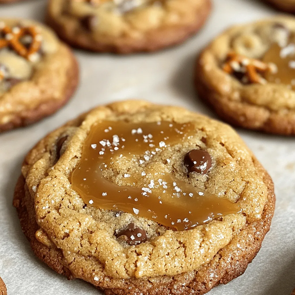 To make these tasty cookies, gather the following ingredients: - 1 cup unsalted butter, softened - 1 cup brown sugar, packed - 1/2 cup granulated sugar - 2 large eggs - 2 teaspoons vanilla extract - 2 1/2 cups all-purpose flour - 1 teaspoon baking soda - 1/2 teaspoon salt - 1 cup crushed pretzels - 1 cup semi-sweet chocolate chips - 1/2 cup caramel sauce (store-bought or homemade) - Flaky sea salt, for sprinkling You can add a personal touch to your cookies with these options: - Chopped nuts like pecans or walnuts for extra crunch - Different types of chocolate, like milk or dark chocolate - White chocolate chips for a sweeter flavor - A sprinkle of cinnamon for a warm spice If you have dietary needs, try these swaps: - Use coconut oil instead of unsalted butter for a dairy-free option - Replace all-purpose flour with almond flour for a gluten-free version - Use flax eggs (1 tablespoon ground flaxseed + 2.5 tablespoons water) in place of eggs - Substitute agave syrup for brown sugar for a lower-glycemic sweetener These ingredients will help you create delicious Salted Caramel Pretzel Cookies with ease. Adjust them to fit your taste and needs! First, preheat your oven to 350°F (175°C). Line two baking sheets with parchment paper. This helps cookies bake evenly and makes cleanup easy. In a large bowl, mix 1 cup of softened unsalted butter with 1 cup of packed brown sugar and 1/2 cup of granulated sugar. Beat them together until the mix is light and fluffy. Next, add 2 large eggs, one at a time. Mix well after adding each egg. Stir in 2 teaspoons of vanilla extract for flavor. In another bowl, whisk 2 1/2 cups of all-purpose flour, 1 teaspoon of baking soda, and 1/2 teaspoon of salt. Slowly add this dry mix to your wet ingredients. Combine until just mixed, so the dough stays soft. Now it’s time to add the fun stuff! Fold in 1 cup of crushed pretzels and 1 cup of semi-sweet chocolate chips. Make sure they spread out evenly in the dough. Using a cookie scoop or a tablespoon, drop dough balls onto the prepared baking sheets. Leave space between each ball for spreading. Press a small indentation in the center of each cookie. Drizzle about 1 teaspoon of caramel sauce into this space. This will give you that sweet surprise when you bite in! Lightly sprinkle flaky sea salt over each cookie for that perfect sweet and salty balance. Bake the cookies in your preheated oven for 10-12 minutes. The edges should look golden, but the centers should still feel chewy. Once baked, let the cookies cool on the baking sheet for about 5 minutes. This helps them set properly. After that, transfer them to a wire rack to cool completely. These cookies are best enjoyed warm, but they taste great later too! Share them with friends or keep them all for yourself. To get cookies that are soft and chewy, use softened butter. Cream it well with the sugars until fluffy. This helps to create air pockets. Use the right flour too. All-purpose flour works best for a nice, chewy bite. Don’t overmix when adding the dry ingredients. Mix just until combined to keep the cookies tender. Use fresh eggs and real vanilla extract for the best taste. Adding a sprinkle of flaky sea salt on top of each cookie brings out the sweetness of the caramel. You can also add a touch of cinnamon or nutmeg to the dough for extra warmth. Play with the chocolate too. Dark chocolate adds a rich flavor contrast with the sweet caramel. Avoid using cold butter as it won’t cream well. This will lead to dense cookies. Don’t skip the chilling step if you find your dough too soft. Chill it for 30 minutes to help shape your cookies better. Also, watch the baking time closely. Overbaking will make them hard instead of chewy. Always let them cool slightly on the sheet before moving them to a rack. {{image_2}} You can make these cookies your own! Try adding chopped nuts like pecans or walnuts. They add a nice crunch and flavor. You can also swap out the semi-sweet chocolate chips for milk chocolate or dark chocolate. Each choice brings a new twist to the cookie. Want to go gluten-free? You can use a gluten-free all-purpose flour blend. This will work well in the recipe. Just make sure it has a good mix of flours for the best texture. The cookies will still taste great with the salted caramel and pretzel crunch. Seasonal flavors can make these cookies special. For fall, add pumpkin spice to the dough for a warm, cozy taste. You can use pumpkin pie spice or a mix of cinnamon, nutmeg, and ginger. For winter, crushed peppermint candies can give a festive touch. Just sprinkle them on top before baking for a fun holiday treat. To keep your Salted Caramel Pretzel Cookies fresh, store them in an airtight container. This helps prevent them from drying out or becoming too soft. You can use a cookie jar or a plastic container with a tight lid. Place parchment paper between layers of cookies to avoid sticking. Store them at room temperature for the best results. You can freeze these cookies for later enjoyment. First, let the cookies cool completely. Then, place them in a single layer on a baking sheet. Freeze them for about an hour. After that, transfer the cookies to a freezer-safe bag or container. Be sure to label the bag with the date. They can stay fresh in the freezer for up to three months. When stored properly, these cookies can last about one week at room temperature. If you freeze them, they are best enjoyed within three months for the best taste. Over time, the cookies may lose some of their crunch, but they will still be delicious. Enjoy them fresh out of the oven or thawed from the freezer! To make Salted Caramel Pretzel Cookies from scratch, you start by gathering your ingredients. You will need: - 1 cup unsalted butter, softened - 1 cup brown sugar, packed - 1/2 cup granulated sugar - 2 large eggs - 2 teaspoons vanilla extract - 2 1/2 cups all-purpose flour - 1 teaspoon baking soda - 1/2 teaspoon salt - 1 cup crushed pretzels - 1 cup semi-sweet chocolate chips - 1/2 cup caramel sauce (store-bought or homemade) - Flaky sea salt, for sprinkling Preheat your oven to 350°F (175°C). Then, cream the butter with both sugars until fluffy. Add the eggs one by one, mixing well. Stir in the vanilla extract. In another bowl, whisk the flour, baking soda, and salt. Gradually mix the dry ingredients with the wet ingredients. Fold in the crushed pretzels and chocolate chips. Scoop the dough onto baking sheets. Make a small dent in each ball and add caramel sauce. Sprinkle flaky salt on top. Bake for 10-12 minutes, then cool before serving. Yes, you can use store-bought cookie dough for a quicker option. Choose a plain or chocolate chip dough. This saves time but may not have the same flavor as homemade dough. If you want to add the pretzels and caramel, mix in crushed pretzels and drizzle caramel sauce on top before baking. This adds that crunchy and sweet element you want. You can find pre-made Salted Caramel Pretzel Cookies at many local bakeries or specialty shops. Grocery stores may also carry them in the cookie aisle. For a wider selection, check online. Websites like Amazon or specialty food sites often sell them. When buying, read reviews to find the best options. You now have all the steps to make Salted Caramel Pretzel Cookies. Remember to follow the ingredient list closely for the best results. Use the tips and tricks to avoid common mistakes, and feel free to customize your cookies to fit your tastes. Keep your cookies fresh with proper storage methods. Whether baking for yourself or sharing with friends, these cookies will impress. Enjoy the sweet and salty flavors that make them special!