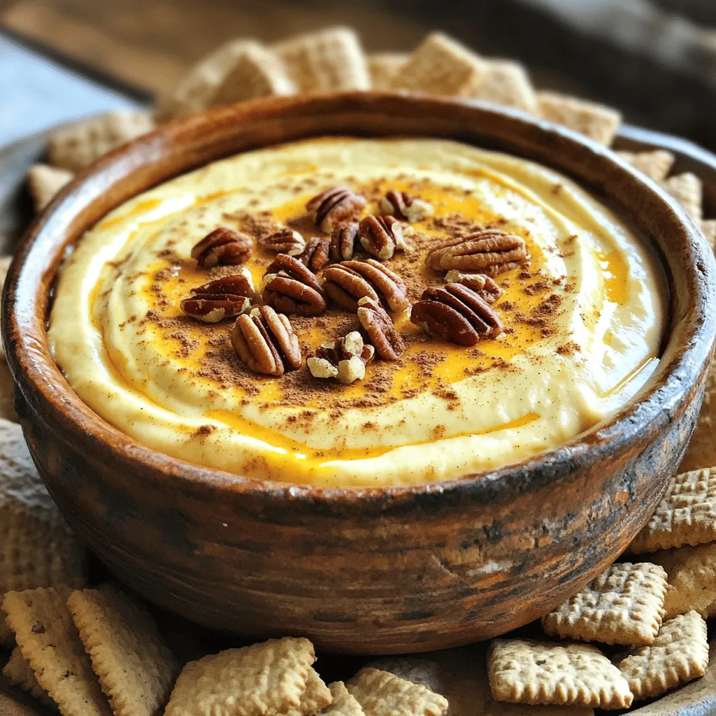 For this tasty dip, you will need: - 8 oz cream cheese, softened - 1 cup powdered sugar - 1 cup pumpkin puree - 1 teaspoon vanilla extract - 1 teaspoon pumpkin pie spice - 1/2 teaspoon cinnamon - 1 cup whipped cream - Gingersnap cookies or graham crackers, for dipping - Chopped pecans or walnuts for garnish (optional) - Cream Cheese: This gives the dip its rich, creamy base. Make sure it’s softened for easy mixing. - Pumpkin Puree: This adds the lovely pumpkin flavor and color. Canned puree works great! - Powdered Sugar: It sweetens the dip without making it grainy. You want a smooth texture. - Pumpkin Pie Spice: This blend gives the dip that warm, cozy flavor we all love. - Whipped Cream: This lightens the dip, making it fluffy and delightful. I love serving this dip with: - Gingersnap Cookies: Their spicy crunch pairs perfectly with the sweet dip. - Graham Crackers: These add a nice, classic touch. - Apple Slices: For a fresh and crispy option, try thin apple slices! - Pretzels: These give a salty contrast to the sweet dip. - Vanilla Wafers: These are soft and sweet, making them a great match. Feel free to mix and match your dipping options! Each brings a new flavor and fun. To start, gather your ingredients. You need: - 8 oz cream cheese, softened - 1 cup powdered sugar - 1 cup pumpkin puree - 1 teaspoon vanilla extract - 1 teaspoon pumpkin pie spice - 1/2 teaspoon cinnamon - 1 cup whipped cream - Gingersnap cookies or graham crackers for dipping - Chopped pecans or walnuts for garnish (optional) In a mixing bowl, combine the softened cream cheese and powdered sugar. Use a hand mixer or stand mixer on medium speed. Mix until the texture is smooth and creamy. This step is key for a great base. Next, add the pumpkin puree, vanilla extract, pumpkin pie spice, and cinnamon to the bowl. Beat the mixture well until there are no lumps. This ensures the spices blend nicely into the cream cheese. After mixing the base, gently fold in the whipped cream. Use a spatula to keep the dip light and fluffy. Make sure to keep some air in the dip. This will give it a nice texture. Avoid over-mixing at this step. Now, transfer the pumpkin spice cheesecake dip to a serving bowl. You can sprinkle chopped pecans or walnuts on top for extra crunch. For a great presentation, arrange gingersnap cookies or graham crackers around the bowl. You can add a cinnamon stick or a light dusting of pumpkin pie spice on top. This adds a festive touch to your dip. Enjoy! To get the best texture for your dip, start with softened cream cheese. This makes mixing easy and smooth. Use a hand mixer or stand mixer to blend the cream cheese and powdered sugar well. Mix until it is creamy with no lumps. When you add the whipped cream, fold it gently. This keeps the dip light and fluffy. If you mix too hard, the dip can become dense. Want to boost the flavor? You can add more spices! Try using an extra half teaspoon of cinnamon or a pinch of nutmeg. If you love sweet dips, add a bit more powdered sugar. For a touch of zest, mix in a squeeze of fresh lemon juice. This will brighten the flavors and make your dip even tastier. Presentation matters! Serve your dip in a nice bowl. Arrange gingersnap cookies or graham crackers around it for a fun look. For a festive touch, sprinkle chopped nuts on top. You can also add a cinnamon stick for decoration. A light dusting of pumpkin pie spice will make it look inviting and delicious. {{image_2}} You can easily change the flavor of your pumpkin spice cheesecake dip. Try adding a splash of maple syrup for a sweet twist. This adds a rich, warm flavor to your dip. You can also mix in some apple pie spice for a fall-inspired touch. If you want a chocolate kick, stir in some cocoa powder. Each option creates a unique dip that suits different tastes. If you need a dairy-free option, use vegan cream cheese instead of regular cream cheese. This keeps the dip creamy while being kind to your diet. For a lighter version, swap half of the cream cheese with Greek yogurt. This gives you a tasty dip with fewer calories. You can also use coconut whipped cream to replace regular whipped cream for a fun twist. When serving your dip, think beyond just cookies. Fresh apple slices pair well. They add a crunchy contrast to the creamy dip. Pretzels bring a salty bite that works great too. For a festive look, use a mix of gingersnap cookies and graham crackers. Arrange them around the bowl for a fun display. You can even add a cinnamon stick for a cozy touch. Each pairing enhances the flavor and makes your dip even more enjoyable. To store leftovers of your pumpkin spice cheesecake dip, place it in an airtight container. This keeps the dip fresh and prevents it from absorbing other smells in your fridge. Make sure to cover the dip with plastic wrap before sealing the container. This extra layer helps keep it creamy. You can freeze this dip if you want to save some for later. Use a freezer-safe container and leave some space at the top. The dip may expand as it freezes. When you're ready to eat it, thaw it in the fridge overnight. Stir it well after thawing to restore its creamy texture. To keep your dip fresh, always use clean utensils when serving. This practice helps avoid bacteria getting into the dip. If you notice the dip getting watery, gently mix it before serving. Adding a little more whipped cream can also help revive its fluffy texture. Yes, you can make this dip ahead of time. Prepare it a day before serving. Store it in the fridge in an airtight container. This helps flavors blend well. Just remember to stir it before serving. The dip lasts about 3 to 5 days in the fridge. Store it properly to keep it fresh. If you notice any changes in smell or color, it’s best to toss it. You can use mascarpone cheese as a tasty alternative. Greek yogurt is another option. It gives a nice tangy flavor. Just keep in mind that the texture may change a bit. Yes, this recipe can suit gluten-free diets. Just choose gluten-free gingersnap cookies or graham crackers for dipping. Always check the labels to ensure they are certified gluten-free. You can use fresh pumpkin, but it requires more work. First, you must cook and puree the pumpkin. Make sure the puree is smooth and not watery. Canned pumpkin puree is often easier and quicker, but fresh adds great flavor. This article explored the key ingredients and steps to make a tasty dip. We discussed how to prepare, mix, and serve for the best outcome. Tips helped you achieve perfect texture and enhance flavors. Variations allow you to customize this dip for any season or diet. Lastly, we covered storage and answered common questions, ensuring your dip stays fresh and enjoyable. Enjoy making this dip your own and sharing it with others!