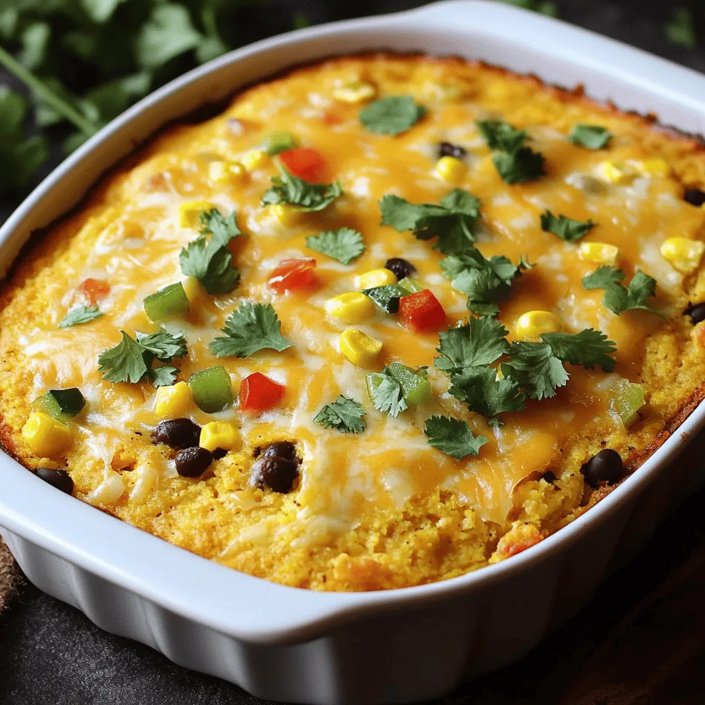 To make Cheesy Mexican Cornbread Casserole, you need simple and fresh ingredients. Here’s the full list: - 1 box cornbread mix (8.5 oz) - 1 cup sweet corn (canned or frozen) - 1 cup shredded cheddar cheese - 1 cup diced bell peppers (mixed colors) - ½ cup diced red onion - 1 can black beans (15 oz), drained and rinsed - 1 teaspoon cumin - 1 teaspoon chili powder - ½ teaspoon garlic powder - 2 large eggs - ¾ cup milk - Salt and pepper to taste - Fresh cilantro for garnish These ingredients come together to create a dish that bursts with flavor. The cornbread mix serves as the base. Sweet corn adds a touch of sweetness. The cheddar cheese brings a creamy, rich taste. Bell peppers and red onion add color and crunch. Black beans boost protein and heartiness. Cumin and chili powder give it a warm, spicy kick. The eggs and milk help bind everything together, making it fluffy. You can also adjust the ingredients based on what you have. If you like different beans or peppers, feel free to swap them. This recipe is flexible, making it fun to make! - Preheating the oven Set your oven to 400°F (200°C). This temperature is perfect for baking the casserole. Make sure it’s fully preheated before you put in the dish. - Greasing the baking dish Grab a 9x13 inch baking dish. Use cooking spray or butter to grease it. This helps the casserole not stick to the pan. - Combining dry and wet ingredients In a large bowl, mix the cornbread mix, sweet corn, and half of the cheddar cheese. Add the diced bell peppers, red onion, black beans, cumin, chili powder, garlic powder, eggs, and milk. Stir well until everything is just combined. Don’t overmix, or it won’t be fluffy! - Incorporating vegetables and beans Now, fold in the vegetables and beans. They add great flavor and texture. Make sure they are evenly spread throughout the mix. - Pouring mixture into the baking dish Carefully pour the mixture into your greased baking dish. Use a spatula to spread it out evenly. This helps all parts cook nicely. - Topping with cheese Sprinkle the remaining cheddar cheese over the mixture. This will melt and create a tasty, cheesy top. - Baking time and checking for doneness Place the dish in the preheated oven. Bake for 25-30 minutes. Check if it’s done by inserting a toothpick in the center. If it comes out clean, it’s ready! Let it cool for a few minutes before slicing. Enjoy! To prevent a soggy casserole, use less liquid. Stick to the ¾ cup of milk. Drain the black beans well. This keeps the dish from getting too wet. For a fluffy cornbread texture, mix the batter gently. Overmixing can lead to tough cornbread. Let the batter rest for a few minutes before baking. This helps the cornbread rise nicely. To boost flavor, try adjusting spices. Add a pinch more cumin for warmth. If you like heat, mix in diced jalapeños. They give a nice kick and pair well with the cheese. You can also add smoked paprika for a deeper taste. Experiment until you find your perfect balance. This casserole goes great with a simple salad. A side of guacamole also works well. For garnish, chop fresh cilantro and sprinkle it on top. This adds a pop of color and freshness. Serve with sour cream for extra creaminess. You can also add lime wedges for a zesty touch. {{image_2}} You can switch up the cheese in this dish. Try Monterey Jack or pepper jack for a different taste. These cheeses melt well and add nice flavors. For a colorful mix, change the vegetables. Use zucchini, corn, or even spinach. Each adds a new layer of flavor and color. If you need a gluten-free option, use gluten-free cornbread mix. It works just as well and keeps the taste. For vegetarian choices, skip the cheese and use plant-based alternatives. You can even add tofu for protein. If you want a vegan dish, replace the eggs with flax eggs. Use 1 tablespoon of ground flaxseed and 2.5 tablespoons of water for each egg. This keeps your casserole tasty without animal products. Choose seasonal vegetables to make this dish fresh and fun. In summer, try fresh tomatoes or sweet peppers. In fall, add squash or pumpkin for warmth. For holidays, spice it up! Add cinnamon or nutmeg for a festive twist. You can even mix in some diced green chiles for extra heat. Each change makes the casserole unique and exciting. To keep your Cheesy Mexican Cornbread Casserole fresh, store leftovers in an airtight container. This helps prevent any moisture loss. It’s best to refrigerate it within two hours of baking. The casserole will stay fresh for about 3 to 5 days in the fridge. Just reheat what you need for a quick meal. If you want to save some for later, freezing is a great option. Cut the casserole into individual portions. Wrap each piece tightly in plastic wrap and then foil. This method helps avoid freezer burn. You can freeze it for up to 3 months. When you're ready to eat, thaw it in the fridge overnight. For reheating, bake it in a preheated oven at 350°F (175°C) until warm, about 20-25 minutes. Enjoy that cheesy goodness again! Can I make this ahead of time? Yes, you can prepare this dish ahead of time. Just mix all the ingredients and store them in the fridge. Bake it when you are ready to eat. This way, it saves time and makes meal prep easier. How do I know when it’s fully cooked? You can check if it’s done by inserting a toothpick into the center. If it comes out clean, your casserole is ready. The top should also be golden brown and firm to the touch. What can I substitute for black beans? If you don’t have black beans, try pinto beans or kidney beans instead. You can also use corn for added sweetness. Each choice will still give great flavor and texture. How can I make it spicier? To add heat, mix in diced jalapeños or a dash of hot sauce. You can also increase the chili powder amount. Start small and adjust until it’s just right for your taste. Can I use it as a side dish? Absolutely! This casserole works great as a side dish. It pairs well with grilled meats or a fresh salad. It can also be the star of your meal. What beverages pair well with this casserole? I recommend pairing it with iced tea or a light beer. A refreshing lemonade also adds a nice touch. These drinks will complement the savory and cheesy flavors perfectly. This casserole combines easy ingredients for a tasty treat. You start with cornbread mix and add sweet corn, veggies, and spices. Follow the step-by-step guide to ensure perfect baking. Try the tips for the best texture and flavor. Remember, you can use different veggies or adapt it for dietary needs. Store leftovers properly to enjoy later. With this recipe, meal time will be simple and fun. Enjoy your cooking adventure and share it with family and friends!