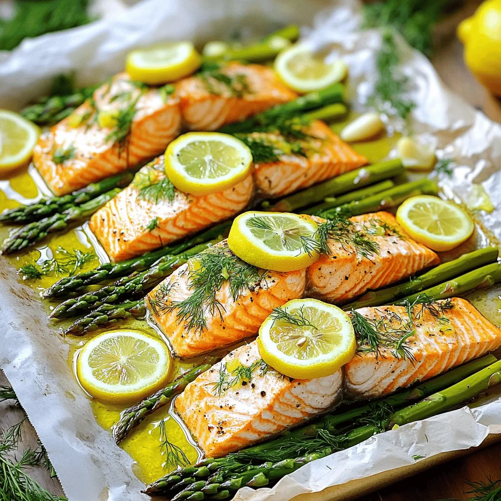 - 4 salmon fillets (about 6 ounces each) - 1 bunch of asparagus, trimmed - 2 tablespoons olive oil - 2 lemons, one sliced, one juiced - 2 tablespoons fresh dill, chopped (or 1 tablespoon dried dill) - 3 cloves garlic, minced - Salt and pepper to taste - 1 teaspoon paprika (optional) If you can’t find fresh dill, use dried dill. It’s easy to swap. You can also use other herbs like parsley or thyme. For garlic, you may use garlic powder instead. If you want, replace salmon with another fish, like trout or cod. If you need a lighter option, use chicken breast instead of salmon. When picking salmon, look for bright, shiny skin. The flesh should be firm and moist. It should not smell fishy. As for asparagus, choose spears that are bright green and firm. Avoid any that are limp or have dark spots. Fresh asparagus should snap easily when bent. These tips help ensure your dish tastes great! First, I preheat my oven to 400°F (200°C). This temperature cooks the salmon just right. I line a large sheet pan with parchment paper. This step keeps the salmon and asparagus from sticking. It also makes cleanup easy. In a small bowl, I mix together the olive oil, lemon juice, minced garlic, and chopped dill. I add salt and pepper to taste. If I want more color, I sprinkle in paprika. This marinade gives the dish a bright, fresh flavor. Next, I place the salmon fillets in the center of the sheet pan. I pour half of the marinade over the salmon. It’s important to coat the salmon well. Then, I arrange the trimmed asparagus around the salmon. I drizzle the remaining marinade over the asparagus. I finish by sprinkling more salt and pepper on top. I bake the sheet pan in the preheated oven for about 15-20 minutes. I check if the salmon flakes easily with a fork. The asparagus should be tender yet crisp. Once done, I remove it from the oven and let it cool for a minute. This dish looks great served directly from the sheet pan! To cook salmon just right, focus on time and temperature. Bake the salmon at 400°F (200°C) for 15-20 minutes. Check if the salmon flakes easily with a fork. If it does, it’s ready! A meat thermometer can help. Aim for an internal temperature of 145°F (63°C). Cooking time can vary based on thickness. Thicker fillets may need a few extra minutes. You can add more flavor to your dish by using fresh herbs. Try parsley, basil, or thyme for a different taste. A pinch of red pepper flakes can add a bit of heat. If you like smokiness, consider smoked paprika. Mix and match to find the flavors you love best. This dish pairs well with a fresh side salad or quinoa. The lightness of the salad balances the rich salmon. For a fun twist, serve with a dollop of tzatziki sauce. You could also add roasted potatoes for a heartier meal. Garnish with extra lemon slices and dill for a pop of color and taste. Enjoy your meal straight from the pan for an easy clean-up! {{image_2}} You can swap asparagus for other veggies. Try green beans, zucchini, or bell peppers. Each vegetable brings a new taste and texture. Make sure to cut them to similar sizes for even cooking. Roasted broccoli or Brussels sprouts also work well. They add crunch and flavor to your dish. If you want a twist, use lime and cilantro instead. This fresh combo gives a zesty kick. You can also try orange juice and thyme for a sweeter profile. Garlic and rosemary can add depth too. Experiment with different herbs to find your favorite mix. To make this dish a full meal, add grains like quinoa or brown rice. These sides soak up the flavors well. You can also serve with a light salad. A simple green salad with vinaigrette pairs nicely. This adds freshness and balances the meal. To keep your leftovers fresh, place them in an airtight container. Make sure to cool the salmon and asparagus first. You can store them in the fridge for up to three days. If you want to enjoy them later, freezing is a good option too. When you’re ready to eat, reheat gently. Use an oven set to 350°F (175°C) for the best texture. Cover the dish with foil to keep it moist. You can also use a microwave. Heat in short bursts, checking often to avoid overcooking. If you want to freeze your salmon and asparagus, wrap them tightly in plastic wrap. Then, place them in a freezer-safe bag. They can last up to three months. When ready to eat, thaw in the fridge overnight before reheating. This keeps your meal tasty and safe. It takes about 15 to 20 minutes to cook salmon and asparagus on a sheet pan. The oven should be set to 400°F (200°C) for even cooking. The salmon will be perfectly flaky and the asparagus bright and tender. Yes, you can use frozen salmon. Just make sure to thaw it first. You can thaw salmon in the fridge overnight or use the quick method. Place it in a sealed bag and submerge it in cold water for about an hour. Salmon should be cooked to an internal temperature of 145°F (63°C). This ensures the fish is safe to eat and still moist. Use a food thermometer for the best results. Absolutely! You can use other fish like trout or cod. Just adjust the cooking time as needed since different fish may cook faster or slower than salmon. You can tell the salmon is done when it flakes easily with a fork. The flesh should look opaque and not translucent. If you have a food thermometer, check for an internal temperature of 145°F (63°C). In this post, we covered all you need to know about cooking salmon and asparagus. You learned about fresh ingredients, step-by-step baking, and handy tips for perfect results. I shared variations to keep your meals exciting and storage tips to save leftovers. Remember, cooking can be simple and fun. With these insights, you can create delicious meals to share or enjoy alone. Embrace your kitchen skills, and let your creativity shine!