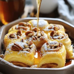 - 2 cans (8 oz each) cinnamon rolls, cut into quarters - 6 large eggs - 1 cup milk - 1/2 cup heavy cream - 1/2 cup brown sugar - 1 tablespoon vanilla extract - 1 teaspoon ground cinnamon - 1/4 teaspoon nutmeg - 1/4 cup chopped pecans (optional) - 1/2 cup maple syrup (for drizzling) - Powdered sugar (for dusting, optional) This dish bursts with flavor and warmth. You can use two cans of cinnamon rolls, which are soft and sweet. Cutting them into quarters makes them easy to mix and soak up the egg mixture. Next, you need six large eggs. They help bind everything together and give the casserole a nice, fluffy texture. A cup of milk adds richness and creaminess to the mix. For extra creaminess, you should add half a cup of heavy cream. This makes each bite feel decadent. Brown sugar adds sweetness and a slight caramel flavor, while one tablespoon of vanilla extract enhances the overall taste. Now, let's spice things up! One teaspoon of ground cinnamon gives that classic cinnamon roll taste. A touch of nutmeg, at 1/4 teaspoon, adds warmth and depth. If you like nuts, consider adding 1/4 cup of chopped pecans for crunch. Finally, the maple syrup is perfect for drizzling on top. It adds a sweet finish that makes the dish even better. You might also want powdered sugar for a lovely dusting, making it look like a fancy treat. With these ingredients, you create a delightful dish that brings joy to any breakfast table. - Preheat your oven to 350°F (175°C) and grease a 9x13 inch baking dish. - In a large bowl, whisk together 6 large eggs, 1 cup of milk, 1/2 cup of heavy cream, 1/2 cup of brown sugar, 1 tablespoon of vanilla extract, 1 teaspoon of ground cinnamon, and 1/4 teaspoon of nutmeg. This mixture will give your casserole a rich flavor. - Add 2 cans of quartered cinnamon rolls to the egg mixture. Stir gently to coat each piece. This step ensures every bite is delicious. - Pour the entire mixture into the prepared baking dish, spreading it out evenly. Make sure the cinnamon rolls are well distributed. - Bake in the preheated oven for 30-35 minutes. Look for a set middle and golden brown tops. This timing helps achieve the right texture. - Let the casserole cool for a few minutes before serving. This wait helps set the dish nicely. - Drizzle with 1/2 cup of maple syrup and dust with powdered sugar if desired. These toppings add sweetness and a lovely finish. To ensure even cooking and browning, spread the cinnamon roll pieces well in the dish. Make sure the egg mix coats each piece. This helps the casserole cook evenly. Check the casserole near the end of baking. If the top is getting too dark, cover it with foil. Let the casserole cool slightly before serving. This helps the dish set and makes it easier to cut. The flavors also deepen when it cools a bit. You can serve it warm for the best taste. You can swap nuts for fun toppings like chocolate chips or dried fruit. This adds new flavors and textures to your dish. Think about adding dried cranberries or mini chocolate chips for sweetness. Using flavored syrups can add a twist, too. Try caramel or berry syrups instead of maple syrup. Each syrup gives a new taste experience. For perfect pairings, serve with coffee, tea, or fresh fruit sides. Fresh strawberries or bananas can add a nice touch. They bring color and balance to the meal. For a brunch setting, present the casserole with a light dusting of powdered sugar. This makes it look fancy and inviting. You can also add a small pitcher of syrup on the side for guests to drizzle. {{image_2}} You can make this dish even more fun by adding fruit. Blueberries or apples blend well with the flavor of cinnamon. Just mix them in with the cinnamon rolls and egg mixture. You can also try flavored cinnamon rolls. Apple pie cinnamon rolls can add a new twist to your casserole. This way, you create a dish that feels both classic and new. If you need a gluten-free option, use gluten-free cinnamon rolls. Many brands offer tasty choices that work well. For dairy-free needs, you can swap the milk and cream. Use almond milk or coconut milk instead. These changes keep the taste rich and creamy without dairy. Sometimes, you may not need a large batch. You can easily make smaller portions. Just cut the recipe in half and use a smaller baking dish. Another fun idea is to make individual servings. Ramekins work perfectly for this. Each person can have their own little casserole, making it feel special. This also makes for easy serving and clean-up! To store leftovers, place the casserole in an airtight container. If you use a dish, cover it tightly with plastic wrap or foil. This keeps it fresh. You can keep it in the fridge for up to three days. After that, it may lose taste and texture. You can freeze the casserole before or after baking. To freeze it before baking, cover the dish tightly. Store it for up to two months. When ready, just bake it from frozen. If you bake it first, let it cool. Then, wrap it and freeze for later. To reheat, thaw it overnight in the fridge before warming. For reheating, the oven works best. Preheat it to 350°F (175°C). Place the casserole in the oven for about 15 to 20 minutes. If you use a microwave, heat in short bursts. Check every minute to avoid drying it out. Covering the dish helps keep moisture. This keeps the casserole tasty and soft. Can I prepare Cinnamon Roll French Toast Casserole the night before? Yes, you can prepare this casserole the night before. Just follow these steps: - Make the egg mixture and coat the cinnamon rolls as usual. - Place the mixture in your greased baking dish. - Cover the dish tightly with plastic wrap. - Refrigerate overnight. In the morning, bake it straight from the fridge. You may need to add a few extra minutes to the baking time. What can I substitute for heavy cream in this recipe? If you lack heavy cream, use milk or a mix of milk and butter. A mix of: - 1/2 cup of milk - 2 tablespoons of melted butter This mix will mimic the thickness of heavy cream. What to do if the casserole is too eggy? If your casserole tastes too eggy, try these tips: - Add more cinnamon or vanilla to balance the flavors. - Next time, use fewer eggs. You can cut back to 4 eggs instead of 6. This will help create a lighter texture. How to correct overcooked or burnt tops? If your casserole has an overcooked top, cover it with foil while baking. This keeps the heat in and prevents burning. If it’s already burnt, cut off the burnt parts and serve the rest. Can this dish be served cold? Yes, you can serve it cold. However, it tastes best warm. Cold versions can be good for quick snacks or breakfast. What’s the best way to serve leftovers? Store leftovers in an airtight container in the fridge. When ready to eat: - Reheat in the microwave for about 30-60 seconds. - Serve warm with maple syrup on top. This keeps the flavor fresh and delicious! This blog post covered how to make a delicious Cinnamon Roll French Toast Casserole. We discussed ingredients, preparation, baking steps, tips, variations, storage, and your FAQs. With these details, you can create a tasty dish perfect for brunch or special occasions. Use these tips to customize your casserole to your taste. Enjoy every bite and make it your own!