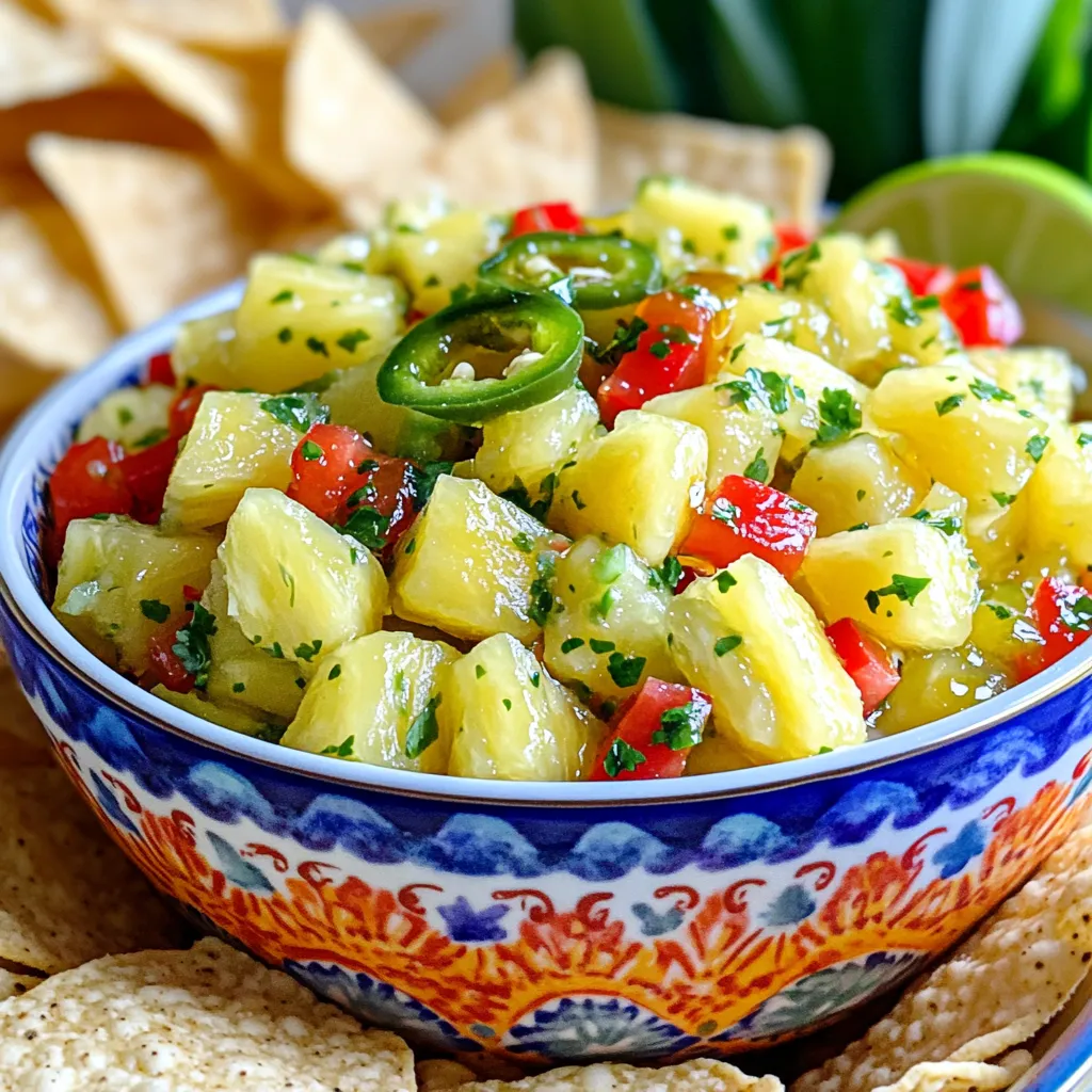 To make sweet and spicy pineapple salsa, you need a few fresh items. Here is what you will need: - 1 ripe pineapple, peeled, cored, and diced - 1 red bell pepper, finely chopped - 1 small red onion, finely chopped - 1-2 jalapeños, deseeded and minced (adjust for heat preference) - 1/4 cup fresh cilantro, chopped - Juice of 2 limes - 1 tablespoon honey or agave syrup - Salt and pepper to taste Using fresh ingredients makes a huge difference. I suggest using ripe pineapple for the best taste. The red bell pepper should be firm and bright. Fresh cilantro adds a vibrant flavor. Always check your onions and jalapeños for freshness too. This salsa shines when every ingredient is fresh. You can swap some ingredients if you want. If you cannot find fresh pineapple, use canned pineapple in juice, not syrup. For a milder salsa, skip the jalapeños or use banana peppers instead. You can replace honey with maple syrup for a vegan option. If you dislike cilantro, use parsley for a different flavor. These swaps keep the salsa tasty and fun! To start, gather your ingredients. You need a ripe pineapple, red bell pepper, and red onion. Dice the pineapple into small cubes. Chop the red bell pepper and onion finely. If you like heat, grab one or two jalapeños. Remove the seeds and mince them. Remember, you can adjust the heat based on your taste. In a large mixing bowl, add the diced pineapple, red bell pepper, and red onion. This mix creates a bright and colorful base. Now, fold in the minced jalapeños. Next, add the chopped cilantro for that fresh touch. Squeeze the juice of two limes over the mixture. Drizzle with honey or agave syrup. Finally, sprinkle salt and pepper to taste. Use a spatula to toss everything gently. Ensure all ingredients are well combined. Now, let your salsa sit for at least 15 minutes. This allows the flavors to blend and deepen. The lime juice will soak into the fruits, making the salsa zesty and refreshing. If you can wait longer, it will taste even better. You can easily change the heat in your salsa. Start with one jalapeño. Taste it. If you want more heat, add more jalapeños. Remember, deseeding them makes them milder. Always taste your salsa before serving. This way, you find the right balance for your taste. Dicing a pineapple can seem tricky, but it's simple. Start by cutting off the top and bottom. Stand it up and slice off the skin in strips. Make sure to remove all the eyes. Once peeled, cut the pineapple in half, then into quarters. Finally, chop into bite-sized pieces. Fresh pineapple adds the best flavor, so choose ripe ones that smell sweet. Serve your salsa in a bright bowl. This makes it pop and looks inviting. Garnish with a sprig of cilantro for color. You can also add lime wedges around the bowl for extra flair. Pair your salsa with tortilla chips or grilled fish for a tasty combo. {{image_2}} You can switch up the fruit in your pineapple salsa for new flavors. Mango adds a sweet touch, while kiwi gives a fun twist. Strawberries work well too, adding a nice color and sweetness. You can even try diced peaches for a summer feel. Just remember, each fruit has its own taste, so choose what you enjoy most. Want more zing in your salsa? Try adding cumin or smoked paprika. These spices boost the flavor and add depth. If you like heat, a pinch of cayenne pepper can spice things up. For a fresh kick, consider adding freshly grated ginger. Play with spices to find your perfect mix. Think beyond chips when serving your salsa. It's great with grilled meats like chicken or fish. You can spoon it over tacos for a fresh crunch. Try it on a salad for added flavor. It even tastes good on a burger for a sweet and spicy punch. Get creative and enjoy your salsa in new ways! Storing leftover salsa is easy. First, place it in an airtight container. This helps keep the flavors fresh. Make sure to press out any air before sealing. You want to avoid spoilage. Store it in the fridge for the best results. Sweet and spicy pineapple salsa will stay fresh in the fridge for about 3 to 5 days. After a few days, check the salsa for any changes in smell or color. If it looks or smells off, it’s best to throw it away. Always trust your senses! If you want to save salsa for later, freezing is a great option. Use freezer-safe containers or bags. Fill them but leave some space at the top. Salsa expands when it freezes. It can last for up to 3 months in the freezer. Thaw it in the fridge before using. Enjoy your salsa even after a long time! Yes, you can use canned pineapple. Just make sure it is in juice, not syrup. Drain it well to avoid excess liquid. Canned pineapple can save time and still taste great. However, fresh pineapple gives a brighter flavor and better texture. This salsa lasts up to three days in the fridge. Store it in an airtight container. After a day, the flavors deepen, making it even better. If you see any liquid pooling, just drain it before serving. Pineapple salsa goes well with many dishes. It is fantastic with grilled fish or chicken. Use it as a topping for tacos or enchiladas. It also tastes great with chips for a snack. Try it on burgers for a fun twist! This blog post covered all you need to make fresh pineapple salsa. We shared the ingredients, provided steps for preparation, and offered helpful tips. You can adjust spice levels and explore variations for more fun. Storing leftovers is simple, and we answered common questions too. Try making this salsa for your next meal. It adds bright flavor and joy to any dish! Enjoy the process and share your creations. Happy salsa-making!