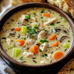 - 1 lb boneless, skinless chicken thighs or breasts, diced - 1 cup wild rice, rinsed and drained - 6 cups chicken broth - 1 cup heavy cream - 1 medium onion, chopped - 2 cloves garlic, minced - 2 carrots, diced - 2 celery stalks, diced - 1 cup mushrooms, sliced - 1 teaspoon dried thyme - 1 teaspoon dried rosemary - Salt and pepper to taste - 2 tablespoons olive oil - 2 tablespoons fresh parsley, chopped (for garnish) When I make Creamy Chicken & Wild Rice Soup, I focus on fresh ingredients. The chicken thighs provide rich flavor and tenderness. Wild rice adds a nice nutty taste and chewy texture. I always use homemade chicken broth for depth. Heavy cream brings a smooth, rich finish. In the vegetable department, I use basic staples. Chopped onions and minced garlic create a strong aromatic base. Carrots and celery add natural sweetness and crunch. Sliced mushrooms bring umami and earthiness. For seasonings, I stick to dried thyme and rosemary. They give warmth and aroma. Salt and pepper are essential for balancing flavors. I love to cook with olive oil for its health benefits. Lastly, fresh parsley brightens the dish and adds color when garnishing. Using these ingredients makes the soup hearty and comforting. It's perfect for a cozy dinner or sharing with friends. - Heat 2 tablespoons of olive oil in a large pot over medium heat. - Add 1 pound of diced chicken and season with salt and pepper. - Cook the chicken for about 5-7 minutes until it turns brown on all sides. - Add 1 chopped onion, 2 minced garlic cloves, 2 diced carrots, and 2 diced celery stalks to the pot. - Sauté these for 5 minutes until the veggies soften. - Stir in 1 cup of sliced mushrooms and cook for another 3 minutes. The mushrooms will start to release moisture. - Now, add 1 cup of rinsed wild rice to the pot. - Pour in 6 cups of chicken broth and sprinkle 1 teaspoon of dried thyme and 1 teaspoon of dried rosemary. - Bring this mixture to a boil. - Once boiling, reduce the heat to low and cover the pot. - Let it simmer for 30-35 minutes until the wild rice is tender. - Remove from heat and stir in 1 cup of heavy cream. Adjust the seasoning with salt and pepper as needed. - Allow the soup to sit for a few minutes before serving. This helps it thicken nicely. - Use a heavy-bottomed pot for even heat distribution. This helps cook the soup nicely. - To avoid overcooking the rice, check it at the 30-minute mark. The wild rice should be tender but still have a slight bite. If it’s too soft, reduce cooking time next time. - Add fresh herbs, like dill or basil, for a bright taste. They can lift the flavors. - For a spicier kick, toss in a pinch of red pepper flakes or a chopped jalapeño. This adds depth to your soup. - Serve the soup in deep bowls. Garnish with fresh parsley and a twist of black pepper for color. - A side of crusty bread pairs perfectly. It adds texture and helps soak up the creamy goodness of the soup. {{image_2}} You can switch the chicken for turkey or rotisserie chicken. This change saves time and adds new flavors. For a vegetarian version, use mushrooms and plant-based chicken. You can also add beans for protein. The soup will remain hearty and delicious. If you want a different texture, try quinoa or barley instead of wild rice. Quinoa cooks faster, so check it after 15 minutes. Barley takes longer, about 40 minutes. Adjust the cooking time based on the grain you choose. Each grain brings its own taste and nutrition. Incorporate seasonal vegetables like zucchini, peas, or sweet corn for extra flavor. These veggies add freshness and color. For holidays, consider adding pumpkin or butternut squash. It changes the taste and makes the soup festive. You can adapt this soup for any season or celebration. To store leftover soup, let it cool first. Use airtight containers for the best results. Divide the soup into smaller portions. This makes it easy to reheat later. Glass or plastic containers work well. Make sure the lids fit tightly to keep air out. Label each container with the date. This helps you keep track of freshness. Freezing the soup is a great option. First, let it cool completely. Then, use freezer-safe containers or bags. Remove as much air as possible. This prevents freezer burn and keeps the soup tasty. When you want to eat it, thaw it overnight in the fridge. For quick thawing, place the bag in cold water. Reheat on the stove over low heat or in the microwave until hot. In the fridge, the soup lasts about 3 to 4 days. If frozen, it can last up to 3 months. Always check for signs of spoilage before eating. If it smells off or looks strange, throw it out. Enjoy your creamy chicken and wild rice soup fresh and tasty! You can serve several tasty sides with this soup. Here are some great ideas: - Crusty bread for dipping - A fresh green salad with a light dressing - Garlic bread for extra flavor - Steamed vegetables for added nutrition - A fruit salad for a sweet touch Each side will add a nice balance to the warmth of the soup. Yes, you can make this soup ahead of time. Here are some tips: - Prepare the soup and let it cool. - Store it in an airtight container in the fridge for up to three days. - Reheat the soup on the stove over low heat. - You can also freeze it for up to three months. Just let it cool completely before freezing. This soup can be gluten-free. Here’s what to know: - The main ingredients are gluten-free, but check the chicken broth label. - Some brands may add gluten, so look for gluten-free options. - If you use wild rice, it is naturally gluten-free. You can thicken the soup without using cream. Here are some options: - Mash some of the cooked wild rice. - Add pureed vegetables like potatoes or carrots. - Use a cornstarch slurry (mix cornstarch with cold water). - Add a bit of cooked quinoa for extra body. These methods will keep your soup thick and creamy. This soup combines chicken, wild rice, and vegetables for a comforting meal. You learned how to prepare and cook each ingredient for the best taste. We discussed tips for enhancing flavor and presentation. You can even modify this recipe with different meats or grains. Remember to store leftovers properly to enjoy later. I hope you find joy in making this delicious soup, creating warm memories at your table.