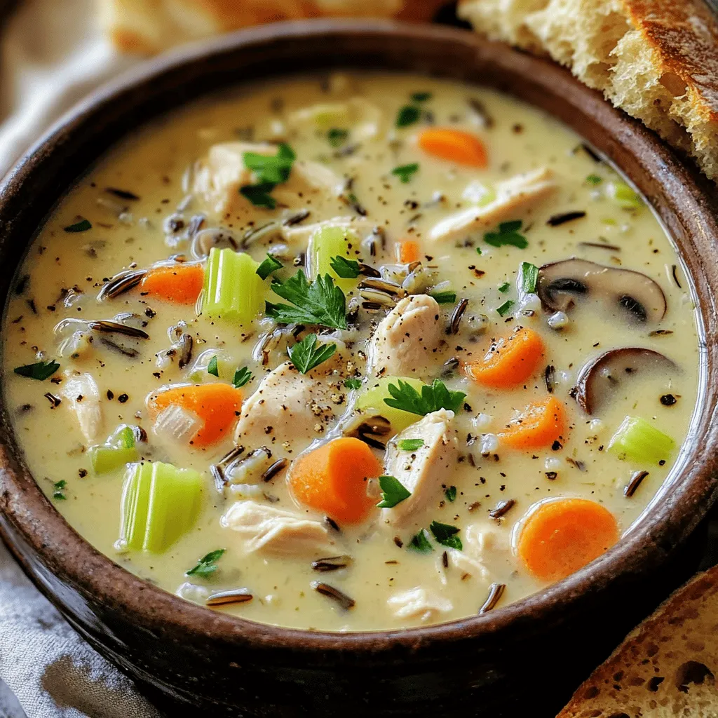 - 1 lb boneless, skinless chicken thighs or breasts, diced - 1 cup wild rice, rinsed and drained - 6 cups chicken broth - 1 cup heavy cream - 1 medium onion, chopped - 2 cloves garlic, minced - 2 carrots, diced - 2 celery stalks, diced - 1 cup mushrooms, sliced - 1 teaspoon dried thyme - 1 teaspoon dried rosemary - Salt and pepper to taste - 2 tablespoons olive oil - 2 tablespoons fresh parsley, chopped (for garnish) When I make Creamy Chicken & Wild Rice Soup, I focus on fresh ingredients. The chicken thighs provide rich flavor and tenderness. Wild rice adds a nice nutty taste and chewy texture. I always use homemade chicken broth for depth. Heavy cream brings a smooth, rich finish. In the vegetable department, I use basic staples. Chopped onions and minced garlic create a strong aromatic base. Carrots and celery add natural sweetness and crunch. Sliced mushrooms bring umami and earthiness. For seasonings, I stick to dried thyme and rosemary. They give warmth and aroma. Salt and pepper are essential for balancing flavors. I love to cook with olive oil for its health benefits. Lastly, fresh parsley brightens the dish and adds color when garnishing. Using these ingredients makes the soup hearty and comforting. It's perfect for a cozy dinner or sharing with friends. - Heat 2 tablespoons of olive oil in a large pot over medium heat. - Add 1 pound of diced chicken and season with salt and pepper. - Cook the chicken for about 5-7 minutes until it turns brown on all sides. - Add 1 chopped onion, 2 minced garlic cloves, 2 diced carrots, and 2 diced celery stalks to the pot. - Sauté these for 5 minutes until the veggies soften. - Stir in 1 cup of sliced mushrooms and cook for another 3 minutes. The mushrooms will start to release moisture. - Now, add 1 cup of rinsed wild rice to the pot. - Pour in 6 cups of chicken broth and sprinkle 1 teaspoon of dried thyme and 1 teaspoon of dried rosemary. - Bring this mixture to a boil. - Once boiling, reduce the heat to low and cover the pot. - Let it simmer for 30-35 minutes until the wild rice is tender. - Remove from heat and stir in 1 cup of heavy cream. Adjust the seasoning with salt and pepper as needed. - Allow the soup to sit for a few minutes before serving. This helps it thicken nicely. - Use a heavy-bottomed pot for even heat distribution. This helps cook the soup nicely. - To avoid overcooking the rice, check it at the 30-minute mark. The wild rice should be tender but still have a slight bite. If it’s too soft, reduce cooking time next time. - Add fresh herbs, like dill or basil, for a bright taste. They can lift the flavors. - For a spicier kick, toss in a pinch of red pepper flakes or a chopped jalapeño. This adds depth to your soup. - Serve the soup in deep bowls. Garnish with fresh parsley and a twist of black pepper for color. - A side of crusty bread pairs perfectly. It adds texture and helps soak up the creamy goodness of the soup. {{image_2}} You can switch the chicken for turkey or rotisserie chicken. This change saves time and adds new flavors. For a vegetarian version, use mushrooms and plant-based chicken. You can also add beans for protein. The soup will remain hearty and delicious. If you want a different texture, try quinoa or barley instead of wild rice. Quinoa cooks faster, so check it after 15 minutes. Barley takes longer, about 40 minutes. Adjust the cooking time based on the grain you choose. Each grain brings its own taste and nutrition. Incorporate seasonal vegetables like zucchini, peas, or sweet corn for extra flavor. These veggies add freshness and color. For holidays, consider adding pumpkin or butternut squash. It changes the taste and makes the soup festive. You can adapt this soup for any season or celebration. To store leftover soup, let it cool first. Use airtight containers for the best results. Divide the soup into smaller portions. This makes it easy to reheat later. Glass or plastic containers work well. Make sure the lids fit tightly to keep air out. Label each container with the date. This helps you keep track of freshness. Freezing the soup is a great option. First, let it cool completely. Then, use freezer-safe containers or bags. Remove as much air as possible. This prevents freezer burn and keeps the soup tasty. When you want to eat it, thaw it overnight in the fridge. For quick thawing, place the bag in cold water. Reheat on the stove over low heat or in the microwave until hot. In the fridge, the soup lasts about 3 to 4 days. If frozen, it can last up to 3 months. Always check for signs of spoilage before eating. If it smells off or looks strange, throw it out. Enjoy your creamy chicken and wild rice soup fresh and tasty! You can serve several tasty sides with this soup. Here are some great ideas: - Crusty bread for dipping - A fresh green salad with a light dressing - Garlic bread for extra flavor - Steamed vegetables for added nutrition - A fruit salad for a sweet touch Each side will add a nice balance to the warmth of the soup. Yes, you can make this soup ahead of time. Here are some tips: - Prepare the soup and let it cool. - Store it in an airtight container in the fridge for up to three days. - Reheat the soup on the stove over low heat. - You can also freeze it for up to three months. Just let it cool completely before freezing. This soup can be gluten-free. Here’s what to know: - The main ingredients are gluten-free, but check the chicken broth label. - Some brands may add gluten, so look for gluten-free options. - If you use wild rice, it is naturally gluten-free. You can thicken the soup without using cream. Here are some options: - Mash some of the cooked wild rice. - Add pureed vegetables like potatoes or carrots. - Use a cornstarch slurry (mix cornstarch with cold water). - Add a bit of cooked quinoa for extra body. These methods will keep your soup thick and creamy. This soup combines chicken, wild rice, and vegetables for a comforting meal. You learned how to prepare and cook each ingredient for the best taste. We discussed tips for enhancing flavor and presentation. You can even modify this recipe with different meats or grains. Remember to store leftovers properly to enjoy later. I hope you find joy in making this delicious soup, creating warm memories at your table.