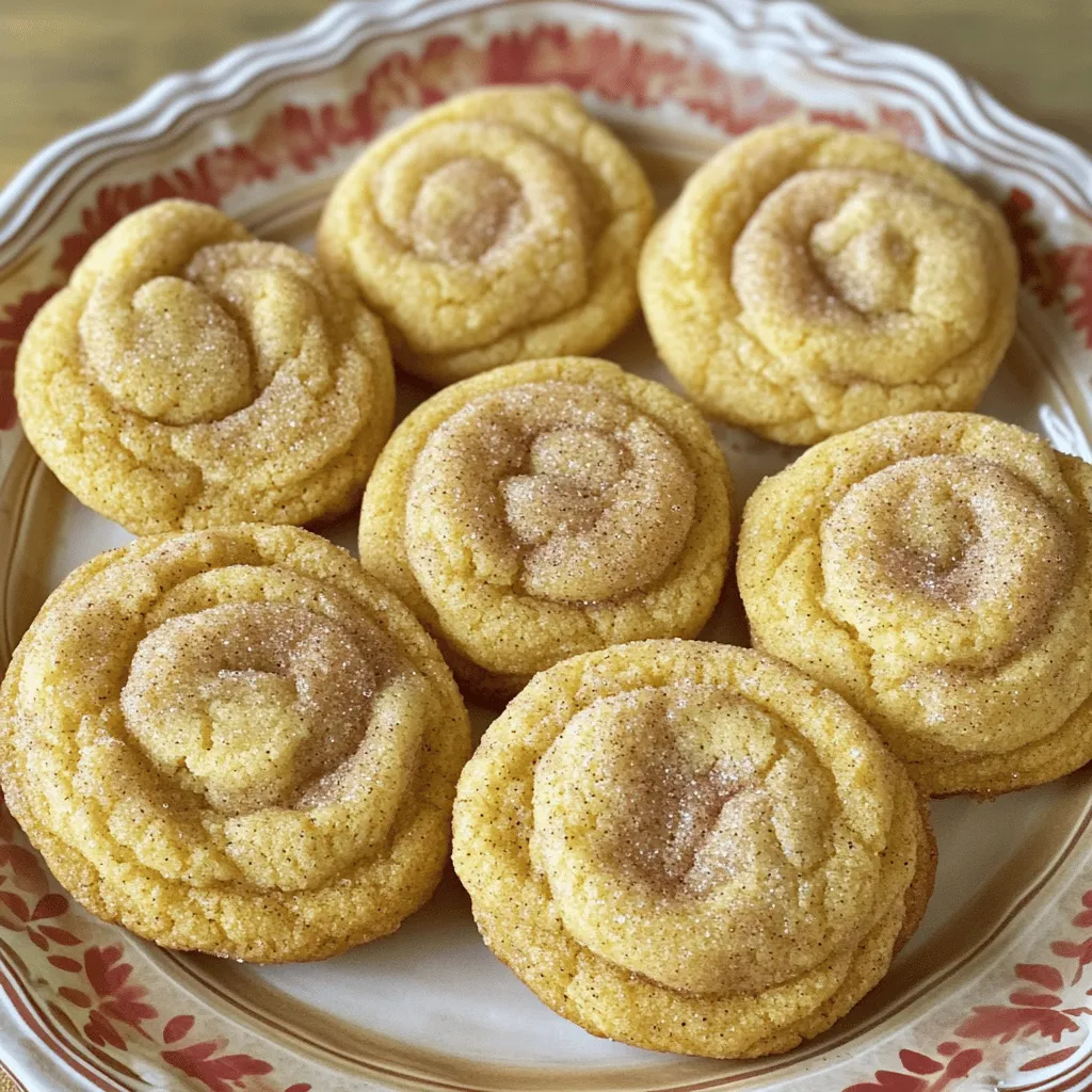 To make these tasty pumpkin spice snickerdoodle cookies, gather the following: - 1 cup unsalted butter, softened - 1 cup granulated sugar - 1/2 cup brown sugar, packed - 1 large egg - 1/4 cup pumpkin puree - 1 teaspoon vanilla extract - 2 3/4 cups all-purpose flour - 2 teaspoons cream of tartar - 1 teaspoon baking soda - 1 teaspoon ground cinnamon - 1/2 teaspoon ground nutmeg - 1/2 teaspoon ground ginger - 1/4 teaspoon salt - 1/4 cup granulated sugar (for coating) - 1 tablespoon ground cinnamon (for coating) If you have allergies or special diets, here are some swaps: - Use coconut oil instead of butter for a dairy-free option. - Replace the egg with flaxseed meal or chia seeds mixed with water. - For gluten-free cookies, use a 1:1 gluten-free flour blend. - Maple syrup can replace granulated sugar. Just adjust the flour amount slightly. The quality of your ingredients matters a lot. Fresh spices give a stronger taste. Use real vanilla extract instead of imitation for better flavor. Good butter will make the cookies richer and more delicious. Also, try to use pure pumpkin puree, not pumpkin pie filling. Quality ingredients lead to better cookies. First, gather all your ingredients. You will need butter, sugars, pumpkin, and spices. Preheat your oven to 350°F (175°C). Line two baking sheets with parchment paper. This helps the cookies not stick. In a large bowl, add your softened butter, granulated sugar, and brown sugar. Use a hand mixer or stand mixer. Beat them together for about 3-4 minutes. You want the mixture to be light and fluffy. This step adds air, making your cookies soft. In another bowl, whisk together the flour, cream of tartar, baking soda, and spices. Make sure they combine well. Gradually add this dry mix to your wet mixture. Stir gently until just combined. Do not overmix; this keeps your cookies tender. To get a soft and chewy cookie, use room temperature butter. When you cream the butter with the sugars, aim for a light and fluffy mix. This process adds air, making your cookies rise better. Don't overmix the dough when adding dry ingredients. Stop mixing as soon as you see no flour. This helps keep them soft. Baking at 350°F (175°C) is key for these cookies. Check them at 10 minutes. If the edges look golden but the middle is soft, they are ready. If you want crispier cookies, bake a little longer. Remember, ovens can vary. Always adjust time based on your oven’s performance for perfect results. Use a good mixing bowl to combine your ingredients. A hand mixer makes creaming butter easy. A cookie scoop helps you form even dough balls. Parchment paper on your baking sheets prevents sticking and makes cleanup simple. A wire rack cools the cookies evenly, keeping them soft and tasty. {{image_2}} You can mix in chocolate chips or nuts to the dough. About one cup works well. Choose semi-sweet chocolate chips for a rich taste. For nuts, try walnuts or pecans. Chop them into small pieces. Adding these gives your cookies a crunchy twist. The chocolate melts and mixes with the warm spices. It adds a new flavor that many love. To make these cookies gluten-free, swap all-purpose flour for a gluten-free blend. Make sure it has a good mix of starches and flours. Look for blends that include xanthan gum. This helps the cookies hold together. You may need to adjust the amount of flour slightly. Start with the same amount and add more if the dough feels too wet. You can create a vegan version of these cookies easily. Replace the butter with coconut oil or vegan butter. Use a flax egg instead of a regular egg. To make a flax egg, mix one tablespoon of ground flaxseed with three tablespoons of water. Let it sit for five minutes to thicken. For the pumpkin puree, make sure it’s pure, with no added sugars. These swaps keep the cookies tasty and soft. To keep your pumpkin spice snickerdoodle cookies fresh, store them in an airtight container. This method helps maintain their soft texture and flavor. Place a piece of bread in the container to add moisture. The bread will help keep the cookies from drying out. Enjoy your cookies within a week for the best taste. If you want to save some cookies for later, freezing is a great option. Start by letting the cookies cool completely. Then, place them in a single layer on a baking sheet. Freeze them for about an hour. Once frozen, transfer the cookies to a freezer-safe bag. Make sure to remove as much air as possible before sealing. These cookies can last up to three months in the freezer. To enjoy your cookies warm, reheat them in the oven. Preheat your oven to 350°F (175°C) and place the cookies on a baking sheet. Heat them for about 5-10 minutes, or until warm. If you prefer a softer texture, you can microwave them. Heat each cookie for about 10-15 seconds. This method gives a fresh-from-the-oven feel every time. Yes, you can use canned pumpkin. It offers a great flavor and saves time. Just make sure it is pure pumpkin, not pumpkin pie filling. For best results, use the same amount as in the recipe. Canned pumpkin gives consistent texture and taste. It is convenient for busy cooks. Cream of tartar is key for snickerdoodles. It adds a unique tangy flavor. It helps the cookies rise and gives them a soft texture. This ingredient also keeps the cookies chewy. Without it, the cookies may flatten and lose their classic taste. To reduce sweetness, cut back on the granulated sugar. You can lower the sugar by one-quarter cup. Another option is to use dark chocolate chips. They balance out the sweet taste well. You can also add a pinch of salt to enhance flavor without adding more sugar. This blog post guides you through making delicious cookies. We covered key ingredients, substitutions, and why quality matters. I shared step-by-step instructions to help you succeed, plus tips for the best texture and baking adjustments. You learned variations for different diets and storage methods to keep cookies fresh. Remember, you can adapt the recipe to fit your needs. Baking cookies should be fun and rewarding. Enjoy experimenting with flavors and sharing them with others!