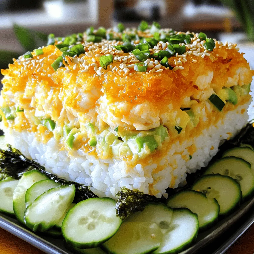 To make a tasty sushi bake, gather these key ingredients: - 2 cups sushi rice - 2 1/2 cups water - 1/4 cup rice vinegar - 2 tablespoons sugar - 1 teaspoon salt - 1 pound imitation crab meat, shredded - 1/2 cup cream cheese, softened - 1/4 cup mayonnaise (preferably Kewpie) - 2 green onions, finely chopped - 1 tablespoon sriracha (adjust for spice level) - Nori sheets (seaweed) for serving - Sesame seeds for garnish These ingredients come together to create a rich and creamy base. The sushi rice gives it a nice texture, while the crab and cream cheese add a savory flavor. You can make this dish your own by adding these optional ingredients: - Sliced cucumber - Avocado These fresh toppings bring a crisp bite. They also add color and nutrition to your sushi bake. To enhance your sushi bake experience, serve it with: - Soy sauce - Pickled ginger - Wasabi These sides add an extra layer of flavor and make each bite exciting. Enjoy your sushi bake with friends or family for a fun meal! First, rinse the sushi rice. Use cold water until it runs clear. This helps remove extra starch. Next, add the rinsed rice and water to a rice cooker. Cook it based on the cooker’s instructions. When done, let it rest for about 10 minutes. This keeps the rice fluffy. While the rice rests, make the seasoning. In a small pot, mix rice vinegar, sugar, and salt. Heat over low until everything dissolves. Once mixed, gently fold this seasoning into the rice. Use a wooden spatula to avoid breaking the rice. Let it cool a bit before using. In a large bowl, combine the shredded imitation crab, cream cheese, and mayonnaise. I like to use Kewpie mayonnaise for its rich flavor. Add finely chopped green onions and sriracha for a kick. Stir everything until it blends well. This mixture gives the bake its creamy texture. Now it's time to put it all together. Preheat your oven to 350°F (175°C). Grease a baking dish before you begin. Spread the seasoned sushi rice evenly on the bottom. Then, layer the crab mixture over the rice. Smooth it out with a spatula for an even bake. Bake in the oven for about 15-20 minutes. Watch for a golden and bubbly top. Once done, take it out and let it cool for a few minutes. Top with sesame seeds and optional cucumber or avocado slices. Serve with nori sheets for a fun bite! To make great sushi rice, start with the right type. Use short-grain sushi rice for the best texture. Rinse the rice until the water runs clear. This helps remove excess starch. Cook it in a rice cooker for even results. After cooking, let it sit for about ten minutes. This resting time helps the rice firm up. Sriracha adds a nice kick to your sushi bake. If you're unsure about spice, start with a little. You can always add more later. Mix in one tablespoon of sriracha with the crab mixture. Taste it and adjust according to your preference. This way, everyone can enjoy the dish at their own heat level. Presentation makes your dish look more appealing. Use a nice baking dish to serve your sushi bake. Once it's done, sprinkle sesame seeds on top for a nice touch. Add slices of cucumber or avocado for color and freshness. When serving, use nori sheets for easy rolling. This not only looks good but also makes it fun to eat! {{image_2}} If you want a meat-free option, try using tofu. Firm tofu works best. Just press it to remove extra moisture and crumble it into the crab mixture. You can also add veggies like bell peppers or carrots for crunch. Another great choice is roasted mushrooms. They add a rich flavor that pairs well with the rice. You can swap imitation crab for other proteins. Shrimp is a tasty option. Cook it briefly before mixing it in. Cooked salmon also works well for a richer flavor. For a lighter choice, use cooked chicken breast. Just shred it and mix it in like the crab. To boost the flavor, try adding different sauces to your mix. A splash of soy sauce gives a savory kick. You can also add a bit of sesame oil for a nutty taste. For a spicy twist, toss in some extra sriracha or chili paste. Fresh herbs like cilantro or basil can brighten up the dish too. To store leftover sushi bake, let it cool first. Place it in an airtight container. You can keep it in the fridge for up to three days. Make sure to cover it well. This keeps the flavors fresh and prevents drying. For long-term storage, you can freeze the sushi bake. Cut it into portions before freezing. Wrap each piece in plastic wrap, then place in a freezer-safe bag. This method helps to avoid freezer burn. You can freeze it for up to three months. When you are ready to enjoy it again, reheat the sushi bake in the oven. Preheat your oven to 350°F (175°C). Place the sushi bake in a baking dish. Cover it with foil to keep it moist. Bake for about 15-20 minutes until heated through. You can also use a microwave for quicker reheating, but the oven is best for keeping the texture. TikTok Sushi Bake is a fun twist on sushi. It combines sushi rice and crab. You bake it in a dish and serve it warm. This dish is creamy and packed with flavor. It is perfect for sharing with friends or family. You can roll it up in nori sheets. It’s easy to make and looks great, too. Yes, you can make Sushi Bake without crab. You can use many other proteins or veggies. Try tofu, shrimp, or even smoked salmon. If you want a vegetarian option, use mushrooms or avocado. You can replace crab with your favorite flavors. Just keep the cream cheese and rice for the base. You can customize your Sushi Bake in many ways. Add your favorite toppings like avocado or cucumber. Change the spice level by adding more or less sriracha. Mix in different herbs for extra flavor. You can even switch the seafood for other proteins. The key is to make it your own. Sushi Bake pairs well with simple sides. Try serving it with a fresh salad. You can also add edamame or pickled veggies. These sides balance the rich flavors of the bake. For a fun touch, serve extra nori sheets for rolling. Enjoy your meal with friends and family for a great time! This blog post covered all the key parts of making TikTok sushi bake. We explored the main and optional ingredients, plus tasty accompaniments. You learned step-by-step how to cook and season sushi rice, prepare the crab mix, and assemble your dish. I shared tips on how to make perfect rice and ways to personalize your bake. We also discussed storage, freezing, and reheating for leftovers. Now, you're ready to impress friends with your sushi bake skills. Enjoy cooking and sharing a fun experience!