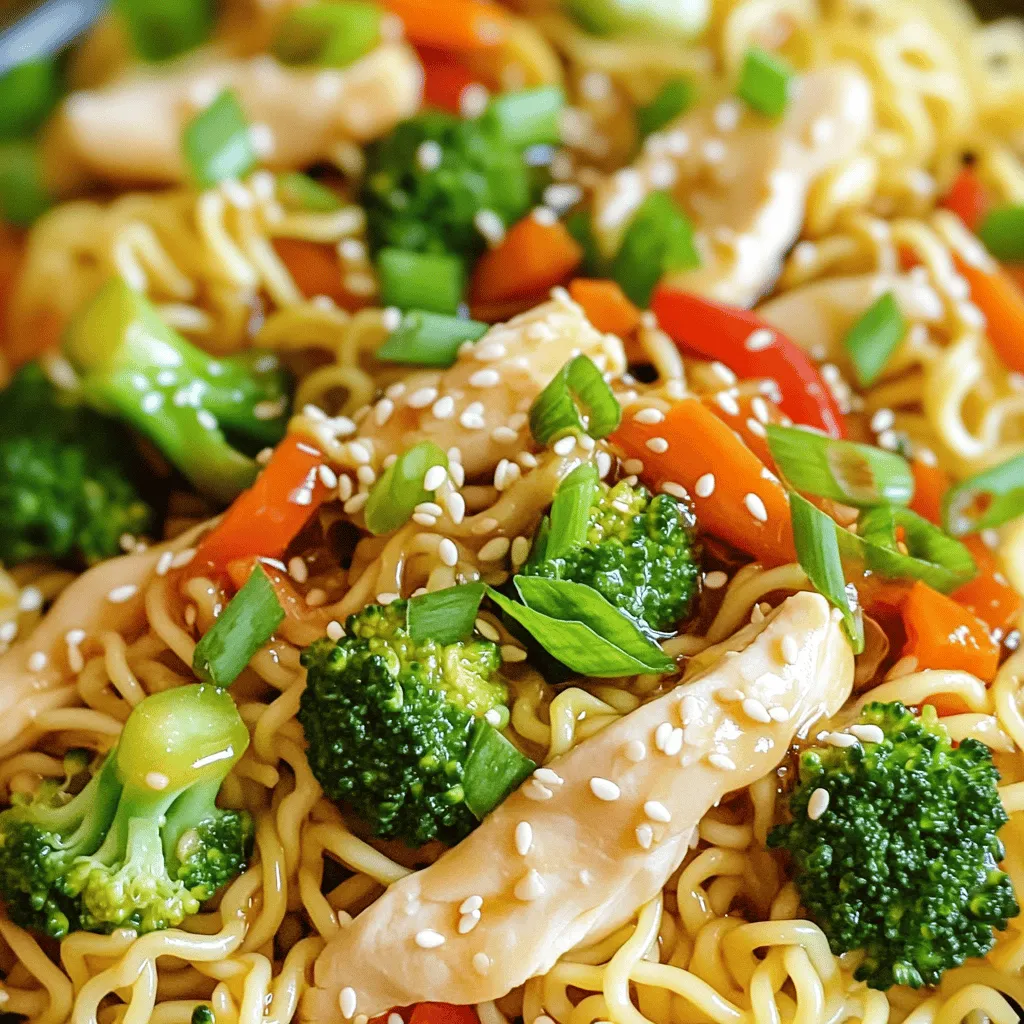 - 2 boneless, skinless chicken breasts, thinly sliced - 8 oz egg noodles (or any noodle of your choice) - 2 tablespoons sesame oil - 1 tablespoon fresh ginger, grated - 3 tablespoons soy sauce - 1 tablespoon honey - 2 cloves garlic, minced - 1 cup broccoli florets - 1 red bell pepper, sliced - 1 carrot, julienned - 2 green onions, chopped - Sesame seeds for garnish Each ingredient plays a key role in this dish. The chicken provides protein and a satisfying bite. The noodles make the meal hearty and filling. Sesame oil adds a rich, nutty flavor. Fresh ginger brings warmth and spice, while soy sauce gives a salty umami taste. Honey balances the saltiness with sweetness. Garlic adds depth and aroma. The vegetables—broccoli, bell pepper, and carrot—bring color, crunch, and nutrients. Green onions add freshness and brightness, while sesame seeds offer a nice crunch for garnish. If you need to switch things up, here are some ideas: - Use tofu instead of chicken for a vegetarian option. - Try rice noodles or whole wheat noodles for a different texture. - Swap sesame oil for olive oil if you prefer. - If you don’t have fresh ginger, ground ginger can work in a pinch. - Use low-sodium soy sauce for a lighter flavor. - Feel free to mix in other veggies like snap peas or zucchini, based on your taste. Start by boiling a pot of salted water. Once the water bubbles, add 8 oz of egg noodles. Cook the noodles until they are al dente, following the package instructions. This usually takes about 3 to 5 minutes. When done, drain the noodles and set them aside. Take 2 thinly sliced chicken breasts and place them in a bowl. Add half of the soy sauce and half of the sesame oil to the chicken. Mix well. Let the chicken marinate for about 5 minutes. This step helps the chicken soak up flavors. Heat a large skillet or wok on medium-high heat. Add the remaining sesame oil once the pan is hot. Next, add the marinated chicken. Cook it for about 5 to 7 minutes until it turns golden brown. After that, take the chicken out and set it aside. In the same pan, add 1 tablespoon of grated ginger and 2 minced garlic cloves. Stir-fry them for about 30 seconds until they smell nice. Then, toss in 1 cup of broccoli florets, 1 sliced red bell pepper, and 1 julienned carrot. Stir-fry for about 3 to 4 minutes until the veggies are just tender but still crisp. Now, return the cooked noodles to the pan with the veggies. Pour in the remaining soy sauce and 1 tablespoon of honey. Mix everything well to combine. Cook for an extra 2 to 3 minutes until it all heats through. Finally, add the cooked chicken back into the pan. Mix well to combine all ingredients. To serve, garnish with chopped green onions and a sprinkle of sesame seeds. This dish looks colorful and is sure to please! To cook the noodles just right, start with a big pot of salted water. Bring it to a boil. Add the noodles and follow the package instructions. Check for al dente, which means they should be firm but not hard. Drain them well. A splash of sesame oil will help keep them from sticking together. Marinating chicken adds flavor and keeps it juicy. Use half of the soy sauce and half of the sesame oil for the marinade. Mix these with the sliced chicken in a bowl. Let the chicken sit for about 5 minutes. This short time is just enough to soak in the taste. Want to change the flavor? For extra heat, add a pinch of red pepper flakes or fresh chili. If you like it sweeter, add more honey. Start with a little and taste as you go. Adjust the sweetness or spice to fit your taste. If you are short on time, use pre-cooked chicken or leftover meat. This makes it faster. You can also chop the veggies in advance. Use a food processor for quick chopping. This meal can be ready in about 20 minutes, perfect for busy weeknights. {{image_2}} You can easily make this dish vegetarian. Replace the chicken with tofu or tempeh. Use the same marinade, and cook until golden. You can also add more vegetables like snap peas or mushrooms. This way, you keep the flavor while making it plant-based. If you need a gluten-free meal, swap the soy sauce for tamari. You can also use rice noodles instead of egg noodles. This keeps the dish gluten-free but still tasty. Check labels on your ingredients to ensure they fit your diet. There are many noodle options to fit your taste. You can try udon, rice noodles, or even spiralized veggies. Each choice gives a new texture and flavor. For a fun twist, use whole wheat noodles for added nutrients. The key is to find what you like best! To keep your Minute Sesame Ginger Chicken Noodles fresh, use airtight containers. Let the dish cool to room temperature first. Then, place it in the container and seal it well. Store in the fridge for up to three days. If you want to keep it longer, consider freezing it. Use freezer-safe containers or bags to avoid freezer burn. When you're ready to enjoy leftovers, reheat gently. You can use a microwave or stovetop. If using a microwave, place the noodles in a bowl and cover with a damp paper towel. Heat in short intervals, stirring in between. If using the stovetop, add a splash of water or broth to the pan. Heat on low, stirring until warm. This keeps the dish from drying out. To save time, you can meal prep this dish. Cook the chicken and vegetables ahead of time. Store them in separate containers. Cook the noodles fresh when you're ready to eat. This method keeps the noodles from getting soggy. You can also prep the sauce and store it in a small jar. Just mix everything together when it's time to serve. Yes, you can use other meats. Try beef, pork, or shrimp. Each meat adds a unique flavor. Chicken is great, but these options work well too. Just remember to adjust cooking times. For beef, cook longer to ensure tenderness. For shrimp, cook until they turn pink. To reduce saltiness, use low-sodium soy sauce. You can also cut the soy sauce amount in half. Adding more vegetables can help balance the flavors too. Fresh lime juice can brighten the dish without adding salt. Great sides include steamed broccoli or a fresh salad. You could also serve it with spring rolls for crunch. Rice or quinoa can round out the meal nicely. Choose sides that complement the ginger and sesame flavors. Store leftovers in an airtight container. They can last 3 to 4 days in the fridge. Make sure to cool the dish before sealing. Reheat in a skillet or microwave until hot. Remember to stir well for even warming. Yes, you can freeze the dish. Place it in a freezer-safe container. It will last for up to 2 months in the freezer. To reheat, thaw overnight in the fridge, then warm on the stove. Add a splash of water if it seems dry. This blog post explained how to make Minute Sesame Ginger Chicken Noodles. We covered ingredient details, cooking steps, and tips for perfect results. I shared how to store leftovers and offered answers to common questions. Cooking this dish is fun and simple. Feel free to adjust it to your taste. Enjoy your meal and share it with friends and family!