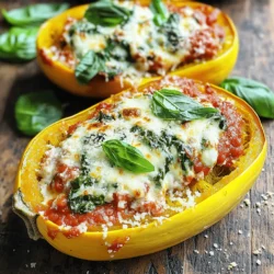 - 1 medium spaghetti squash - 1 cup ricotta cheese - 1 cup mozzarella cheese, shredded - 1 cup marinara sauce - 1 cup spinach, wilted - 1/2 cup grated Parmesan cheese - 1 clove garlic, minced - 1 teaspoon Italian seasoning - Salt and pepper to taste - Fresh basil leaves for garnish The main ingredients for this dish start with a medium spaghetti squash. This squash is the star of the show, offering a unique texture and flavor. The next key player is ricotta cheese, which adds creaminess. The mozzarella cheese brings a lovely stretch when melted. Next, we have additional ingredients. Marinara sauce gives the dish a rich, tangy base. Wilted spinach adds color and nutrients, making it healthier. Grated Parmesan cheese gives a nice salty bite to the top. For seasonings, we use minced garlic and Italian seasoning. These bring out wonderful flavors. Don't forget salt and pepper for balance. Finally, fresh basil leaves make a lovely garnish. They add a pop of green and fresh aroma. This combination makes a tasty dish that is simple to prepare. You will find it satisfying and delicious! - Preheat your oven to 400°F (200°C). - Cut the spaghetti squash in half lengthwise and scoop out the seeds. - Drizzle olive oil inside the squash and season with salt and pepper. Place the squash cut-side down on a baking sheet. Roast for about 30-35 minutes until the flesh is tender. - In a bowl, combine the ricotta cheese, half of the mozzarella cheese, minced garlic, Italian seasoning, and wilted spinach. - Mix well and season the mixture with salt and pepper to taste. - After roasting, let the squash cool slightly. Use a fork to scrape out the flesh into spaghetti-like strands. - Mix the strands with the ricotta mixture until combined. - Turn the squash halves over and fill each half with the ricotta and spaghetti squash mixture. Top each half with marinara sauce, the remaining mozzarella cheese, and a sprinkle of Parmesan cheese. - Return the filled squash boats to the oven. Bake for about 15-20 minutes, or until the cheese is melted and bubbly. - Remove from the oven and let cool for a few minutes. Garnish the dish with fresh basil leaves before serving. When picking a spaghetti squash, you want to choose wisely. Look for squash that feels firm when you hold it. A symmetrical shape is a good sign. The skin should have a pale yellow color. Avoid any squash with soft spots or blemishes. These can mean the squash is past its prime. You can save time by prepping in advance. Make the filling and roast the squash a day before. Just store them separately in the fridge. When you are ready to eat, assemble the boats and bake. This makes dinner easy and quick! Want to spice things up? Add red pepper flakes to your filling. This adds a nice kick to the dish. You can also mix in extra veggies. Mushrooms or bell peppers work great. This not only boosts flavor but adds color and nutrition too. {{image_2}} You can make your spaghetti squash lasagna boats even heartier. Incorporate ground turkey or beef for added protein. This change boosts the flavor and makes it more filling. If you like a richer taste, use cooked sausage. It adds a nice kick and makes the dish more savory. Want to make this dish dairy-free? It's easy! Simply substitute ricotta with cashew cheese. This creamy option keeps the texture smooth and delightful. For a vegan twist, use dairy-free cheese. It melts well and tastes great, ensuring everyone enjoys this dish. To switch up the flavor, think about your sauce. Swap marinara for pesto for a fresh, herby taste. This change gives your lasagna boats a unique twist. You can also create a creamy sauce for added richness. This option makes the dish feel extra indulgent while still being healthy. To keep your spaghetti squash lasagna boats fresh, store any leftovers in an airtight container. They will stay good for about 3 to 4 days. The flavors will meld together, making each bite even tastier! If you want to save some for later, freeze the filling separately from the spaghetti squash. This helps keep the texture and flavor intact. When you're ready to eat, thaw the filling in the fridge overnight. Then, reheat it in the oven for the best taste. To reheat, I recommend using the oven. This method warms the dish evenly, keeping it delicious. If you're in a hurry, you can use the microwave. Just keep in mind that it may change the texture a bit. Enjoy your flavorful meal again! Yes, you can use zucchini or yellow squash as alternatives. Both have a nice texture and flavor. They will work well in this recipe. Try them out for a fun twist. The flesh should be tender and easily shredded with a fork. You can test it by poking with a fork. If it slides in easily, it’s ready. Perfectly cooked squash gives you those lovely strands. Yes, this recipe is vegetarian. You can also add more veggies to enhance flavor. Mushrooms, bell peppers, and kale work great. Feel free to get creative with your veggie choices! The recipe is naturally gluten-free since it uses spaghetti squash instead of traditional pasta. No need for special substitutions. Enjoy a hearty meal that fits your diet with ease! This blog post showed how to create delicious spaghetti squash lasagna boats. You learned about choosing the right squash and making the filling. Following the step-by-step instructions, you can easily assemble and bake this dish. Remember, you can customize it with meat, dairy-free options, or different sauces. Store leftovers properly for future meals. Enjoy this tasty and healthy recipe that is simple and versatile. Cooking should be fun, so get creative and make it your own!