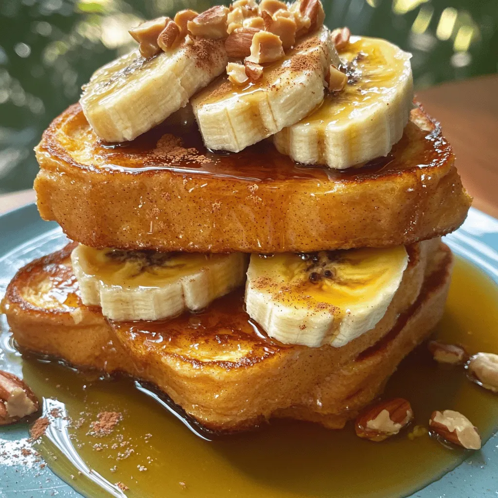 To make Peanut Butter Banana French Toast, you need the following key items: - 4 slices of whole-grain bread - 2 ripe bananas, sliced - 1/4 cup creamy peanut butter - 2 large eggs - 1/2 cup milk (dairy or non-dairy) - 1 teaspoon vanilla extract - 1 teaspoon cinnamon - 1 tablespoon maple syrup (plus extra for serving) - A pinch of salt - Butter or oil for cooking These ingredients come together to create a warm, tasty breakfast. The whole-grain bread adds fiber, and the bananas provide natural sweetness. You can make this recipe your own by adding: - Chopped nuts for crunch - Chocolate chips for sweetness - Coconut flakes for a tropical twist - Berries for extra fruitiness Feel free to mix and match these extras based on your taste. This dish is not only delicious but also offers good nutrition. Here’s a quick look at what you get: - Calories: Approximately 400 per serving - Protein: About 15 grams - Fat: Around 18 grams - Carbohydrates: Roughly 50 grams With whole grains and fruit, this meal fuels your morning and keeps you satisfied. First, grab a mixing bowl. Add two large eggs and 1/2 cup of milk. You can use dairy or non-dairy milk, based on your choice. Then, mix in 1 teaspoon of vanilla extract, 1 teaspoon of cinnamon, and 1 tablespoon of maple syrup. Don’t forget a pinch of salt! Whisk everything together until it’s smooth and well combined. This mixture gives the French toast its rich flavor. Next, take four slices of whole-grain bread. On two slices, spread a generous layer of creamy peanut butter. Now, slice two ripe bananas. Place the banana slices evenly on top of the peanut butter. This adds sweetness and texture. Finally, top each sandwich with the other two slices of bread. Now you have two tasty peanut butter-banana sandwiches ready to cook! It’s time to cook! Preheat a skillet or griddle over medium heat. Add a little butter or oil to coat the surface. Take each sandwich and dip it into the egg mixture. Make sure both sides soak well, but don’t let them get too soggy. Place the sandwiches on the hot skillet. Cook for about 3-4 minutes on each side. You want them golden brown and crispy. Once done, remove them from heat and slice each sandwich in half for easy eating. Serve warm with extra maple syrup and a sprinkle of cinnamon if desired. To get the best texture, use fresh bread. Whole-grain bread works well. Let it sit out for a bit to dry. This helps it soak up the egg mixture without getting too soggy. When mixing the egg mixture, whisk it well. This ensures a smooth blend of flavors. When cooking, keep the heat on medium. This helps cook the bread evenly, making it crispy outside and soft inside. You can boost the taste with a dash of nutmeg or a hint of cardamom. Add some vanilla extract to the egg mix for extra sweetness. For a fun twist, try a pinch of cocoa powder in the peanut butter. You can also swap bananas for berries. Strawberries or blueberries add a fresh burst of flavor. Serve your French toast warm on a plate. Drizzle with maple syrup for a sweet touch. You can add more banana slices on top for a fruity flair. A sprinkle of chopped nuts gives a nice crunch. For extra fun, try adding a dollop of yogurt. This adds creaminess and balances the flavors nicely. {{image_2}} You can mix it up with different spreads. Instead of peanut butter, try almond butter for a nutty twist. Hazelnut spread brings rich sweetness, while sunflower seed butter offers a nut-free option. Each spread adds its own taste. Choose one based on your mood or dietary needs. The bread you use can change the dish's taste. Whole-grain bread gives a hearty flavor, but you can use white or sourdough bread too. Brioche makes it extra rich and sweet. Gluten-free bread works for those with gluten issues. Experiment with different types to find your favorite! You can always enhance your French toast. Adding chocolate chips makes it dessert-like and fun. Chopped nuts give it a nice crunch and extra protein. You can also sprinkle in some cinnamon or nutmeg for added warmth. Fresh berries or sliced apples add freshness and color. The possibilities are endless! To store leftover peanut butter banana French toast, let it cool first. Place the slices in an airtight container. You can keep it in the fridge for up to three days. If you want to enjoy it later, make sure to layer them with parchment paper. This keeps them from sticking together. The best way to reheat your French toast is in a skillet. Heat a little butter or oil over medium heat. Place the slices in the skillet and cook for about two minutes on each side. This will make them warm and crispy again. You can also use a toaster oven. Set it to 350°F and heat for about five minutes. If you want to freeze your French toast, it’s easy! Wrap each slice in plastic wrap. Then, place them in a freezer bag. Make sure to remove as much air as possible. You can freeze the French toast for up to three months. When you are ready to eat, thaw it in the fridge overnight. Reheat it using the skillet or toaster oven methods mentioned above. Enjoy your tasty breakfast any time! Yes, you can use whole eggs. Whole eggs add richness and flavor. They also help bind the bread. If you want a lighter version, use only egg whites. Both options work well, so choose what suits you best. To make this recipe vegan, swap the eggs for flax eggs. Mix one tablespoon of ground flaxseed with three tablespoons of water for each egg. Let it sit for a few minutes to thicken. Use non-dairy milk, like almond or oat milk. Replace the butter with coconut oil or vegan butter. This way, you can enjoy a tasty vegan French toast! Whole-grain bread works great for French toast. It holds up well and adds fiber. You can also try brioche or challah for a richer taste. Just make sure the bread is slightly stale. Stale bread absorbs the egg mixture better, giving you a perfect French toast! This blog post covered how to make Peanut Butter Banana French Toast. We explored main and optional ingredients, so you can customize your meal. I shared step-by-step instructions, helpful tips, and different variations to try. You also learned how to store leftovers and reheating methods. In my final thoughts, this dish is fun and healthy. Experiment with flavors that excite your taste buds! Enjoy your cooking adventure and share it with others.