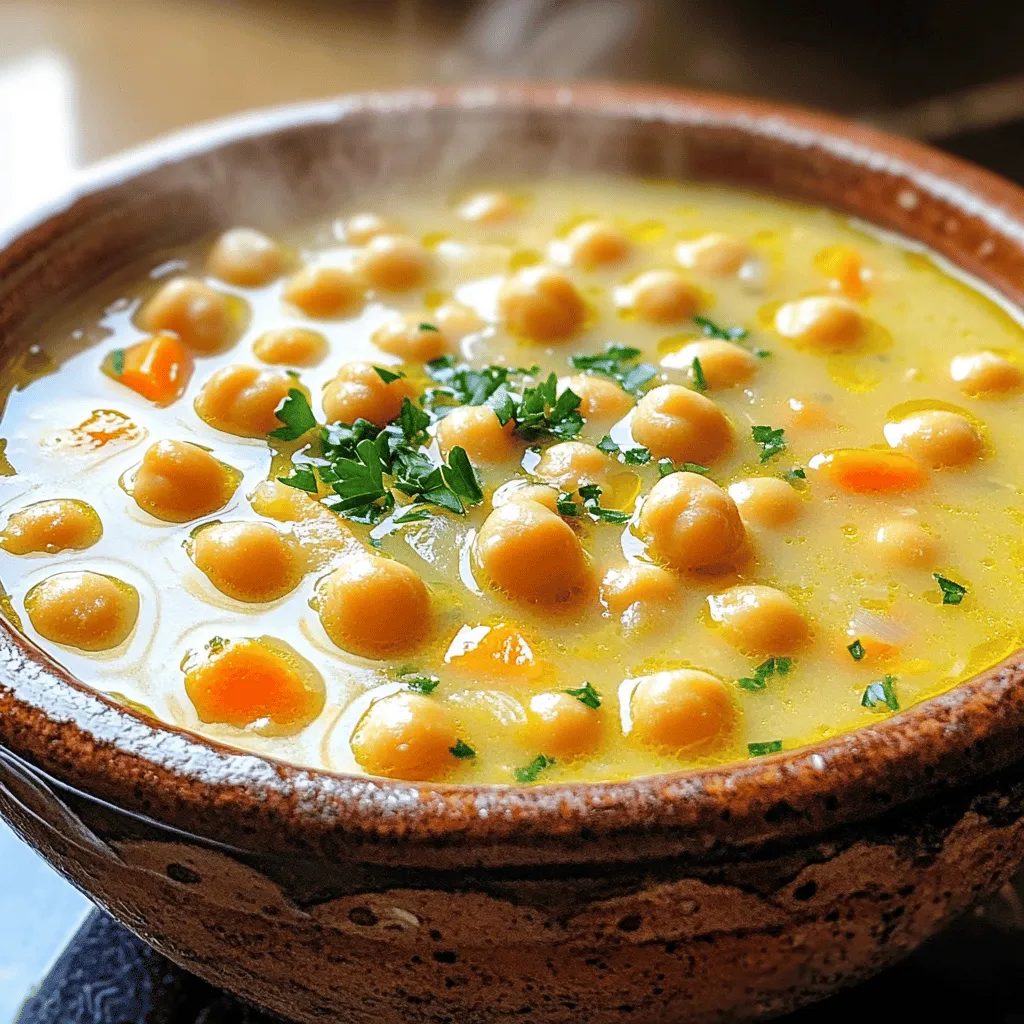 To make Lemon Garlic Chickpea Soup, gather these key ingredients: - 1 can (15 oz) chickpeas, drained and rinsed - 1 medium onion, diced - 3 cloves garlic, minced - 2 large carrots, diced - 2 celery stalks, diced - 4 cups vegetable broth - 1 cup water - 1 large lemon (juice and zest) - 1 teaspoon ground cumin - 1 teaspoon paprika - 1 bay leaf - Salt and pepper to taste - 2 tablespoons olive oil These ingredients create a rich and flavorful base. Chickpeas are the star, providing protein and fiber. The lemon and garlic add a fresh twist. The spices enhance the overall taste. You can make your soup even better with these garnishes: - Fresh parsley, chopped - Lemon wedges - Croutons Garnishes add color and extra flavor. Fresh parsley gives a nice touch of green. Lemon wedges let you adjust the tanginess to your liking. Croutons add a fun crunch. To prepare this soup, you will need: - A large pot - A stirring spoon - An immersion blender (or regular blender) - A cutting board and knife These tools help you cook and blend the soup easily. The large pot allows for even cooking. The immersion blender gives you control over the soup's texture. Having the right tools makes cooking more enjoyable. Start by getting your large pot ready. Pour in the olive oil and heat it over medium heat. Once hot, add the diced onion, carrots, and celery. Sauté these vegetables for about 5 to 7 minutes. You want them to soften and be fragrant. This mix is the base of your soup and gives it great flavor. Next, it's time to add the garlic. Stir in the minced garlic and sauté for 1 to 2 minutes. You will notice a lovely aroma filling your kitchen. This garlic boost adds depth to your soup. After that, add the drained and rinsed chickpeas. Toss in the vegetable broth and water. Squeeze in the lemon juice and add the lemon zest. Also, mix in the bay leaf, cumin, paprika, salt, and pepper. These spices will make your soup shine. Bring the pot to a boil. Once it boils, lower the heat. Let it simmer for about 20 minutes. This time helps the flavors blend well. After simmering, remove the bay leaf. Now, take an immersion blender and blend the soup to your liking. You can make it smooth or keep it chunky. If you want it creamier, blend it more. Taste your soup. Adjust with more salt, pepper, or lemon juice if needed. Serve it hot and sprinkle fresh parsley on top for a nice touch. To make your Lemon Garlic Chickpea Soup shine, try these tips. First, use fresh garlic. It adds a strong taste. Next, add a splash of lemon juice right before serving. This brightens the flavor. You can also stir in some kale or spinach for extra greens. Adding a bit of chili flakes gives it a nice kick. Finally, don't forget to season well with salt and pepper. Taste as you go! Many cooks skip the sauté step. This is a mistake! Sautéing the onions and garlic first builds a great base flavor. Another mistake is not tasting the soup before serving. Always check for seasoning. If the soup feels flat, a dash of more lemon juice can help. Also, avoid over-blending. Some texture is nice in the soup. You want it creamy but not like a puree. Serve your soup hot in a bowl. Garnish with fresh parsley for color and flavor. A drizzle of olive oil on top adds richness. Pair it with crusty bread or a fresh salad for a full meal. You can also serve it with a sprinkle of feta cheese for a salty bite. This soup is great for lunch or dinner and makes a lovely dish for sharing! {{image_2}} You can boost the nutrition of your Lemon Garlic Chickpea Soup by adding protein. Chickpeas are great, but you can add cooked chicken or turkey for more filling soup. If you prefer plant-based protein, try adding tofu or tempeh. They soak up the soup's flavors and add a nice texture. You can also mix in lentils for an extra kick of protein and fiber. Just remember to adjust the cooking time if you add raw meat or dried lentils. Want your soup spicier? You can easily adjust the heat. Add a pinch of red pepper flakes or a dash of hot sauce while cooking. If you like fresh heat, toss in diced jalapeños or serrano peppers with the onions. For a milder version, skip the spices or use sweet paprika instead of regular paprika. Taste as you go, and find your perfect balance! This soup is flexible! If you need to avoid certain ingredients, here are some swaps. Use low-sodium vegetable broth for less salt. If you're allergic to chickpeas, try using white beans or lentils. For a gluten-free dish, ensure your broth is gluten-free. If you're avoiding oil, you can sauté the veggies in water or broth. These substitutions keep the soup tasty while meeting your dietary needs. To store leftover Lemon Garlic Chickpea Soup, let it cool first. Pour it into an airtight container. This helps keep the soup fresh. You can store it in the fridge for up to five days. Label the container with the date, so you know when to use it. For long-term storage, freezing is a great option. Fill freezer-safe bags or containers with the soup. Leave some space at the top, as the soup will expand when frozen. It can last for up to three months in the freezer. When you’re ready to eat, just thaw it in the fridge overnight. To reheat your soup, you can use the stove or microwave. If using the stove, pour the soup into a pot. Heat it on medium-low until warm, stirring often. If using the microwave, place it in a bowl and cover it loosely. Heat in short bursts, stirring in between. Make sure it’s hot all the way through before serving. Yes, you can make this soup ahead of time. It stores well in the fridge for up to three days. The flavors develop more overnight. To reheat, just warm it on the stove. Stir occasionally until it’s hot throughout. If it's too thick, add a bit of water or broth to loosen it. This soup pairs well with many healthy sides. You can serve it with a fresh salad. A simple green salad with lemon vinaigrette works great. Whole grain bread or a piece of crusty baguette also complements it. For a lighter option, try veggie sticks with hummus. These sides add crunch and balance to your meal. This soup is already vegan and gluten-free! The main ingredients, like chickpeas and veggies, are all plant-based. Just ensure your vegetable broth is gluten-free. Check the label for any added ingredients. If you want to add protein, consider tossing in some tofu or quinoa. Both options keep it vegan and add more nutrition. This blog shared the key steps to make Lemon Garlic Chickpea Soup. You learned about the main ingredients, how to prepare the soup, and tips to avoid common mistakes. We discussed variations to fit your diet and how to store leftovers. This soup is not only tasty but also healthy. Experiment with flavors and make it your own. Enjoy the warmth and comfort this dish brings. Dive into this recipe and impress your friends and family!