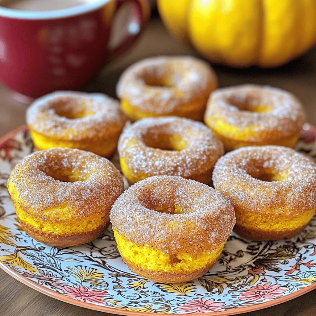The ingredients for pumpkin spice donut muffins are simple and easy to find. Here’s what you need: - 1 cup canned pumpkin puree - 1/2 cup granulated sugar - 1/2 cup brown sugar, packed - 1/3 cup vegetable oil - 2 large eggs - 1 teaspoon vanilla extract - 1 1/2 cups all-purpose flour - 1 teaspoon baking powder - 1/2 teaspoon baking soda - 1 teaspoon ground cinnamon - 1/2 teaspoon ground nutmeg - 1/2 teaspoon ground ginger - 1/2 teaspoon salt - 1/4 teaspoon ground cloves - 1/3 cup milk - 1/4 cup granulated sugar (for coating) - 1 teaspoon ground cinnamon (for coating) Each ingredient plays a key role in creating the perfect flavor and texture. The pumpkin puree gives moisture and rich taste. Sugar adds sweetness, while brown sugar adds depth. The oil keeps the muffins tender. The eggs bind everything together for a fluffy texture. The spices make these muffins special. Cinnamon, nutmeg, ginger, and cloves create that warm, comforting flavor. You can even tweak the spices to match your taste. Enjoy the process of gathering these ingredients, as they bring you closer to a cozy baking experience. 1. Preheat your oven to 350°F (175°C). This ensures even baking. 2. Prepare a standard muffin tin by greasing it or lining it with paper liners. This helps with easy removal. 3. In a large bowl, mix the wet ingredients: canned pumpkin puree, granulated sugar, brown sugar, and vegetable oil. Stir until smooth. 4. Add two large eggs, mixing well after each addition. Finally, stir in one teaspoon of vanilla extract. 5. In a separate bowl, combine the dry ingredients: all-purpose flour, baking powder, baking soda, ground cinnamon, nutmeg, ginger, salt, and cloves. Whisk until blended. 1. Gradually add the dry mix to the wet mix. Alternate with one-third cup of milk. 2. Start and end with the dry mix. Mix until just combined. Be careful not to overmix, or the muffins may turn out dense. 1. Spoon the batter into the prepared muffin tin. Fill each cup about two-thirds full. 2. Bake in the preheated oven for 18 to 20 minutes. Check for doneness with a toothpick. It should come out clean. 3. While the muffins bake, mix a quarter cup of granulated sugar with one teaspoon of ground cinnamon in a small bowl for coating. 4. Let the muffins cool in the pan for about five minutes. Then, transfer them to a wire rack. 5. While still warm, roll each muffin in the cinnamon sugar mixture. This gives them a sweet, crunchy finish. - Ensure proper oven temperature. Always preheat your oven to 350°F (175°C). This makes sure your muffins bake evenly. - Avoid overmixing for a light texture. When you combine the wet and dry ingredients, mix just until combined. This keeps your muffins fluffy and soft. - Serve on decorative plates. A nice plate makes your muffins look even more tempting. - Dust with extra cinnamon sugar for visual appeal. This adds color and a sweet touch. It makes each muffin shine. - Substitute ingredients for dietary preferences. Use almond milk instead of regular milk or swap out the oil for applesauce. This works well for vegan options. - Add-ins such as nuts or chocolate chips. Toss in some chopped walnuts or chocolate chips for added flavor. You can also try mini marshmallows for a fun twist! {{image_2}} You can take your pumpkin spice donut muffins to new heights with fun flavors. - Maple Pumpkin Spice Donut Muffins: Simply replace half of the granulated sugar with maple syrup. This adds a rich, sweet flavor. The maple pairs beautifully with pumpkin. - Chocolate Pumpkin Spice Donut Muffins: Fold in a cup of chocolate chips for a sweet twist. The chocolate deepens the flavor and makes them extra special. You can make these muffins healthier without losing taste. - Whole wheat flour substitution: Swap all-purpose flour for whole wheat flour. This adds fiber and nutrients. The muffins will still taste great, just a bit denser. - Reducing sugar or using alternatives: Cut down on sugar by using less granulated sugar. You can also try honey or coconut sugar. These options offer a unique flavor while lowering carbs. Make your muffins suit any occasion with seasonal spices. - Holiday-themed spice blends: Add a pinch of allspice or cardamom for a festive touch. These spices add warmth and depth, perfect for holiday gatherings. - Adapting for different occasions: For fall, use nutmeg and cloves. In spring, add lemon zest or a hint of ginger. This keeps your baking exciting and fresh. To keep your pumpkin spice donut muffins fresh, store them in an airtight container. This helps prevent them from drying out. Place a paper towel in the container to absorb excess moisture. This way, you’ll enjoy muffins that stay soft and tasty. You can store them at room temperature for up to three days. If you want to save muffins for later, freezing is a great option. First, let the muffins cool completely. Wrap each muffin in plastic wrap or aluminum foil. Then, place them in a freezer bag. Remove as much air as possible to prevent freezer burn. Muffins can stay frozen for up to three months. When you're ready to eat, thaw them in the fridge overnight. For the best taste, reheat your muffins before enjoying them. You can use a microwave or an oven. If using the microwave, heat on low power for 10-15 seconds. For the oven, preheat it to 350°F (175°C) and warm the muffins for about 5 minutes. This keeps them soft and brings back their flavor. Enjoy your warm, delightful muffins! How do I prevent muffins from sticking to the pan? To stop muffins from sticking, grease the pan well or use paper liners. You can use cooking spray or butter. Make sure to cover all areas inside the cups. Can I use fresh pumpkin instead of canned? Yes, you can use fresh pumpkin. Just cook and puree the pumpkin until smooth. Make sure to remove excess water for the best results. What can I substitute for eggs in the recipe? You can use unsweetened applesauce or mashed bananas to replace eggs. Use 1/4 cup of either for one egg. This keeps muffins moist and tasty. How long do these muffins last? These muffins can last about 3 days at room temperature. Store them in an airtight container for freshness. You can also refrigerate them for up to a week. Can I make this recipe gluten-free? Yes, you can make this recipe gluten-free. Use a gluten-free flour blend. Just ensure it has xanthan gum for the best texture. This recipe lays out everything you need to make tasty pumpkin muffins. You have learned the ingredients, easy steps, and tips for a great bake. Whether you are preparing for a cozy morning or a special occasion, these muffins are a hit. You can customize them or store them for later. Enjoy your baking journey and share it with friends. Happy cooking!
