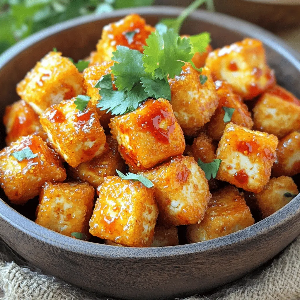 To make these tasty nuggets, you need: - 14 oz firm tofu, pressed and cubed - 3 tablespoons Sriracha sauce - 2 tablespoons soy sauce - 1 tablespoon honey or maple syrup - 4 cloves garlic, minced - 1 tablespoon sesame oil - 1 tablespoon cornstarch - 1 teaspoon smoked paprika - Salt and pepper to taste These ingredients create a wonderful mix of flavors. The tofu gives you a great base. Sriracha adds heat and spice. Soy sauce brings umami. Honey or maple syrup balances the heat with sweetness. Garlic adds depth, and sesame oil gives a nice aroma. Cornstarch helps achieve that crispy texture we all love! The marinade is key for flavor. You’ll whisk together: - Sriracha sauce - Soy sauce - Honey or maple syrup - Minced garlic - Sesame oil - Smoked paprika - Salt and pepper Mixing these ingredients makes your tofu burst with flavor. Let it soak for at least 30 minutes. This time allows the tofu to absorb all those amazing tastes. Garnishes can take your dish to the next level. I suggest: - Fresh cilantro Cilantro adds a fresh touch. You can sprinkle it on top after cooking. It not only looks nice but also enhances the flavor. Enjoy your crispy tofu nuggets with this simple, flavorful garnish! First, you need to press the tofu. This step is important. It helps remove extra water. Wrap the tofu in a clean kitchen towel. Place a heavy object on top. Let it sit for about 15 minutes. After pressing, cut the tofu into bite-sized cubes. This makes for easy eating and cooking. Next, you will make the marinade. In a mixing bowl, combine the following ingredients: - 3 tablespoons Sriracha sauce - 2 tablespoons soy sauce - 1 tablespoon honey or maple syrup - 4 cloves garlic, minced - 1 tablespoon sesame oil - 1 teaspoon smoked paprika - Salt and pepper to taste Whisk these together until they blend well. Add the tofu cubes to this marinade. Toss gently to coat each piece. Let the tofu sit in the marinade for at least 30 minutes. This will enhance the flavor. Now, it’s time to cook the tofu. First, sprinkle cornstarch evenly over the marinated tofu. Toss again to coat. This will help it get crispy. Preheat your air fryer to 375°F (190°C) for about 5 minutes. Place the tofu nuggets in the air fryer basket in a single layer. Make sure they are not crowded. Air fry the nuggets for 15-20 minutes. Shake the basket halfway through cooking. This helps them cook evenly. Once they are golden and crispy, remove them carefully. You can garnish with fresh cilantro if you like. Enjoy your crispy tofu nuggets! To get your tofu nuggets nice and crispy, follow these steps: - Press the Tofu: Always press your tofu. This removes extra water. Less water gives you better texture. - Use Cornstarch: After marinating, sprinkle cornstarch on the tofu. This helps create a crunchy outside. - Don’t Overcrowd: Place nuggets in a single layer in the air fryer. This allows hot air to circulate, making them crispy. Want to take your tofu nuggets to the next level? Here are some ideas: - Add Heat: Increase Sriracha for more spice. You can also mix in chili flakes. - Herbs and Spices: Try adding fresh herbs like basil or mint. You can also use different spices like cumin or turmeric for added depth. - Different Sauces: Experiment with sauces like teriyaki or hoisin. This gives you a new twist each time. Avoid these common pitfalls for the best results: - Skipping the Marinade Time: Letting the tofu marinate for at least 30 minutes is key. This allows the flavors to soak in. - Not Preheating the Air Fryer: Always preheat your air fryer. This ensures even cooking from the start. - Ignoring Cook Times: Keep an eye on the nuggets. Cooking times can vary based on your air fryer model. Check for golden color and crispiness before serving. {{image_2}} You can switch up the sauce for a new taste. Try using hoisin sauce for a sweet twist. If you prefer a tangy flavor, lemon juice adds brightness. A spicy garlic sauce can really amp up the heat. Each sauce brings its own fun vibe to the dish. While firm tofu works great, you can experiment with other types. Extra-firm tofu will give you a denser bite. Soft tofu offers a different texture but may not crisp as well. Silken tofu is not ideal for frying but can work in a sauce. Just remember to adjust your cooking time based on the tofu you choose. Mix in some fresh herbs for extra flavor. Chopped green onions add a nice crunch and oniony taste. A sprinkle of nutritional yeast gives a cheesy flavor without dairy. For a smoky touch, try adding liquid smoke to your marinade. Don't be afraid to play with spices to find your favorite blend! To store your leftover tofu nuggets, place them in a sealed container. Make sure they cool down first. Store them in the fridge for up to three days. Label the container with the date. This way, you keep track of freshness. Reheating tofu nuggets can be easy. I recommend using the air fryer again. Set it to 375°F (190°C) and heat for about 5-7 minutes. This will help them stay crispy. You can also use a microwave, but the texture may change. If you do use the microwave, heat in short bursts to prevent sogginess. If you want to freeze the nuggets, place them in a single layer on a baking sheet. Freeze them for about an hour until firm. Then, transfer them to a freezer bag. Remove as much air as possible. They can last for up to three months in the freezer. When ready to eat, bake them straight from frozen or thaw in the fridge overnight. Yes, you can try different tofu types. I recommend using firm or extra-firm tofu. Soft tofu can break apart easily. If you want a different texture, try baked or smoked tofu. These options add unique flavors to your dish. Just keep in mind that cooking times may change. This recipe is already vegan-friendly! Just use maple syrup instead of honey. Both options help balance the heat from the Sriracha. If you want a stronger flavor, add more garlic. You can also experiment with different marinades. Try adding lime juice or ginger for a twist. The tofu nuggets are done when they turn golden brown and crispy. You can check them at the 15-minute mark. Shake the basket to ensure even cooking. If they need more time, air fry them for another 5 minutes. Keep an eye on them to avoid burning. You learned how to make crispy Sriracha garlic tofu nuggets. We covered the main ingredients, marinade, and optional garnishes. I provided step-by-step instructions and valuable tips for perfecting your dish. You can explore different sauce options and seasonings to personalize your nuggets. Don’t forget to store leftovers properly and try the reheating tips. By using different tofu types and sauces, you can create exciting meals. Enjoy making these tasty nuggets and feel confident in your cooking. You now have all the tools for success!