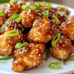 To make these tasty bites, gather these main ingredients: - 1 lb (450g) chicken breast, cut into bite-sized pieces - 1/4 cup honey - 3 tablespoons soy sauce (low-sodium) - 3 cloves garlic, minced - 1 tablespoon fresh ginger, grated - 1 tablespoon sesame oil - 1/2 teaspoon red pepper flakes (optional, for heat) - 1/4 cup cornstarch - 1 tablespoon vegetable oil (for frying) - 2 tablespoons sesame seeds These ingredients work together to create a rich and sweet flavor. The chicken absorbs the marinade well, enhancing the dish's taste. For those who love to experiment, consider adding these optional ingredients: - Extra red pepper flakes for more heat - A splash of rice vinegar for tanginess - Fresh herbs like cilantro for extra freshness Adding these can elevate the dish and give it a personal touch. Feel free to adjust based on your taste. Garnishes make a dish look appealing and add flavor. For this recipe, I suggest: - 2 green onions, sliced These green onions add a nice crunch and fresh flavor. They also brighten up the presentation, making the dish more inviting. Start by mixing the honey, soy sauce, minced garlic, grated ginger, sesame oil, and red pepper flakes in a bowl. This mixture is your marinade. Add the chicken pieces and stir to coat them well. Cover the bowl and place it in the fridge for at least 30 minutes. This step adds flavor and keeps the chicken juicy. Next, get a separate bowl and add cornstarch. Take the marinated chicken out of the fridge. Shake off any extra marinade from the chicken pieces. Roll each piece in the cornstarch until fully coated. This will help make the chicken crispy when cooked. Now it’s time to cook! Heat vegetable oil in a large skillet over medium-high heat. When the oil is hot, add the chicken bites in a single layer. If your skillet is small, cook in batches. Fry the chicken for about 4 to 6 minutes. Turn them occasionally until they are golden brown and cooked through. Once done, place the chicken on a paper towel-lined plate to absorb excess oil. In the same skillet, pour in the reserved marinade. If it seems too thick, add a little water. Bring it to a simmer over medium heat. Cook for 2 to 3 minutes until the sauce thickens slightly. This will give your chicken bites a nice glaze. Finally, return the fried chicken bites to the skillet. Toss them in the sauce until they are well-coated. Sprinkle sesame seeds on top and stir gently. Transfer the chicken bites to a serving plate and garnish with sliced green onions. Enjoy your tasty honey garlic sesame chicken bites! To make the chicken tasty, marinate it well. Mix honey, soy sauce, garlic, ginger, sesame oil, and red pepper flakes in a bowl. This mix adds flavor and helps tenderize the chicken. Coat the chicken pieces evenly. Cover the bowl and chill it in the fridge for at least 30 minutes. Longer marinating times, like 2 hours, make the chicken even better. For crispy chicken bites, coating is key. After marinating, shake off excess marinade. Roll each piece in cornstarch until covered. This layer helps create a crunch when frying. Make sure the oil is hot before adding the chicken. Cook in batches to avoid crowding the pan. This keeps the temperature up and helps them fry evenly. Fry until golden brown, about 4-6 minutes. When making the sauce, check its thickness. If it’s too thick, add a little water to thin it out. Bring the sauce to a simmer to enhance its flavors. Once it thickens, toss in the fried chicken bites. This ensures every piece gets coated in that sweet, savory sauce. A good sauce binds the flavors and makes the dish shine. {{image_2}} You can add heat to your dish with spicy honey garlic chicken bites. Just mix in red pepper flakes for a kick. I often use one teaspoon for a nice spice without overpowering the flavor. You can also add some sriracha to the marinade for more heat and depth. This adds a fun twist and keeps things exciting. Want to make it a meal? Try honey garlic chicken with vegetables. You can toss in broccoli, bell peppers, or snap peas. Just sauté the veggies with the chicken for the last few minutes of cooking. This adds color, texture, and nutrients to your dish. Plus, it's a great way to use up what you have in your fridge. If you prefer, you can switch the chicken for other proteins. Tofu is a fantastic option. Just press and cube it, then marinate just like the chicken. For shrimp, use peeled and deveined shrimp and reduce cooking time to about 2-3 minutes. Both alternatives will soak up the honey garlic flavors well. After enjoying your honey garlic sesame chicken bites, let them cool. Place leftovers in an airtight container. Store them in the fridge for up to three days. Make sure to keep the sauce separate if possible. This helps the chicken stay crispy. To reheat, use the stove for best results. Heat a pan over medium heat. Add the chicken bites for about 5 minutes or until warm. If the bites feel dry, add a splash of water or sauce. You can also use a microwave, but they may lose some crunch. Heat them in 30-second intervals and check often. If you want to freeze your chicken bites, they can last about three months. Let them cool completely, then place them in a freezer-safe bag. Remove as much air as possible. When ready to eat, thaw in the fridge overnight. To reheat, cook directly from frozen, adding a few extra minutes to the time. Yes, you can use other meats. Chicken thighs work well for added flavor. You might also try pork or beef. Just cut the meat into bite-sized pieces. Adjust the cooking time based on the meat type. Thicker cuts will need more time. Always ensure the meat is cooked through. To make honey garlic sesame chicken bites gluten-free, swap regular soy sauce for gluten-free soy sauce. You can also use tamari, which is a great alternative. Check the cornstarch label to ensure it is gluten-free as well. This way, you can enjoy the dish without worry. Many side dishes go well with this dish. Here are some great options: - Steamed rice or jasmine rice - Stir-fried vegetables like bell peppers and broccoli - Fried rice with peas and carrots - A fresh green salad with a light dressing These sides balance the sweet and savory flavors nicely. Yes, an air fryer can work great for this recipe! Coat the chicken in cornstarch as usual. Preheat your air fryer to 400°F (200°C). Cook the chicken for about 10-12 minutes, shaking the basket halfway through. This method gives you crispy bites with less oil. After cooking, toss them in the sauce just like you would with the skillet method. This blog covered all you need to make delicious honey garlic sesame chicken bites. You learned about the main and optional ingredients, cooking steps, and helpful tips. Variations let you explore new flavors, while storage info ensures freshness. In my view, cooking should be fun and easy. Try this recipe with friends or family for a tasty treat. Enjoy making your dish unique and share it with others. Happy cooking!