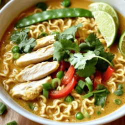 - 2 boneless, skinless chicken breasts, thinly sliced - 1 can (13.5 oz) coconut milk - 200g ramen noodles Chicken is the star here. I use boneless, skinless chicken breasts for a tender bite. Slice them thin for quick cooking. Coconut milk adds creaminess and a rich flavor. It brings warmth to the dish. Ramen noodles provide a delightful chew. They soak up the broth perfectly. - 1 tablespoon coconut oil - 1 tablespoon fresh ginger, grated - 3 cloves garlic, minced - 2 tablespoons red curry paste Coconut oil adds a subtle sweetness. It helps the aromatics bloom. Fresh ginger gives a zingy kick. Garlic adds depth to the dish. Red curry paste is the heart of flavor. It adds heat and spice, transforming the broth. - 1 cup snow peas - 1 red bell pepper, thinly sliced - 2 green onions, chopped (for garnish) - Fresh cilantro (for garnish) - Lime wedges (for serving) Snow peas add crunch and color. They cook quickly, keeping their bright look. Red bell pepper brings sweetness and a pop of color. For garnishes, green onions and fresh cilantro add freshness. Lime wedges give a tangy finish. Just a squeeze brightens every bite. - Preparing the ingredients: Gather all your ingredients first. This makes cooking easier. Slice the chicken breasts into thin pieces. Grate the fresh ginger and mince the garlic. Thinly slice the red bell pepper and chop the green onions. This prep helps the dish cook fast and keeps flavors bright. - Cooking the chicken: Heat one tablespoon of coconut oil in a large pot over medium heat. Add the ginger and garlic, cooking for about one minute. The smell will be great! Next, add the sliced chicken and cook until it's no longer pink, about five to seven minutes. This step ensures the chicken is juicy and tender. - Incorporating the curry paste and liquids: Stir in two tablespoons of red curry paste. Cook this for two more minutes. This deepens the flavor. Then, pour in one can of coconut milk and four cups of chicken broth. Stir well and bring it all to a gentle simmer. - Simmering the broth: Add two tablespoons of soy sauce and one tablespoon of lime juice. Mix everything together. Let it simmer for about ten minutes. This allows the flavors to blend together nicely. - Cooking the noodles: Add 200 grams of ramen noodles to the pot. Cook them according to the package instructions, usually about three to four minutes. Stir occasionally to keep them from sticking. - Adding vegetables and garnishing: In the last minute of cooking, toss in one cup of snow peas and the sliced red bell pepper. Cook just until they are tender but still bright. Remove the pot from heat. Serve the ramen in bowls and garnish with chopped green onions and fresh cilantro. Lime wedges on the side add a nice extra zing! To make your coconut curry chicken ramen shine, adjust the seasoning. Taste as you go. If it needs more heat, add a pinch of chili flakes. For a sweeter touch, a dash of sugar works wonders. Fresh herbs elevate this dish. Use cilantro or green onions for a bright finish. They add freshness and a pop of color. Choosing the right ramen noodles is key. Look for fresh or dried noodles at your local store. Fresh noodles cook quickly and give a nice chew. If you use dried, follow the package instructions. Cooking time is important. Always add the noodles at the right moment. This way, they won’t turn mushy. Pair your ramen with a light salad or spring rolls. A crisp side contrasts nicely with the rich soup. For drinks, iced tea or coconut water complements the meal. When serving, present the ramen in deep bowls. Garnish with green onions and cilantro. Add lime wedges for a zesty touch. This makes the dish look appealing and tasty! {{image_2}} You can switch the chicken for shrimp or tofu. Shrimp cooks quickly and adds a nice texture. Tofu, when firm, absorbs flavors well and adds protein. If you want to use different meats, consider pork or beef. Just ensure the meat is thinly sliced to cook evenly. Adding more vegetables makes the dish even better. Try carrots, spinach, or mushrooms for extra flavor and nutrition. You can also experiment with spices. Adding a dash of cumin or coriander gives a nice twist. Feel free to adjust the heat by adding chili flakes or fresh peppers. To make this dish gluten-free, use rice noodles instead of ramen. Check your soy sauce; choose a gluten-free brand. For a vegetarian version, simply skip the chicken and add more veggies or tofu. You can still use the same base of broth and coconut milk for rich flavor. To store your leftover Coconut Curry Chicken Ramen, let it cool first. Place it in an airtight container. This helps keep the flavors fresh. You can keep it in the fridge for up to three days. If you wait longer, the noodles might get too soft, and the taste may change. Freezing is a great option for longer storage. First, cool your ramen completely. Then, portion it into freezer-safe bags or containers. Try to remove as much air as possible. This prevents freezer burn. You can freeze it for up to three months. When you're ready to eat, just thaw it in the fridge overnight. When reheating, you can use either the stovetop or the microwave. The stovetop will give you better results, keeping the texture. Pour your ramen into a pot and add a splash of broth. Heat it gently over low heat, stirring often. This way, the noodles stay firm. If using the microwave, place your ramen in a safe bowl. Add a little broth, cover it, and heat in short bursts, stirring in between. This helps maintain the flavor, too. Can I use a different type of curry paste? Yes, you can use green or yellow curry paste. Each has a unique flavor. Green curry is spicier, while yellow is milder. Adjust the amount based on your taste. What can I substitute for coconut milk? If you need a substitute, use almond milk or soy milk. These options change the flavor a bit. Add some coconut extract to mimic the taste. Can I make this dish in advance? You can make this dish ahead of time. Just store the soup and noodles separately. This keeps the noodles from getting soggy. Reheat when ready to serve. What are good side dishes to serve with it? Serve this ramen with a fresh salad or steamed rice. You can also pair it with spring rolls for extra crunch. How do I prevent the noodles from getting too soggy? Cook the noodles just before serving. Drain them and rinse with cold water. This stops the cooking process and keeps them firm. What are the signs that the chicken is fully cooked? The chicken should be white all the way through. Use a meat thermometer to check for 165°F. This ensures it is safe to eat. This blog post covered a delicious ramen dish with chicken, coconut milk, and fresh veggies. We explored key ingredients, from ginger to red curry paste, and stepped through easy cooking steps. I shared tips for flavor, serving ideas, and how to store your dish. Remember, you can customize this recipe in many ways. Try different proteins or make it vegetarian. Use fresh herbs to boost flavor. With these ideas, you can create a tasty meal every time. Enjoy cooking and sharing this dish with others.