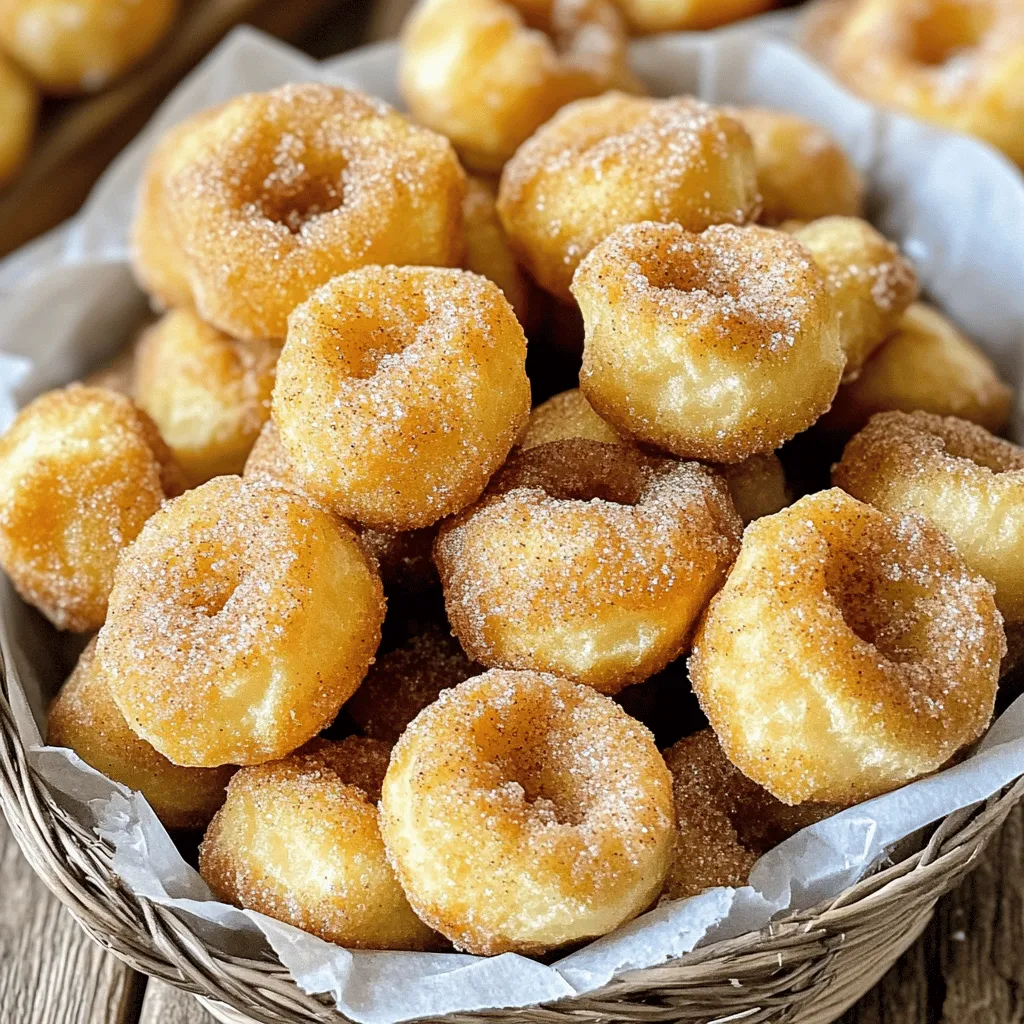 To make Air Fryer Cinnamon Sugar Doughnut Bites, gather these key ingredients: - 1 cup all-purpose flour - 1/4 cup granulated sugar - 1 tsp baking powder - 1/2 tsp baking soda - 1/4 tsp salt - 1/2 tsp ground cinnamon - 1/2 cup buttermilk - 1 large egg - 2 tbsp melted butter - 1/2 cup granulated sugar (for coating) - 1 tbsp ground cinnamon (for coating) These ingredients create a fluffy and sweet doughnut bite. The buttermilk adds moisture and richness. You can add a twist with these options: - Vanilla extract (1 tsp) for extra flavor - Nutmeg (1/4 tsp) for a warm spice note - Chocolate chips (1/2 cup) for a sweet surprise Adding these ingredients can elevate your doughnut bites to new heights. Choose fresh ingredients for the best taste: - Use fresh baking powder and baking soda for proper rising. - Quality granulated sugar enhances sweetness. - Fresh buttermilk makes the dough moist and tender. Good ingredients ensure your doughnut bites taste amazing and are worth sharing! Start by gathering your ingredients. In a mixing bowl, combine 1 cup of all-purpose flour, 1/4 cup of granulated sugar, 1 teaspoon of baking powder, 1/2 teaspoon of baking soda, 1/4 teaspoon of salt, and 1/2 teaspoon of ground cinnamon. Whisk them together until mixed well. In another bowl, mix 1/2 cup of buttermilk, 1 large egg, and 2 tablespoons of melted butter until smooth. Slowly add the wet mix to the dry mix. Stir gently. Do not overmix. You want a lumpy batter for soft bites. Next, preheat your air fryer to 350°F (175°C). This step is key. A hot air fryer helps the doughnut bites cook evenly. While you wait, lightly grease a doughnut or muffin pan. If you lack a doughnut pan, use mini muffin tins for doughnut holes. This will make it easier to pop them out later. Once your air fryer is hot, spoon the batter into the prepared pan. Fill each cavity about 3/4 full. Place the pan in the air fryer. Air fry the doughnut bites for about 6 to 8 minutes. They should turn golden brown. To check if they are done, insert a toothpick into the center. It should come out clean. If not, give them a minute more. While the doughnut bites bake, prepare the cinnamon sugar coating. In a shallow dish, mix 1/2 cup of granulated sugar with 1 tablespoon of ground cinnamon. This is where the fun begins! Once the doughnut bites are ready, take them out of the air fryer. Let them cool for about 2 to 3 minutes. While they are still warm, roll each bite in the cinnamon sugar mixture. Make sure they are fully coated for the best flavor. To make soft and fluffy doughnut bites, mix just enough. When you add wet to dry, stir gently. Look for a few lumps; it’s okay! If you mix too much, your doughnuts can turn tough. This step is key for a light texture. For even cooking, place doughnut bites in a single layer. Avoid crowding the pan. If you use a muffin tin, make sure each cavity is filled evenly. Check on them halfway through cooking. If needed, give the pan a little shake to help with the heat distribution. Preheat your air fryer to 350°F (175°C) before adding the doughnut bites. This helps them cook evenly. Lightly grease your pan to prevent sticking. After cooking, let them cool for a few minutes before rolling in cinnamon sugar. This keeps the coating from melting away. {{image_2}} You can easily change the flavor of your doughnut bites. For chocolate doughnut bites, add 1/4 cup of cocoa powder to the dry mix. Substitute some flour for the cocoa powder to keep the balance. For pumpkin flavor, mix in 1/2 cup of pure pumpkin puree. Adjust the spices by adding a pinch of nutmeg or ginger for warmth. While cinnamon sugar is classic, you can try other coatings. For a chocolate twist, roll the doughnut bites in melted chocolate, then in crushed nuts. For a festive touch, mix powdered sugar with vanilla extract for a sweet glaze. You can even use sprinkles for a fun, colorful finish! Making these doughnut bites gluten-free is simple. Use a gluten-free flour blend instead of all-purpose flour. For vegan options, swap buttermilk for almond milk and use flax eggs in place of the regular egg. Mix 1 tablespoon of ground flaxseed with 3 tablespoons of water, let it sit for five minutes, and it’s ready to use! To store leftover doughnut bites, place them in an airtight container. This keeps them fresh for up to three days. Make sure the bites are completely cool before storing. This helps prevent moisture buildup, which can make them soggy. Reheat your doughnut bites in the air fryer for about two to three minutes. Set the temperature to 300°F (150°C). This method keeps them warm and crispy. You can also use the microwave for about 10-15 seconds, but they may lose some crispness. To freeze doughnut bites, place them in a single layer on a baking sheet. Freeze for about an hour, then transfer them to a freezer-safe bag. They can last up to two months in the freezer. When ready to eat, thaw them overnight in the fridge before reheating. Yes, you can use regular milk. If you don’t have buttermilk, make a quick substitute. Add one tablespoon of vinegar or lemon juice to a cup of milk. Let it sit for five minutes. This helps the doughnut bites stay moist. Check for a golden brown color. Insert a toothpick into the center of a doughnut bite. If it comes out clean, they are ready. You want them to be soft yet firm to the touch. Doughnut bites are great with coffee or milk. You could also add a side of fruit, like berries. They also pair well with yogurt or ice cream for dessert. Yes, you can bake them in a regular oven. Preheat the oven to 350°F (175°C). Use the same dough and prepare a muffin tin. Bake for about 10-12 minutes. Follow the same steps for making the cinnamon sugar coating. This blog post guides you through making tasty doughnut bites. You learned about main and optional ingredients, ensuring good quality. We covered step-by-step instructions for dough prep and air frying. I shared tips to avoid mistakes and ways to customize flavors. You now know how to store and reheat leftovers. Remember, these doughnut bites are fun to make and easy to enjoy. Get creative with flavors and have fun in the kitchen!