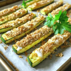 - 2 medium zucchinis, cut into fries - 1 cup breadcrumbs (preferably whole wheat for added flavor) - 1/2 cup grated Parmesan cheese - 1 teaspoon garlic powder - 1 teaspoon onion powder - 1 teaspoon Italian seasoning - 2 large eggs - Salt and pepper to taste - Cooking spray or olive oil for drizzling Gather these ingredients before you start. Zucchini is the star here. It brings a fresh taste and crunch. Whole wheat breadcrumbs add flavor and texture, making the fries even better. Parmesan cheese gives a salty, cheesy kick. Garlic powder, onion powder, and Italian seasoning blend well for a tasty mix. Eggs act as glue, helping the coating stick. Salt and pepper enhance all the flavors. Lastly, cooking spray or olive oil helps the fries crisp up nicely in the oven. - Calories per serving: approximately 150 - Macronutrient breakdown (carbs, fats, proteins): - Carbohydrates: 15g - Fats: 7g - Proteins: 7g These fries are a healthier choice. They provide good nutrients while being tasty. Zucchini is low in calories and high in fiber. Each serving has about 150 calories. You get a nice balance of carbs, fats, and proteins, making it a great snack or side dish. - Baking sheet - Parchment paper - Shallow bowls You will need a baking sheet to hold the fries. Parchment paper keeps things clean and helps with sticking. Shallow bowls are perfect for mixing eggs and the crumb mixture. With these tools, you are ready to create your tasty zucchini fries. Enjoy the process! - Preheat oven to 425°F (220°C). - Prepare baking sheet with parchment paper. First, you want to make sure your oven is hot. Preheating helps the fries crisp up nicely. Next, line your baking sheet with parchment paper. This step makes cleanup easy and prevents sticking. - Whisk eggs in one bowl. - Mix breadcrumbs and seasonings in another bowl. In one bowl, crack two large eggs. Whisk them until they are well beaten. In another bowl, combine breadcrumbs, Parmesan cheese, garlic powder, onion powder, Italian seasoning, salt, and pepper. This mix gives the fries great flavor and crunch. - Dip zucchini fries into eggs, then breadcrumb mixture. - Arrange on the baking sheet and drizzle with oil. - Bake for 20-25 minutes until golden brown. Now, take each zucchini fry. Dip it into the egg mixture first. Let any extra egg drip off. Then coat it well with the breadcrumb mix. Place the fries on your prepared baking sheet in a single layer. Drizzle with olive oil or spray with cooking spray to help them crisp up. Bake for 20 to 25 minutes. You want them golden brown and crispy. Make sure to turn them halfway through for even baking. To get the best crispy texture in your zucchini fries, I recommend a few tricks. First, make sure to cut the zucchinis evenly. This helps them cook at the same rate. Next, the secret to maximum crispiness lies in how you place the fries on the baking sheet. Always arrange them in a single layer. This prevents steaming and promotes even cooking. If they touch, they will not get that nice crunch we all want. When serving these fries, think about fun dips! Marinara is a classic choice. It adds a tangy flavor that pairs well with the cheese. Ranch dressing also works great for a creamy contrast. For extra flair, you can garnish the fries with fresh parsley or even some grated Parmesan. This adds a pop of color and makes your dish look more inviting. One big mistake to watch out for is overcrowding the baking sheet. If you pile the fries on top of each other, they will steam instead of bake. This leads to soggy fries, which are not what you want! Another common error is not seasoning enough. Make sure to add salt and pepper to taste. You can also try other spices for extra flavor. Seasoning is key to making these fries truly delicious. {{image_2}} You can easily change the flavor of your zucchini fries. For a spicy kick, add cayenne pepper or chili flakes. Just sprinkle a little into your breadcrumb mix. If you like herbs, try adding fresh parsley or basil. These will brighten up your fries and add freshness. If you need a gluten-free option, use gluten-free breadcrumbs instead. They work just as well in this recipe. For a dairy-free alternative to Parmesan, try using nutritional yeast. It gives a nice cheesy flavor too. These swaps make the recipe fit different diets. Baked Parmesan zucchini fries make a great side dish. They pair well with salads or grilled meats. You can also serve them as a fun appetizer at parties. Try dipping them in marinara sauce or a creamy ranch dressing. This adds more flavor and enjoyment to your meal. To keep your leftover fries fresh, store them in an airtight container. This method helps prevent moisture loss and keeps them tasty. They will last in the fridge for about 3 to 4 days. Always let them cool completely before sealing the container to avoid steaming. For the best results, reheat your fries in the oven. Preheat it to 375°F (190°C). Spread the fries on a baking sheet and heat for about 10 minutes. This method keeps them crispy. If you use a microwave, the fries may turn soggy. If you must use it, heat for only 30 seconds at a time. To freeze zucchini fries, arrange them in a single layer on a baking sheet. Place the sheet in the freezer until they are solid. Once frozen, transfer them to a freezer bag. Squeeze out the air before sealing. They can stay fresh for up to 3 months in the freezer. When you're ready to eat them, bake straight from frozen, adding a few extra minutes to the cooking time. Yes, you can make these fries ahead of time. To prep them, follow these steps: - Cut the zucchinis into fries. - Coat them in the egg and breadcrumb mixtures. - Place them on a baking sheet. - Cover and refrigerate for up to 24 hours. When you're ready to cook, simply bake them straight from the fridge. This saves time and keeps the flavor fresh. Baked Parmesan Zucchini Fries are quite healthy. Zucchini is low in calories and high in nutrients. Here are some benefits: - High in vitamins: Zucchini is rich in vitamin C and vitamin A. - Low in carbs: It’s a great option for low-carb diets. - Hydrating: Zucchini has a high water content, which helps keep you hydrated. - Fiber-rich: The fiber in zucchini aids digestion. These fries give you a tasty way to enjoy healthy veggies. If you want to add some heat, here are some easy tips: - Cayenne pepper: Mix this into the breadcrumb mixture for a kick. - Chili flakes: Sprinkle these on top before baking for added spice. - Hot sauce: Dip your fries in hot sauce instead of a mild sauce. These simple tweaks will spice up your zucchini fries and make them even more exciting! In this blog post, we covered a tasty recipe for Baked Parmesan Zucchini Fries. You learned about the ingredients, preparation steps, and tips for perfect fries. We also discussed storage methods and how to enjoy these fries with different dishes. These fries are easy to make and pack a healthy punch. Enjoy trying out new flavors and serving ideas. Whether you eat them alone or with a dip, you will love how they turn out!