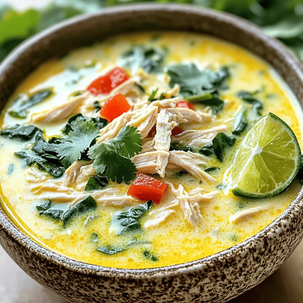 - 2 boneless, skinless chicken breasts - 1 tablespoon olive oil - 1 onion, diced - 3 cloves garlic, minced - 1 teaspoon fresh ginger, grated - 1 red bell pepper, diced - 1 can (400ml) coconut milk - 2 cups chicken broth - Juice and zest of 2 limes - 1 tablespoon fish sauce (or soy sauce) - 1 teaspoon ground cumin - Salt and pepper to taste I love using fresh ingredients in my cooking. The chicken gives you protein, while coconut milk adds creaminess. The lime juice brightens the flavor. Garlic and ginger bring warmth. Onion and red bell pepper add texture and sweetness. - 1 cup fresh spinach or kale, roughly chopped - Fresh cilantro, for garnish - Lime wedges, for serving Adding spinach or kale boosts nutrition. Fresh herbs like cilantro give a pop of flavor. Lime wedges on the side add fun for serving. These options make the soup even better. Preparing Chicken and Vegetables Start by dicing the onion and red bell pepper. Mince the garlic and grate the ginger. Cut the chicken into bite-sized pieces if you prefer quicker cooking. Cooking Aromatics In a large pot, heat olive oil over medium heat. Add the onion and cook until it turns soft. Stir in the garlic and ginger for a fragrant mix. Adding Liquids and Seasoning Once the aromatics are ready, add the bell pepper. Cook for a few more minutes, then add the chicken. Pour in chicken broth and coconut milk. Stir well, then bring to a gentle simmer. Cooking the Chicken Let the chicken cook for 15-20 minutes. It should be tender and fully cooked. Remove the chicken and let it cool slightly. Finishing Touches Shred the chicken and return it to the pot. Add lime juice, zest, and fish sauce (or soy sauce). Finally, stir in the spinach or kale until it wilts. Taste and adjust the seasoning as needed. This soup is creamy and bright. It warms you up and fills you up. Enjoy it with crusty bread or rice for a complete meal! Balancing Coconut and Lime Coconut milk gives the soup its rich base. Lime adds freshness and zing. Use the juice and zest of two limes. This keeps the soup bright. Adjust the lime based on your taste. If you want more zest, add a bit more lime. Customizing Spice Levels You can control the heat in your soup. Start with a pinch of cayenne pepper or red pepper flakes. Taste as you go. This way, you can find the right balance for your family. Remember, it’s easier to add spice than to take it away. Best Methods for Shredding Chicken Once the chicken is cooked, let it sit for a few minutes. Use two forks to shred the meat. Hold one fork in each hand and pull apart the chicken. This method keeps it tender and juicy. Tips for a Creamy Consistency To achieve that smooth and creamy texture, stir the coconut milk well. Add it slowly to the pot after the chicken cooks. If the soup is too thick, add more chicken broth. If it’s too thin, let it simmer longer to thicken. Alternative Proteins You can swap chicken for shrimp or tofu. Both options work well with the flavors. Just adjust your cooking time. Shrimp cooks quickly, while tofu needs a bit more time to absorb the soup’s flavor. Dairy-Free Options Coconut milk is already dairy-free, making this soup great for those with allergies. If you want a lighter version, use low-fat coconut milk. It will still keep the creamy texture you love. Adding Spices like Curry Powder For a twist, add curry powder. It gives the soup an exotic flavor. Start with a teaspoon and taste as you go. This can change the soup into a whole new dish. Incorporating Other Vegetables Feel free to add more vegetables for extra nutrition. Carrots, zucchini, or corn make great additions. Chop them small so they cook quickly. This also makes the soup colorful and fun. To keep your creamy coconut lime chicken soup fresh, store it properly. - Refrigeration Tips: Let the soup cool down first. Pour it into an airtight container. It will last for about 3 to 4 days in the fridge. Label the container with the date, so you know when to use it. - Freezing Guidelines: If you want to keep it longer, freeze the soup. Use a freezer-safe container or bag. Make sure to leave some space for expansion. It can last up to 3 months in the freezer. When ready to eat, thaw it in the fridge overnight. Reheating this soup can be simple and quick. - Best Methods for Reheating: You can use the microwave or stovetop. For the microwave, heat in short bursts, stirring in between. If using the stovetop, warm it over low heat, stirring gently. - Maintaining Creaminess: To keep your soup creamy, add a splash of coconut milk while reheating. Stir well to blend it back in. This helps restore the soup's rich texture. - How to make the soup spicier?: You can add red pepper flakes or diced jalapeños. Start with a small amount, then taste it. Adjust to your heat preference. - Can I use canned chicken?: Yes, you can use canned chicken. Drain and rinse it before adding it to the soup. It cooks faster than fresh chicken. - What other vegetables can I add?: Feel free to add zucchini, carrots, or corn. These add more flavor and color to your soup. Just chop them to similar sizes for even cooking. - Is there a substitute for coconut milk?: If you need a substitute, try almond milk or cashew cream. Both offer a creamy texture but will change the flavor slightly. {{image_2}} This blog post covered a simple, delicious chicken soup recipe using coconut milk. We discussed key ingredients like vegetables and seasonings. I shared tips for perfect flavor and cooking techniques to enhance your dish. We explored variations, including substitutions and flavor improvements. Lastly, I provided storage tips for leftovers. You can customize this soup as you please. Enjoy the process and make it your own. Happy cooking!