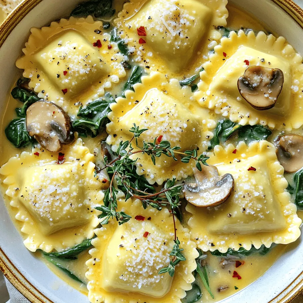 - 1 package (9 oz) fresh mushroom ravioli - 4 tablespoons unsalted butter - 4 cloves garlic, minced - 1 cup baby spinach - 1 teaspoon fresh thyme leaves - Salt and pepper to taste - Grated Parmesan cheese for serving - Crushed red pepper flakes for a kick You can swap fresh mushroom ravioli for cheese or spinach ravioli. If you don't have unsalted butter, salted butter works too. Use garlic powder instead of fresh garlic if needed. You can replace baby spinach with kale or arugula for a different taste. For a vegan option, use plant-based butter and skip the cheese or use a vegan alternative. To start, bring a large pot of salted water to a boil. This step is key for flavor. Once the water is boiling, add the fresh mushroom ravioli. Cook according to the package instructions, which usually takes about 3-5 minutes. You’ll know they are ready when they float to the surface and feel tender. Carefully drain the ravioli in a colander and set it aside. While the ravioli cooks, let’s make the garlic butter sauce. In a large skillet, melt 4 tablespoons of unsalted butter over medium heat. Once melted, add 4 cloves of minced garlic. Stir the garlic for about 1-2 minutes until it is fragrant and lightly golden. This part is important; burnt garlic can ruin the taste. Then, toss in 1 cup of baby spinach and 1 teaspoon of fresh thyme leaves. Cook for another 1-2 minutes until the spinach wilts down. Now it's time to combine everything. Add the drained ravioli directly into the skillet with the garlic butter sauce. Gently toss the ravioli to coat it evenly with the sauce. Season with salt and pepper to taste. If you like a bit of heat, sprinkle some crushed red pepper flakes on top. Serve the dish hot, and don’t forget to garnish with grated Parmesan cheese. For a lovely presentation, plate the ravioli in shallow bowls, drizzle with extra sauce, and finish with a sprig of thyme. Enjoy your tasty delight! To make the garlic butter sauce shine, use fresh garlic. Fresh garlic gives a stronger flavor. Mince it finely so it cooks evenly. Cook the garlic over medium heat. This helps it brown without burning. If it burns, the sauce will taste bitter. Add the butter to the skillet first. Let it melt slowly. As it melts, it will blend well with the garlic. You can add thyme for extra freshness. The herbs will brighten the dish and add depth. Presentation matters, even for quick meals. Serve the ravioli in shallow bowls. This makes it look fancy. Drizzle extra garlic butter sauce on top. It adds shine and flavor. Finish with a sprinkle of grated Parmesan cheese. A sprig of fresh thyme on top adds color. You can also add crushed red pepper flakes for a pop of color and spice. One common mistake is overcooking the ravioli. Follow the package instructions closely. Ravioli are done when they float. Be careful not to burn the garlic. Keep the heat at medium and stir often. If you see dark brown bits, the garlic is burnt. Lastly, taste your sauce before serving. Adjust salt and pepper as needed. This simple step can change the dish's flavor. Enjoy each bite of your garlic butter mushroom ravioli! {{image_2}} If you want more protein in your dish, try adding cooked chicken, shrimp, or sausage. Just sauté them in the garlic butter before adding the spinach. For a meat-free option, use chickpeas or lentils. They pack in protein and pair well with the flavors. This dish can easily fit a vegetarian or vegan diet. Use olive oil instead of butter for a vegan version. You can skip the cheese or use a plant-based alternative. Fresh herbs like basil or parsley can add great flavor without animal products. To make the dish pop, think about adding zest. A squeeze of lemon juice brightens flavors. You can also sprinkle in some Italian seasoning or fresh herbs like parsley or chives. For a spicy kick, try crushed red pepper flakes or a dash of hot sauce. These add warmth and depth to the sauce. After enjoying your Minute Garlic Butter Mushroom Ravioli, store any leftovers in an airtight container. Make sure to let the ravioli cool down first. This helps keep the dish fresh and tasty. Place it in the fridge. It will stay good for up to three days. If you want to save some for later, freezing is a great option. Place the cooled ravioli in a freezer-safe container or bag. Remove as much air as possible to prevent freezer burn. You can freeze it for up to two months. When you're ready to eat, thaw it overnight in the fridge. Then, reheat it in a skillet over low heat. You can add a splash of water or extra butter to keep it moist. Understanding the shelf life of your ingredients helps in planning meals. Fresh mushroom ravioli usually lasts about one week in the fridge. Store bought butter can last up to four months in the fridge. Garlic is good for about a month when kept in a cool, dark place. Baby spinach should be used within a week for the best taste and nutrition. Check these dates to avoid waste. Yes, you can use frozen ravioli. Just cook them in boiling water for a bit longer. Follow the package instructions. Frozen ravioli can taste great too! You can add many things to this dish. Try cooked chicken or shrimp for protein. Sautéed bell peppers or sun-dried tomatoes add nice flavor. You might enjoy adding fresh herbs like basil or parsley for more taste. To spice up the dish, add crushed red pepper flakes. You can mix them in with the garlic butter sauce. Another option is to add a dash of hot sauce before serving. For a bold kick, sauté chopped jalapeños with the garlic. In this blog post, we explored making delicious garlic butter ravioli. We covered key ingredients, step-by-step cooking methods, and helpful tips to get the best flavor. You learned about ingredient substitutions and ways to make the dish unique. Remember to store leftovers properly and avoid common mistakes. With these insights, you can create a delightful meal that impresses. Enjoy experimenting with flavors and making this dish your own!