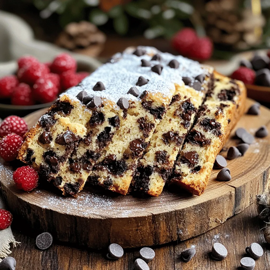 - 2 cups all-purpose flour - 1/2 cup granulated sugar - 1 tablespoon baking powder - 1/2 teaspoon salt The dry ingredients form the base of your scone bread. All-purpose flour gives it structure. Granulated sugar adds sweetness. Baking powder helps it rise. Salt enhances flavor. - 1/2 cup cold unsalted butter, cubed - 1/2 cup heavy cream - 1 large egg - 1 teaspoon vanilla extract For the wet ingredients, use cold unsalted butter for a flaky texture. Heavy cream adds richness, while the egg binds everything. Vanilla extract gives a lovely flavor that pairs well with the chocolate. - 1 cup semi-sweet chocolate chips - 1/4 cup mini chocolate chips (for topping) - Optional: 1 tablespoon coarse sugar for topping Chocolate chips are the stars of this recipe. Semi-sweet chips bring sweetness, while mini chips on top add a fun crunch. You can sprinkle coarse sugar for an extra touch of sweetness and texture. - Preheat the oven to 375°F (190°C). - Grease or line a 9x5 inch loaf pan with parchment paper. Start by making sure your oven is hot enough. This helps the scone bread rise well. Greasing the pan helps prevent sticking. Lining it with parchment paper makes removal easy. - Whisk together 2 cups of all-purpose flour. - Add 1/2 cup of granulated sugar. - Mix in 1 tablespoon of baking powder. - Add 1/2 teaspoon of salt. In a large bowl, whisk the dry ingredients. This step ensures an even mix. The baking powder is key for fluffiness. Make sure there are no clumps. - Work in 1/2 cup of cold unsalted butter, cubed. - Mix 1/2 cup of heavy cream, 1 large egg, and 1 teaspoon of vanilla extract into the dry mix. - Fold in 1 cup of semi-sweet chocolate chips. Now, add the cold butter to the flour mix. Use your fingers or a pastry cutter. You want it to look like coarse crumbs. Next, in a separate bowl, whisk the cream, egg, and vanilla. Slowly add this to the dry mix, stirring gently. Don’t overmix! Finally, fold in the chocolate chips carefully. To get the best texture in your chocolate chip scone bread, cold butter is key. When you use cold butter, it creates little pockets of air. This helps the bread rise and stay flaky. Make sure to cut the butter into small cubes before mixing it into the flour. Do not overmix the batter once you add the wet ingredients. Overmixing can make the bread tough. Stir just until you no longer see dry flour. Gentle folding keeps the texture light and airy. For perfect baking, set your oven to 375°F (190°C). Bake the scone bread for 40 to 45 minutes. To check if it's done, insert a toothpick into the center. If it comes out clean, your bread is ready. After baking, let the bread cool in the pan for about 10 minutes. Then, move it to a wire rack. This prevents sogginess and helps it cool evenly. When you slice your scone bread, cut it thick for a nice presentation. A serrated knife works best for clean cuts. Serve the slices on a pretty platter. For an extra touch, dust the top with powdered sugar. You can add fresh berries on the side for color. This scone bread pairs well with coffee or tea. Enjoy it as a delightful treat! {{image_2}} You can switch up the chocolate chips in this recipe for fun flavors. Try using white chocolate chips for a sweet twist. Dried fruits like cranberries or blueberries can add a nice tartness. You could even use peanut butter chips for a nutty flavor. Each swap can change the taste and make it your own. If you need gluten-free options, use almond flour or a gluten-free blend. These flours work well and keep the scone bread soft. For dairy-free needs, substitute heavy cream with coconut milk or almond milk. This keeps the bread moist without using dairy. Always check that your chocolate chips are dairy-free too. You can top your scone bread with more than just chocolate chips. Try adding chopped nuts, like walnuts or pecans, for a crunchy bite. A sprinkle of cinnamon or nutmeg can add warm spices. If you want extra sweetness, coarse sugar or a drizzle of honey works well. Each topping gives a unique flavor to your scone bread. To keep your chocolate chip scone bread fresh, store leftovers in an airtight container. This helps maintain moisture and flavor. Place the scone bread in the container once it cools completely. You can enjoy it for up to three days at room temperature. If you want to keep it longer, consider freezing. For longer shelf life, freezing is a great choice. Wrap the cooled scone bread tightly in plastic wrap. Then, place it in a freezer-safe bag or container. Make sure to label it with the date. This way, you can enjoy scone bread for up to three months. When you’re ready to eat, simply thaw it in the fridge overnight. To enjoy your scone bread warm again, use a few easy methods. If it's frozen, let it thaw first in the fridge. Then, preheat your oven to 350°F (175°C). Place the scone bread on a baking sheet. Heat it for about 10-15 minutes. This helps restore the soft texture. You can also microwave it for 15-20 seconds for a quick snack. Just be careful not to overheat, as it may dry out. Yes, you can make chocolate chip scone bread ahead of time. To do this, bake the bread and let it cool completely. Wrap it tightly in plastic wrap or foil. This helps keep it fresh. Store it in the fridge for up to four days. If you want to keep it longer, freeze it. Wrap it well and place it in a freezer bag. It can last for up to three months in the freezer. When you're ready to eat, thaw it overnight in the fridge. You can warm it in the oven for a few minutes before serving. If you need a substitute for heavy cream, there are several options. You can use whole milk mixed with butter. Combine 1/4 cup of butter with 3/4 cup of milk to make 1 cup of cream. For a dairy-free option, use coconut milk or almond milk. Silken tofu blended with a bit of water is another good choice. This will help you keep the same texture. These alternatives work well in the recipe and help fit different diets. To check if the scone bread is fully baked, insert a toothpick into the center. If it comes out clean or with a few crumbs, it is done. Look for a golden-brown top and a firm texture. The edges may pull away from the pan slightly. This means it is ready to cool. If the toothpick shows wet batter, bake for a few more minutes. Keep checking until it’s done. These signs help ensure that your scone bread is perfectly baked every time. This post covered how to make a delicious chocolate chip scone bread. We looked at the right dry and wet ingredients, plus fun add-ins and toppings. I shared step-by-step instructions to guide you from mixing to baking. Remember, using cold butter helps create the perfect texture. You can get creative with flavors and ideas to fit your diet. With these tips, your scone bread will impress. Happy baking!