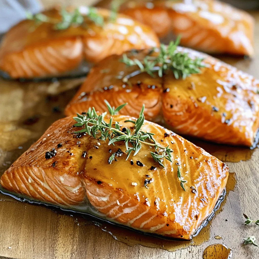 - 4 salmon fillets (about 6 ounces each) - 1/4 cup pure maple syrup - 2 tablespoons soy sauce - 2 tablespoons Dijon mustard - 1 teaspoon garlic powder - 1/2 teaspoon black pepper - 1 tablespoon olive oil - Fresh thyme or parsley for garnish (optional) When you pick salmon, look for bright, clear eyes. The skin should be shiny and moist. The flesh must be firm to the touch. A fresh salmon should not smell fishy; it should smell like the ocean. Ask your fishmonger about the source. Wild-caught salmon often has more flavor than farmed. If you can, choose sustainable options for better taste and health. If you don’t have maple syrup, try honey or agave syrup. Soy sauce can be swapped for tamari if you want a gluten-free dish. Use whole grain mustard instead of Dijon for a different taste. If you don’t have garlic powder, minced fresh garlic works well too. Don’t worry if you lack fresh herbs; dried thyme or parsley can still add flavor. To start, you need to make the marinade. In a small bowl, combine these ingredients: - 1/4 cup pure maple syrup - 2 tablespoons soy sauce - 2 tablespoons Dijon mustard - 1 teaspoon garlic powder - 1/2 teaspoon black pepper Whisk them together until smooth. This mix gives the salmon a sweet and savory taste. Next, it’s time to marinate the salmon. Take the 4 salmon fillets and place them in a shallow dish. Pour the marinade over the fillets. Make sure each piece is well-coated. Cover the dish and put it in the fridge. Let it marinate for at least 30 minutes. If you have time, let it sit for up to 2 hours. The longer it marinates, the better the flavor will be. After marinating, preheat your oven to 400°F (200°C). While that heats up, grab a large oven-safe skillet. Add 1 tablespoon of olive oil and heat it over medium-high heat. Once the oil is hot, take the salmon out of the marinade. Place the fillets skin-side down in the skillet. Sear them for 3-4 minutes. You want the skin to get crispy. Now, drizzle a bit of the leftover marinade on top of the salmon. Then, transfer the skillet to your preheated oven. Bake for 8-10 minutes. The salmon is done when it flakes easily with a fork. For an extra shine, pour any remaining marinade into the skillet after baking. Let it simmer for a minute, then spoon it over the salmon before serving. Enjoy your delicious maple glazed salmon! To get a great glaze, focus on your marinade. Mix maple syrup, soy sauce, Dijon mustard, garlic powder, and black pepper well. When you pour this over the salmon, make sure each piece gets coated. Let it sit in the fridge for at least 30 minutes. This helps the flavors soak in. For a thicker glaze, simmer some marinade after cooking. Pour this over your salmon before serving for that shiny finish. Cook salmon until it flakes easily with a fork. Start by searing it skin-side down. This makes the skin crispy and adds a nice texture. After searing for 3-4 minutes, move it to the oven. Bake at 400°F for about 8-10 minutes. Keep an eye on it, as cooking times may vary with thickness. Using a meat thermometer can help. Aim for 145°F at the thickest part to ensure it’s safe to eat. Maple glazed salmon pairs well with many sides. Consider serving it with roasted veggies or a light salad. Quinoa or wild rice also makes a great base. For a fresh touch, add a squeeze of lemon juice on top. Fresh herbs like thyme or parsley add color and flavor, too. Enjoy your meal with a glass of white wine for a complete dining experience! {{image_2}} You can easily change the taste of maple glazed salmon. Adding different spices or herbs can give it new flavors. For a spicy kick, try adding red pepper flakes to the marinade. If you want a citrus touch, mix in some orange juice or zest. You can also use different mustards, like spicy brown or honey mustard, to change the taste. Grilling and baking both work well for this recipe. Grilling gives a nice char and smoky flavor. It cooks quickly, so keep an eye on the salmon. To grill, preheat your grill to medium heat. Place the salmon skin-side down and close the lid. Cook for about 6-8 minutes. Baking, on the other hand, is great for even cooking. It allows the salmon to stay moist. Simply follow the baking steps in the recipe for a tender finish. You can enhance the glaze in many ways. Adding fresh ginger can give it a warm spice. Mix in chopped nuts, like pecans or walnuts, for a crunchy texture. If you love sweet and savory, include a bit of balsamic vinegar. This will add depth to the glaze. You can also sprinkle sesame seeds on top before serving for a beautiful finish. Store leftover maple glazed salmon in an airtight container. This keeps it fresh. Let the salmon cool to room temperature first. Then, seal it tightly. Place the container in the fridge. Use leftover salmon within three days for the best taste. To reheat salmon, preheat your oven to 350°F (175°C). Place the salmon on a baking sheet. Cover it with foil to keep it moist. Heat for about 10-15 minutes. You can also use a microwave. Put the salmon on a microwave-safe plate. Heat in 30-second intervals until warm. Be careful not to overcook it. If you want to freeze salmon, wrap each piece tightly in plastic wrap. Then, place them in a freezer bag. Remove as much air as you can. Label the bag with the date. You can freeze salmon for up to three months. When ready to eat, thaw it in the fridge overnight. You should marinate salmon for at least 30 minutes. For deeper flavor, let it sit for up to 2 hours. This time allows the marinade to soak into the fish. It enhances the taste, making the salmon more delicious. Yes, you can use other sweeteners. Honey, agave nectar, or brown sugar work well. Each sweetener brings a different flavor profile. Just keep in mind that the taste will change slightly with each option. Cook salmon to an internal temperature of 145°F (63°C). This ensures the fish is safe to eat. Use a food thermometer to check the temperature easily. When done, the salmon should flake with a fork. In this blog post, we examined the key ingredients for maple glazed salmon, from fresh salmon selection to possible substitutions. We covered the steps to prepare the marinade, marinate the fish, and cook it perfectly. I shared tips for achieving the ideal glaze and offered serving ideas. We also looked at variations, storage techniques, and answered common questions. With these steps, you can craft a delicious dish that impresses everyone. Enjoy your cooking!