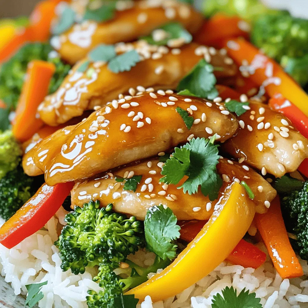 - 1 lb (450g) boneless, skinless chicken thighs, sliced into strips - 2 tablespoons honey - 3 tablespoons soy sauce (or tamari for gluten-free) - 4 cloves garlic, minced - 1 teaspoon fresh ginger, grated - 2 cups mixed bell peppers (red, yellow, green), sliced - 1 cup broccoli florets - 1 carrot, julienned - 2 tablespoons vegetable oil The main ingredients make this dish shine. The chicken thighs are juicy and tender. Honey adds sweetness, while soy sauce gives it depth. Garlic and ginger bring a punch of flavor. The mix of bell peppers and broccoli adds color and crunch. - Sesame seeds for garnish - Fresh cilantro for garnish (optional) - Cooked jasmine rice or noodles for serving Optional ingredients enhance your dish. Sesame seeds add a nutty crunch. Fresh cilantro gives a bright finish. Serving the stir fry over jasmine rice or noodles makes it filling. You can mix and match to suit your taste. - In a small bowl, mix together: - 2 tablespoons honey - 3 tablespoons soy sauce - 4 cloves garlic, minced - 1 teaspoon fresh ginger, grated This sauce will bring a sweet and savory flavor to your dish. Set it aside to let the flavors blend. - Slice and prepare the chicken and vegetables: - Take 1 lb of boneless, skinless chicken thighs and cut them into strips. - Slice 2 cups of mixed bell peppers into thin pieces. - Cut 1 cup of broccoli into florets. - Julienne 1 carrot into thin strips. Make sure all ingredients are ready. This makes cooking faster and easier. - Heat 1 tablespoon of vegetable oil in a large skillet or wok over medium-high heat. - Add the sliced chicken to the hot oil. Stir-fry the chicken for about 5-7 minutes, until it is browned and cooked through. The chicken needs to be cooked well for the best taste. - Remove the chicken from the skillet and set it aside. - In the same skillet, add another tablespoon of vegetable oil. - Add the broccoli, bell peppers, and carrot. Stir-fry these vegetables for about 4-5 minutes until they are tender-crisp. You want the veggies to stay bright and crunchy for a great texture. - Return the cooked chicken to the skillet. Pour the honey garlic sauce over the top. - Toss everything together and cook for another 2-3 minutes. This helps the sauce to thicken and coat everything evenly. Mix well to ensure every bite is full of flavor. - Remove from heat. Serve the stir fry hot over cooked jasmine rice or noodles. You can use rice or noodles based on your preference. - Optional: Garnish with sesame seeds and fresh cilantro for a pop of color. This adds a nice touch and extra flavor. - Selecting the best chicken cuts: I recommend using boneless, skinless chicken thighs. They stay juicy and tender during cooking. Thighs also soak up flavors well. If you prefer, you can use chicken breast, but be careful not to overcook it. - Ensuring vegetables retain crunch: To keep your veggies crisp, avoid cooking them too long. Stir-fry them until they are tender but still bright. This usually takes about 4-5 minutes. Cut your bell peppers and broccoli into similar sizes for even cooking. - Pairing with jasmine rice or noodles: Serve your honey garlic chicken stir fry over jasmine rice or noodles. Both options soak up the sauce nicely. Cook the rice or noodles according to package instructions for the best results. - Ideas for plating and garnishing: For a beautiful plate, use a shallow bowl. Place the rice or noodles first, then add the stir fry on top. Sprinkle sesame seeds and fresh cilantro for a pop of color. This not only looks good but also adds flavor. {{image_2}} You can switch the protein in this dish. Try tofu for a veggie option. Shrimp also works well. Both add great flavor and texture. For vegetables, feel free to mix it up. You can use snap peas, zucchini, or even mushrooms. Just cut them similarly so they cook evenly. Your stir fry will still be colorful and tasty. If you want more spice, add red pepper flakes or a little sriracha. This adds heat and depth to the dish. Citrus can brighten the flavors too. Squeeze lime or orange juice over the stir fry just before serving. It adds a fresh zing that pairs perfectly with the honey. To store your honey garlic chicken stir fry, let it cool first. Use an airtight container. This keeps the flavors fresh. Store it in the fridge. It will last up to three days. If you want to keep it longer, freeze it. Make sure to use freezer-safe containers. This will help prevent freezer burn. When reheating, you want to keep that great texture. The best way is to use a skillet. Heat it over medium heat and add a splash of water. This helps steam the stir fry. Stir occasionally until it's hot. You can also use a microwave. If you do, use a microwave-safe dish. Cover it to keep moisture in. For freezing, portion the stir fry into smaller containers. This makes it easy to reheat later. To reheat from frozen, thaw it overnight in the fridge. Then use the skillet method or microwave. Enjoy your tasty meal again! Can I make this dish ahead of time? Yes, you can prepare the honey garlic sauce and chop the veggies ahead. Store them in the fridge. Cook the chicken and stir fry just before serving. This keeps it fresh and tasty. Is this recipe gluten-free? Yes, if you use tamari instead of soy sauce. Tamari is a gluten-free option. Always check labels to be sure they are gluten-free. What can I substitute for honey? You can use maple syrup or agave nectar. Both add sweetness similar to honey. Adjust the amount to match your taste. How to adjust the recipe for larger servings? To make more servings, double or triple the ingredients. Keep the same cooking times. Use a larger skillet or wok to cook everything evenly. What side dishes pair well with Honey Garlic Chicken Stir Fry? Serve this dish with jasmine rice or noodles. You can also add a side salad or steamed vegetables for more color and nutrients. In this post, we explored a flavorful Honey Garlic Chicken Stir Fry. We covered key ingredients like chicken, honey, and veggies, plus optional ingredients to enhance your dish. The step-by-step instructions made cooking simple and fun. I shared tips for choosing the best chicken and keeping veggies crisp. We also looked at storage options and answered common questions, ensuring a smooth cooking experience. Try this easy recipe, and enjoy a tasty meal that can impress anyone!
