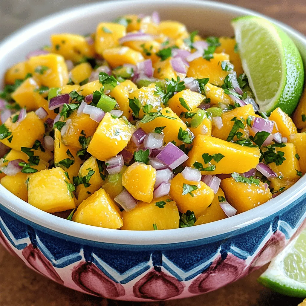 To make a vibrant Mango Peach Salsa, gather these fresh ingredients: - 1 ripe mango, diced - 2 ripe peaches, diced - 1/2 red onion, finely chopped - 1 jalapeño, deseeded and minced - 1/4 cup fresh cilantro, chopped - Juice of 1 lime - Salt to taste - Pinch of black pepper Each ingredient adds its own flavor and texture. The mango and peaches bring sweetness and juiciness. The red onion adds crunch and a bit of sharpness. Jalapeño gives it a gentle kick. Cilantro adds freshness, while lime juice ties everything together. You can enhance the salsa with optional seasonings. Consider adding: - Garlic powder for a savory touch - Cumin for warmth - A dash of hot sauce for extra spice These optional seasonings let you customize the salsa to your taste. You can experiment to find what you love most. Mango Peach Salsa is not only tasty but also healthy. Here are some benefits: - Mango is rich in vitamins A and C. - Peaches provide antioxidants and fiber. - Onions offer heart health benefits. - Cilantro is great for digestion. - Jalapeño can boost your metabolism. This salsa is a low-calorie treat. It’s perfect for a snack or as a topping on grilled dishes. Enjoy the flavors and the health perks! Start by gathering all your ingredients. You need one ripe mango, two ripe peaches, half a red onion, one jalapeño, and a quarter cup of fresh cilantro. Cut the mango and peaches into small, even pieces. Finely chop the red onion and mince the jalapeño after removing the seeds. Finally, chop the cilantro. In a large mixing bowl, add the diced mango and peaches first. Then, toss in the red onion and jalapeño. Next, sprinkle in the chopped cilantro. Stir the mixture gently to combine the fruits and veggies evenly. This step is key for a well-balanced flavor. Now, squeeze the juice of one lime over the mixture. Toss everything together one more time. Add salt to taste and a pinch of black pepper. Taste the salsa, and adjust the seasoning if needed. Let it sit at room temperature for 10 to 15 minutes. This time helps the flavors blend beautifully. Serve it in a colorful bowl, and enjoy your fresh mango peach salsa! To make the best mango peach salsa, pick ripe fruits. Look for mangoes that feel soft when you press them lightly. Their skin should have a mix of green and yellow. For peaches, choose ones that give slightly under pressure. The color should be vibrant and free from blemishes. Ripe fruits offer the best flavor and sweetness, making your salsa shine. If you like a little heat, keep the jalapeño seeds in. For less spice, remove all seeds. You can also add more or less jalapeño based on your taste. If you want a milder salsa, try adding a bit of sugar. This will balance the heat and enhance the sweetness of the fruits. Serve your mango peach salsa in a bright bowl for a fun look. Garnish with extra cilantro and a lime wedge for a fresh touch. This salsa pairs perfectly with tortilla chips for dipping. You can also use it as a topping on grilled chicken or fish. The bright flavors make every dish feel special and fresh. {{image_2}} You can add more fruits to make your salsa even better. Try mixing in diced pineapple or chopped kiwi. These fruits bring more sweetness and bright flavors. You can also use berries like strawberries or blueberries for a twist. Each fruit adds its own taste and texture, making your salsa unique. If you like spice, adjust the heat level to your taste. Add more minced jalapeño for a hotter kick. You can also try using a serrano pepper for more heat. If you want it milder, remove the seeds from the jalapeño. You can replace the jalapeño with a bell pepper for a sweet touch without the heat. This salsa is already vegan and gluten-free, making it a great choice for everyone. If you want to add protein, consider black beans or chickpeas. These options keep your dish plant-based and healthy. Enjoy this salsa with corn chips, tacos, or grilled meats for a tasty meal. To keep your mango peach salsa fresh, use an airtight container. Glass or plastic works well. Make sure to seal it tightly. Store it in the fridge right after making it. This helps to keep the flavors bright and fresh. Mango peach salsa can last for about three days in the fridge. After that, the fruit may start to lose its crunch. If you notice changes in color or smell, it’s best to toss it out. Always trust your nose and eyes! You can freeze mango peach salsa if you want to keep it longer. Transfer the salsa into freezer-safe bags or containers. Leave some room at the top for expansion. It can last for about three months in the freezer. When you want to use it, thaw it in the fridge overnight. Keep in mind, the texture may change slightly after freezing. You can serve Mango Peach Salsa with many dishes. I love it with tortilla chips for a tasty snack. It pairs well with grilled chicken, fish, or tacos. You can also add it to salads for a fresh kick. Try it on nachos for a fun twist! The salsa adds flavor and color to any dish. To pick ripe mangoes, look for smooth skin and a slight give when pressed. The color may vary, but it should have some yellow. For peaches, choose ones that smell sweet and feel soft but not mushy. The skin should be free of blemishes. If you can’t find ripe fruit, let them sit at room temperature for a few days to ripen. Yes, you can make Mango Peach Salsa ahead of time! It tastes even better after the flavors mix. Just cover it and store it in the fridge for up to 24 hours. If you make it too early, the fruit may get mushy. Add the lime juice just before serving for the best taste. Mango peach salsa adds fresh taste and health benefits to meals. We covered step-by-step instructions, tips on picking ripe fruit, and ways to store your salsa. Don’t forget to try different variations to keep things fun. Customizing your dish makes each bite special. Enjoy the vibrant flavors, and remember, fresh ingredients make all the difference. Your salsa can impress anyone at the table. Now, get cooking and savor every scoop!