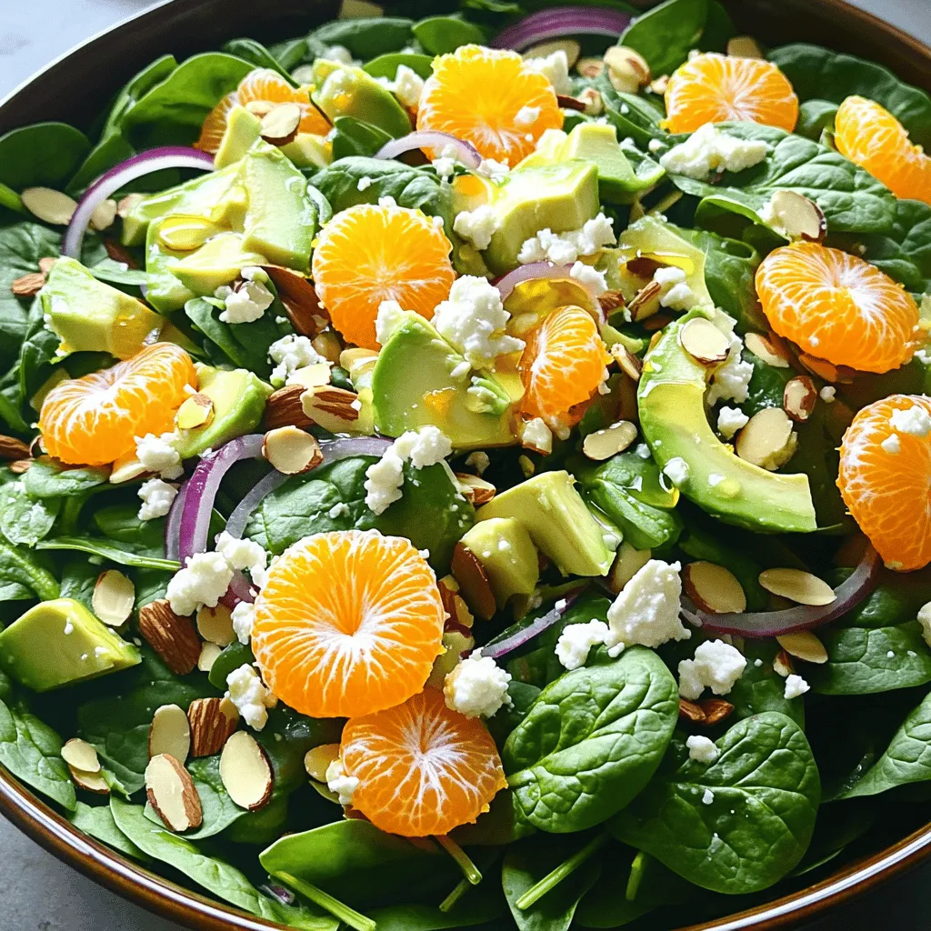 - 8 cups fresh spinach, washed and dried - 1 cup mandarin orange segments (canned or fresh) - 1/2 cup sliced almonds, toasted - 1/3 cup red onion, thinly sliced - 1 avocado, diced - 1/4 cup feta cheese, crumbled (optional) - 1/4 cup olive oil - 2 tablespoons apple cider vinegar - 1 tablespoon honey - Salt and pepper to taste Choosing fresh spinach When picking spinach, look for bright green leaves. Avoid any yellow or wilting leaves. Fresh spinach adds a crisp texture and vibrant flavor. Selecting canned vs. fresh mandarin oranges Fresh mandarin oranges are sweet and juicy. If you use canned, check for those packed in juice, not syrup. This choice helps keep the salad healthy. Importance of toasting almonds Toasting almonds brings out their flavor. It adds a nice crunch to the salad. Simply place them in a dry pan over medium heat. Stir for a few minutes until golden brown. Let them cool before adding to the salad. Start by washing 8 cups of fresh spinach. I like to use cold water. After washing, dry the spinach well. You can use a salad spinner for this. It helps remove extra water. Next, grab a large salad bowl. This will hold all your tasty ingredients. Now comes the fun part! Take your 1 cup of mandarin orange segments and arrange them on top of the spinach. You can use canned or fresh oranges, whichever you prefer. Then, sprinkle 1/2 cup of sliced almonds over the oranges. Toasted almonds add a nice crunch. Dice 1 avocado and add it next. For more flavor, thinly slice 1/3 cup of red onion and mix it in. If you like, crumble 1/4 cup of feta cheese on top for a creamy touch. For the dressing, grab a small mixing bowl. Combine 1/4 cup of olive oil, 2 tablespoons of apple cider vinegar, and 1 tablespoon of honey. Whisk these together until well-mixed. Add salt and pepper to taste. You want the dressing to be slightly thickened. This helps it stick to your salad. When you're ready, drizzle the dressing over the salad just before serving. Toss everything gently to coat the ingredients evenly. Enjoy your fresh and flavorful dish! To boost the taste of your Mandarin Orange Spinach Salad, consider adding fresh herbs like mint or basil. These herbs bring a nice touch of brightness. You can also use spices like cumin or chili powder for a bit of warmth. When it comes to the dressing, balance the sweetness of the honey. If it’s too sweet, add a little more apple cider vinegar. This adds tang and keeps the flavors fresh. Making this salad look great is easy. Use a large, shallow bowl to show off the colors. Start with the bright green spinach as your base. Next, layer the orange segments on top. This adds a pop of color. For serving, consider using individual bowls. This makes it easy for guests to enjoy their own portion. You can also garnish with extra nuts or herbs for a nice touch. If you want a vegan salad, skip the feta cheese. You can also swap the honey with agave syrup or maple syrup. This keeps the sweetness without animal products. To make it gluten-free, check that your dressing ingredients are free from gluten. The salad is already low in calories but you can cut back by using less olive oil. Just drizzle lightly for flavor without extra calories. {{image_2}} You can mix up your salad by swapping out spinach. Try using kale or mixed greens instead. Both options provide a different taste and texture. If you want a lighter option, use arugula. Each green adds its own flair. For fruits, mandarin oranges shine, but you can add other options. Try using sliced strawberries, apples, or even pomegranate seeds. Each fruit brings a unique flavor that can change the whole dish. Be creative and use what is fresh! While the honey vinaigrette is tasty, you have other choices. A citrus dressing can enhance the salad's flavor. Combine lime juice with olive oil for a zesty kick. You can also try a yogurt-based dressing for creaminess. When it comes to dressings, homemade is often best. Store-bought options can save time, but they may add unwanted preservatives. Making your own ensures fresh flavors and no hidden ingredients. Change your salad to match the seasons. In spring, add fresh strawberries or snap peas. Summer is great for peaches or blueberries. In fall, try adding roasted butternut squash or apples. Winter is perfect for using citrus fruits like grapefruit. Seasonal swaps keep the salad exciting and fresh. To keep your Mandarin Orange Spinach Salad fresh, store it properly. Put any leftover salad in an airtight container. This will help keep the spinach crisp and the flavors bright. Avoid adding dressing if you plan to store leftovers. Dressing can make the spinach soggy. Instead, store the dressing in a separate container. You can mix it in just before serving. Use glass containers with tight lids for the best results. They prevent air from getting in and help keep the salad fresh. You can also use plastic containers, but make sure they seal well. If you're using a bowl, cover it tightly with plastic wrap. This salad is best served cold, so reheating is usually not needed. However, if you prefer warm spinach, you can quickly toss it in a pan over low heat. This will wilt the spinach slightly but still keep it tasty. Avoid cooking it too long, or it may lose texture. Your Mandarin Orange Spinach Salad will last about 2 to 3 days in the fridge. Make sure to check for any signs of spoilage before eating. If the spinach looks wilted or slimy, it’s time to toss it. Always trust your senses when checking for freshness. How do I make this salad ahead of time? You can prepare this salad a few hours early. Wash and dry the spinach. Store it in the fridge. Keep the dressing separate until serving. This keeps the salad fresh and crisp. Can I replace spinach with another leafy green? Yes, you can use kale, arugula, or mixed greens. Each green adds a unique taste. Experiment to find what you like best. Is it possible to add protein to this salad? Absolutely! You can add grilled chicken, shrimp, or chickpeas. This boosts nutrition and makes the salad more filling. How long does the dressing last in the fridge? The dressing lasts about a week in the fridge. Store it in a sealed container. Shake before using to mix the ingredients well. Can I use different nuts or seeds? Yes! Feel free to swap almonds for walnuts, pecans, or sunflower seeds. Each nut or seed brings a new flavor and texture. What are the health benefits of spinach? Spinach is rich in vitamins A, C, and K. It helps with eye health and boosts the immune system. Spinach also has iron, which is good for energy. How many calories are in Mandarin Orange Spinach Salad? This salad has about 250 calories per serving. The calories depend on added ingredients, like feta cheese or protein. This blog post explored how to make a fresh mandarin orange spinach salad. We covered key ingredients, dressing options, and tips for quality. I shared step-by-step instructions for preparation and assembly. You learned how to enhance flavors and create beautiful presentations. Variations and storage tips ensure your salad stays fresh. Overall, this salad is easy to make and great for any meal. Try it out, and enjoy a burst of flavor!