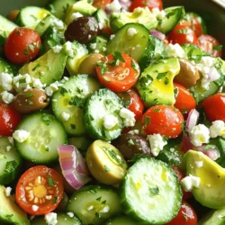 - 2 large cucumbers, diced - 2 ripe avocados, diced - 1 cup cherry tomatoes, halved - 1/2 red onion, finely chopped - 2 tablespoons fresh parsley, chopped Fresh produce makes this salad bright and tasty. Cucumbers give a cool crunch. Avocados add creaminess. Cherry tomatoes add sweetness. Red onions bring a sharp bite. Fresh parsley adds a hint of earthiness. This mix creates a colorful dish that looks as good as it tastes. - 1 cup kalamata olives, pitted and halved - 1 cup feta cheese, crumbled - 3 tablespoons olive oil - 2 tablespoons lemon juice - Salt and black pepper to taste Now, let’s talk about the other ingredients. Kalamata olives bring a salty flavor. Feta cheese adds a tangy creaminess. Olive oil provides richness and helps the flavors meld. Lemon juice brightens the whole salad. Salt and pepper tie everything together for a well-rounded taste. Each bite is a burst of fresh, Mediterranean flavor. - Dice the cucumbers and avocados. Use a sharp knife for clean cuts. Aim for equal-sized pieces to keep the look even. - Halve the cherry tomatoes and chop the red onion. This adds both color and crunch. Keep the pieces small for easy bites. - Fold in olives and feta cheese. Be gentle to avoid mashing the avocados. The olives add a briny taste, while feta brings creaminess. - Whisk together the dressing. Mix olive oil, lemon juice, salt, and black pepper in a small bowl. This dressing brightens the flavors and ties everything together. - Drizzle and toss the salad. Pour the dressing over the mix and gently combine. Make sure every piece gets a coat of dressing for the best taste. - Garnish with parsley. The fresh parsley adds a splash of green and a hint of herbal flavor. It makes the salad look even more inviting. How to avoid mashing the avocados To keep your avocados intact, use a gentle hand when mixing. Start by cutting the cucumbers and avocados into equal-sized pieces. This way, they blend well without crushing the avocados. When you fold in the other ingredients, do it slowly. Avoid stirring too hard. This helps maintain the creamy texture of the avocado. Tips for even seasoning For balanced flavor, season as you mix. Add salt and pepper with the dressing. Start with a little, then taste. You can always add more if needed. Use fresh lemon juice for a bright flavor. This will help enhance the taste of the vegetables. Remember to mix it all well after adding the dressing. Presentation tips for an enticing look Serve the salad in a large, shallow bowl. This allows the colors to pop. You can layer the ingredients for a beautiful display. Top with extra feta and a few whole olives for visual appeal. Fresh parsley adds a nice touch. It makes the dish look fresh and inviting. Pairing ideas for a complete meal This salad pairs well with grilled chicken or fish. You can also serve it with pita bread and hummus for a light lunch. Another great option is to enjoy it alongside a hearty soup. The freshness of the salad balances well with richer dishes. It’s a perfect side for any meal! {{image_2}} You can switch up your Cucumber Avocado Greek Salad by changing the cheese. If you want a different taste, try goat cheese or ricotta. Both add a creamy texture. For vegetables, consider using bell peppers or radishes. They add a nice crunch and color. You can also add some corn for a sweet touch. If you want to make the salad vegan, simply skip the feta cheese. You can add some nutritional yeast instead for a cheesy flavor. This keeps the salad tasty and fresh. For gluten-free options, this recipe is already safe. Just ensure your dressing and any added ingredients are gluten-free. Enjoy without worry while keeping it healthy! To keep your Cucumber Avocado Greek Salad fresh, store it in the fridge. Use an airtight container. This helps prevent moisture loss and keeps flavors intact. Leftovers will stay good for about 1-2 days. When storing, avoid mixing in the dressing until serving. This keeps the salad crisp. If you have leftover dressing, store it separately in a small jar. It can last in the fridge for up to a week. For long-term storage, freezing is not ideal for this salad. Freezing can change the texture of the cucumbers and avocados. If you still want to freeze components, try just the tomatoes or olives. They freeze better than the salad as a whole. If you freeze any part, wrap it tightly in plastic wrap. Then, place it in a freezer bag. When you thaw it, use it in cooked dishes instead of serving it fresh. This way, you maintain quality and enjoy the flavors without mushiness. This salad lasts up to three days in the fridge. Keep it in an airtight container. The fresher the salad, the better it tastes. Yes, you can make this salad in advance. Just wait to add the dressing until you are ready to serve. This keeps the veggies crisp and fresh. I recommend a simple olive oil and lemon juice dressing. It adds a bright flavor. Just whisk together olive oil, lemon juice, salt, and pepper. Absolutely! You can skip the feta cheese if you want. Try adding in some nuts or seeds for a tasty crunch instead. This blog post covers how to make a refreshing Cucumber Avocado Greek Salad. We discussed the fresh produce and other key ingredients you need. I shared step-by-step instructions for preparing the salad. You learned tips for perfect texture and serving suggestions to impress guests. We explored variations to suit different diets and storage info for leftovers. In closing, this salad is versatile and easy. Enjoy making it your own and savor every bite!