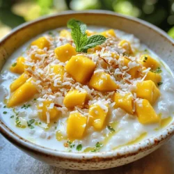 To make mango coconut rice pudding, gather these simple items: - 1 cup arborio rice - 2 cups coconut milk - 1 cup almond milk (or any milk of your choice) - 1/2 cup sugar (adjust based on sweetness preference) - 1 teaspoon vanilla extract - 1 ripe mango, diced - 1/4 teaspoon salt - Shredded coconut (toasted, for garnish) - Fresh mint leaves (for garnish) You can swap ingredients based on your taste or needs: - Arborio rice can be replaced with jasmine or basmati rice. - Use coconut cream if you want a richer flavor. - For a vegan option, stick to almond milk or any plant milk. - Honey or maple syrup can replace sugar for sweetness. - If you don’t have fresh mango, try canned or frozen mango. This pudding is not just tasty; it has health perks too: - Arborio rice provides energy and is gluten-free. - Coconut milk has healthy fats that support heart health. - Almond milk is low in calories and rich in vitamins. - Mango is full of vitamins A and C, boosting your immune system. - Mint leaves add freshness and can help with digestion. This dessert brings together flavors and health benefits, making it a great treat! To make mango coconut rice pudding, start by gathering your ingredients. You need arborio rice, coconut milk, almond milk, sugar, salt, and vanilla extract. In a medium saucepan, combine the arborio rice, coconut milk, almond milk, sugar, and salt. Mix these well. Next, place the saucepan over medium heat and bring the mixture to a gentle boil. Once it boils, turn the heat down to low. Let it simmer for about 25 to 30 minutes. Stir it often to stop the rice from sticking. You want the rice to be creamy and soft. After cooking, take it off the heat and stir in the vanilla extract and half of the diced mango. The rest of the mango will be for topping later. Let the pudding cool for a few minutes. As it cools, it will get thicker. Cooking arborio rice is key for this pudding. This rice type absorbs liquid well and turns creamy when cooked. Here are some tips: - Always rinse the rice before cooking. This removes excess starch and helps keep it from getting too sticky. - Stir frequently while it cooks. This helps release starch and makes the pudding creamy. - If you notice the rice is too dry, add a little more milk. This keeps the pudding smooth. If you want a thicker pudding, cook it a bit longer. If you prefer it thinner, just add more milk. You can adjust the milk right before serving. This way, you can make it just how you like. Remember, the pudding will thicken more as it cools. So, keep that in mind when deciding on the final consistency. You can serve mango coconut rice pudding in small bowls or cups. This treat looks great topped with fresh mango, toasted coconut, and mint leaves. You can also add a drizzle of honey for extra sweetness. For a fun twist, try using a glass jar for a layered look. This makes it perfect for parties or special occasions. To boost the flavor, you can add a pinch of cinnamon or nutmeg while cooking. You can also mix in a bit of lime zest for a zesty kick. If you want a richer flavor, use full-fat coconut milk. You can also swap out the sugar for maple syrup or agave nectar to change the taste. Store any leftovers in an airtight container in the fridge. It will stay fresh for about three days. If you want to keep it longer, you can freeze the pudding. Just make sure to let it cool completely before freezing. When ready to eat, thaw it in the fridge overnight and stir well before serving. {{image_2}} You can easily make this pudding dairy-free and vegan. Replace regular milk with almond milk or coconut milk. Both choices keep it creamy and tasty. I love using coconut milk for a richer flavor. You can also skip the sugar or use a plant-based sweetener. This way, everyone can enjoy this treat! Feel free to mix in seasonal fruits. In summer, try fresh berries or peaches. In fall, add diced apples or pears. Each fruit gives a new twist to the dish. They add bright colors and flavors, making the pudding even more fun. Spices can elevate your rice pudding. Add a pinch of cinnamon or nutmeg for warmth. A little cardamom brings a unique twist. You can also stir in a splash of coconut extract for extra coconut flavor. Experiment with different spices to find your favorite combination! To keep your mango coconut rice pudding fresh, transfer it to an airtight container. Make sure the pudding has cooled completely before sealing. This step helps prevent moisture buildup, which can change the texture. Store it in the fridge for best results. Your pudding will last up to four days in the fridge. If you want to keep it longer, you can freeze it. To freeze, place the pudding in a freezer-safe container. Leave some space at the top, as it may expand. It can last for up to three months in the freezer. When you're ready to enjoy your pudding again, take it out of the fridge or freezer. If frozen, let it thaw in the fridge overnight. To reheat, place the pudding in a saucepan over low heat. Stir in a splash of coconut or almond milk to restore creaminess. Heat gently until warm, but do not boil. Enjoy your creamy treat! Arborio rice is short-grain rice. It has a high starch content. This makes it creamy when cooked. Other rice types do not provide the same texture. For pudding, you want that rich, smooth feel. Arborio rice absorbs liquid well, creating a thick base. This rice is perfect for desserts like rice pudding. Yes, you can make this recipe ahead of time. You can store it in the fridge. Just cover it well to keep it fresh. It will thicken as it cools. When ready to serve, stir in some milk. This helps to bring back its creamy texture. Yes, you can use different types of fruit. Try bananas, berries, or peaches. Each fruit adds a unique taste. Just make sure the fruit is ripe for the best flavor. You can mix fruits or use one kind for topping. Be creative and have fun with your choices! In this blog post, we explored the delicious world of Mango Coconut Rice Pudding. We covered the full list of ingredients and shared some helpful substitutions. You learned the step-by-step cooking process and tips for perfecting Arborio rice. We also discussed how to store your pudding and answered common questions. To sum it up, this dish is not only tasty but also versatile. Try your own twists with fruits or spices. Enjoy making this treat and share it with friends!