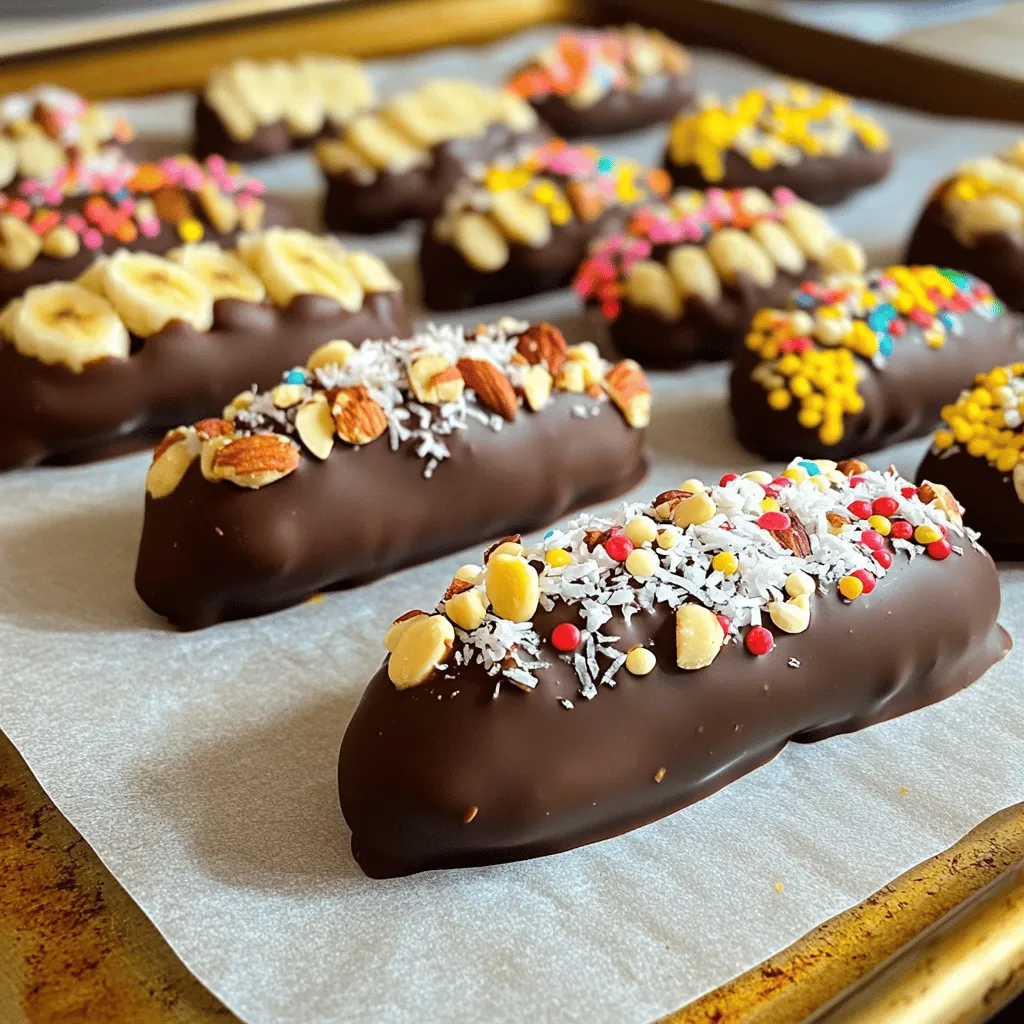To make chocolate covered banana pops, you need: - 3 ripe bananas - 1 cup dark chocolate chips - 1 tablespoon coconut oil - 1/2 cup crushed nuts (like almonds or walnuts) - 1/4 cup shredded coconut (unsweetened) - Sprinkles (optional) - Popsicle sticks These ingredients create a fun and tasty treat. The bananas bring natural sweetness, while the chocolate adds rich flavor. You can swap some ingredients for different tastes or needs: - Use milk chocolate chips if you prefer a sweeter flavor. - For a dairy-free option, choose vegan chocolate chips. - Replace coconut oil with butter for a different texture. - Try sunflower seeds instead of nuts for a nut-free option. - Use mini chocolate chips for a fun twist on size. These swaps let you customize your pops to fit your taste. Each chocolate covered banana pop has about: - 150 calories - 8g fat - 20g carbs - 2g protein Bananas are a good source of potassium and fiber. The nuts add healthy fats and crunch. This treat is fun, but enjoy it in moderation! Start by peeling the bananas. Use ripe bananas for the best taste. Cut each banana in half. You will have six pieces total. Insert a popsicle stick into the flat end of each half. This makes them easy to hold when eating. Take a microwave-safe bowl. Add 1 cup of dark chocolate chips and 1 tablespoon of coconut oil. Heat in the microwave. Use 30-second intervals to avoid burning. Stir the chocolate after each interval. Keep heating until the chocolate is smooth and fully melted. Now it’s time to dip. Take each banana pop and dip it into the melted chocolate. Make sure to coat it evenly. Let any extra chocolate drip off. Next, roll the chocolate-covered banana in your choice of toppings. You can use crushed nuts, shredded coconut, or sprinkles. Place the finished pops on a baking sheet lined with parchment paper. Once all are done, freeze them for at least 2 hours. Enjoy your tasty treat once the chocolate is firm! To melt chocolate well, use a microwave-safe bowl. Add your dark chocolate chips and coconut oil. Heat the mixture in the microwave. Start with 30 seconds, then stir. Repeat until the chocolate is smooth. This method helps avoid burning. If you see little lumps, keep stirring. The heat will melt them. When dipping your banana pops in chocolate, move quickly. Hold the banana by the stick. Immerse it deep into the chocolate. Turn it slowly to cover all sides. Let the extra chocolate drip off before coating. This will help you get an even layer. If you coat too slowly, the chocolate can clump. You can add fun textures to your banana pops. Try crushed nuts for crunch. Almonds or walnuts work great. Shredded coconut can add a tropical twist. For a colorful touch, use sprinkles. Get creative! Mix different toppings for a fun look. Each pop can be a new flavor. {{image_2}} You can use different types of chocolate for your banana pops. Dark chocolate gives a rich taste. Milk chocolate is sweet and creamy. White chocolate adds a nice touch too. Each type changes the flavor and feel of the pops. Try mixing chocolates for a fun twist! Toppings make each banana pop special. You can roll them in crushed nuts like almonds or walnuts. Shredded coconut adds a tropical crunch. Sprinkles are fun for kids' parties. You can also use crushed cookies or granola for extra flavor. Let your creativity shine with fun toppings! Want to change the taste? Add flavor infusions! A little peanut butter gives a creamy richness. Matcha powder adds a fun green color and earthiness. You can also try adding a splash of vanilla or almond extract. Mix these with the melted chocolate for a unique treat. To store chocolate covered banana pops, first wrap them well. You can use plastic wrap or aluminum foil. This keeps them fresh and prevents freezer burn. Place the wrapped pops in an airtight container. This extra step helps maintain their flavor and texture. Freezing is key for long-lasting treats. After coating, freeze the banana pops for at least 2 hours. Once frozen, you can stack them in layers. Use parchment paper between layers to avoid sticking. This way, you can enjoy them at your own pace. Chocolate covered banana pops last up to 2 months in the freezer. For best taste, eat them within a month. Always check for ice crystals or off smells before eating. If you see these signs, it’s best to discard them. Enjoy your pops by letting them sit for a few minutes before eating. This softens the chocolate and makes them easier to bite into. Yes, you can use milk chocolate. It gives a sweeter taste. I prefer dark chocolate for its rich flavor. Milk chocolate melts well, too. Adjust the amount of toppings to balance the sweetness. Feel free to experiment! These banana pops last for about two months in the freezer. Make sure to wrap them well. Use plastic wrap or a freezer-safe bag. This keeps them fresh and prevents freezer burn. Enjoy them any time you want a tasty treat! Yes, some people may have allergies. Bananas are safe for most. Dark chocolate may contain dairy. Nuts can cause serious reactions. Always check labels for allergens. If in doubt, consult with a doctor or avoid certain ingredients. Your safety is key! This blog post covered how to make tasty chocolate-covered banana pops. We explored key ingredients, step-by-step instructions, and helpful tips. You learned about different chocolate types, toppings, and how to store them well. Now you can create these fun treats with ease. Enjoy mixing flavors and experimenting with your ideas. I hope you feel inspired to try new things and share your delicious pops with friends!