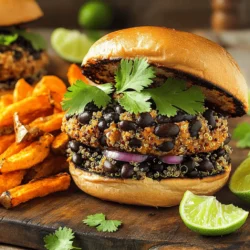 - 2 cans (15 oz each) black beans, drained and rinsed - 1 cup cooked quinoa or brown rice - 1/2 cup breadcrumbs (or gluten-free breadcrumbs) - 1/2 cup finely chopped red onion - 2 cloves garlic, minced - 1-2 chipotle peppers in adobo sauce, minced - Juice of 1 lime - 1 teaspoon ground cumin - 1 teaspoon smoked paprika - Salt and pepper to taste - 1/4 cup fresh cilantro, chopped (optional) - Olive oil or cooking spray for grilling These ingredients create a rich flavor. The black beans are the star. They bring a hearty texture. Cooked quinoa or brown rice adds a nutty touch. Breadcrumbs hold everything together nicely. Red onion and garlic boost the taste. They add a sweet and savory punch. Chipotle peppers give the burgers a smoky heat. You can adjust the amount based on your spice level. Lime juice brightens the dish. It balances the richness of the beans. Cumin and smoked paprika deepen the flavor. Use fresh cilantro for a fresh finish if you like. For cooking, a little olive oil helps to achieve a crispy crust. You can also use cooking spray if you prefer. This mix of ingredients results in a flavor explosion. Each bite is a party of taste! To start, you need to mash the black beans. Use a fork or potato masher. Leave some beans whole for texture. This adds a nice bite to the burgers. Next, combine the mashed beans with cooked grains and vegetables. Stir in 1 cup of cooked quinoa or brown rice. Add 1/2 cup of breadcrumbs, which helps bind the mixture. Then, mix in 1/2 cup of finely chopped red onion and 2 cloves of minced garlic. For a kick, add 1-2 minced chipotle peppers from the adobo sauce. Don’t forget to include 1 tablespoon of the adobo sauce and the juice of 1 lime. Lastly, sprinkle in 1 teaspoon of ground cumin and 1 teaspoon of smoked paprika. Season with salt and pepper to taste. If you like, add 1/4 cup of fresh cilantro for extra flavor. Mix everything until it’s well combined. If it feels too wet, add more breadcrumbs until it holds together. Now, divide the mixture into 4-6 equal parts. This helps create uniform patties. Shape each part into a round patty. Make sure they are firm so they stay together while cooking. Preheat your skillet or grill over medium heat. Lightly grease it with olive oil or cooking spray. This prevents sticking and helps the patties brown nicely. Cook the patties for about 5-6 minutes on each side. You want them to be golden brown and heated through. This cooking time ensures they stay moist inside while getting a nice crust outside. Serve your burgers on your favorite buns. Add toppings like avocado, lettuce, and tomato for a delicious meal. To create the best black bean burgers, focus on texture first. You want a mix that holds together, yet feels a bit chunky. Start by mashing the black beans, but leave some whole. This gives your burgers a nice bite. If the mix feels too wet, add extra breadcrumbs. They help bind everything while keeping it moist. Adjusting the spice level is also key. Chipotle peppers add a smoky heat. Start with one pepper and taste as you go. If you want more heat, add another. The adobo sauce brings extra flavor, so don’t skip it. When serving your burgers, consider fun toppings. Avocado, fresh lettuce, and juicy tomato add color and flavor. A sprinkle of fresh cilantro on top looks nice too. Lime wedges on the side can give a burst of freshness with every bite. Pair your burgers with sweet potato fries for a tasty side. A fresh salad can balance the rich flavors. This makes for a complete, satisfying meal. One common mistake is over-mixing the ingredients. This can make the burgers tough. Mix just enough to combine everything. Another issue is underseasoning. Taste your mixture before forming patties. It should be flavorful. Adjust salt and pepper as needed. A well-seasoned mix leads to a delicious burger that shines. {{image_2}} You can make this burger your own by swapping ingredients. If you need gluten-free options, try using gluten-free breadcrumbs. They work just as well and keep the burger tasty. You can also switch up the grains. Lentils or farro are great choices. Lentils add a nice texture, while farro gives a nutty flavor. Both options keep your burger healthy and filling. Do you want more heat? You can adjust the spice by adding more chipotle peppers. Start with one and taste the mix. If you want a kick, add another. Just remember, you can always add more, but you can’t take it out! If you prefer less heat, use just a little chipotle. This way, you keep the flavor without the burn. Finding the right balance makes each bite enjoyable. If you follow a vegan diet, there are many toppings to explore. Avocado, lettuce, and tomato are all great choices. You can also try a vegan lime crema for a creamy touch. For vegetarian options, cheese can add a rich flavor. Use your favorite type, like pepper jack or cheddar, to enhance the burger experience. These toppings make your meal fun and flavorful! To keep your chipotle lime black bean burgers fresh, you can refrigerate or freeze them. - Refrigeration tips for cooked patties: Place the burgers in an airtight container. They stay good in the fridge for up to 4 days. Make sure they cool down before sealing. - Freezing instructions for long-term storage: Wrap each burger in plastic wrap. Then, place them in a freezer-safe bag. They can last up to 3 months in the freezer. When you’re ready, just thaw them in the fridge overnight. Reheating your burgers correctly is key to keeping that great texture. - Best methods for reheating for optimal texture: The best way is to use a skillet. Heat it over medium heat and add a splash of olive oil. Cook each side for about 4 minutes until warm. You can also use an oven at 350°F (175°C) for about 10 minutes. This keeps them crispy. Leftover patties can be used in fun ways. - Ideas for using leftover patties in other dishes: Crumble them into a salad for added flavor. You can also chop them up and add them to tacos. Another idea is to serve them on a bed of quinoa with fresh veggies. This makes a filling meal that’s still delicious. Yes, you can use dried beans! First, soak one cup of dried black beans in water overnight. The next day, drain and rinse them. Then, cook the beans in fresh water for about 1-2 hours until tender. After cooking, drain them again and let them cool. Now, you can mash them just like the canned beans in the recipe. This method gives you control over the flavor and texture. If you want a different binder, you can use oats or mashed sweet potatoes. Oats work great, as they absorb moisture and hold the mix together. If you prefer sweet potatoes, cook and mash them well before adding them to the mix. Both options will keep your burgers delicious and moist! To check if the burgers are done, look for a golden brown crust on both sides. You can also press the center lightly. If it feels firm and hot, it's ready! Use a meat thermometer if you want to be sure. The internal temperature should reach 165°F. This way, you avoid cutting the patties and losing all that juicy flavor. These Chipotle Lime Black Bean Burgers are tasty and easy to make. We covered key ingredients, step-by-step instructions, and helpful tips. Remember to adjust spice levels to suit your taste. You can also swap ingredients or add toppings based on your needs. Storing and reheating leftover burgers is simple. With a little practice, you'll create the perfect black bean burgers every time. Enjoy your cooking adventure and share these delicious recipes with friends!