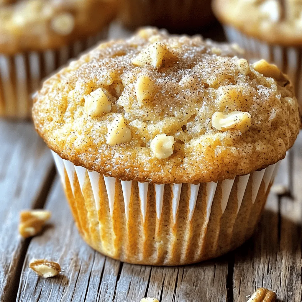 To make tasty cinnamon sugar banana bread muffins, you need: - 3 ripe bananas, mashed - 1/3 cup melted coconut oil - 1 teaspoon vanilla extract - 1 large egg, beaten - 1 teaspoon baking soda - Pinch of salt - 1 teaspoon ground cinnamon - 1 cup granulated sugar - 1 1/2 cups all-purpose flour - 1/2 cup chopped walnuts or pecans (optional) - 1/4 cup cinnamon sugar (3 tablespoons sugar mixed with 1 tablespoon cinnamon for topping) These ingredients blend perfectly to create moist and flavorful muffins. The ripe bananas add natural sweetness and moisture, while the coconut oil keeps them tender. The cinnamon sugar topping gives a delightful crunch and sweetness. You can customize your muffins with a few optional ingredients, such as: - Chopped walnuts or pecans for extra crunch - Dark chocolate chips for a sweet twist - Dried fruit like raisins or cranberries for added flavor Feel free to mix and match these options. Each variation can bring a unique taste to the muffins, making them your own. If you run out of an ingredient, use these simple swaps: - Instead of coconut oil, you can use melted butter or vegetable oil. - If you don’t have vanilla extract, try almond extract for a different flavor. - For a healthier choice, replace all-purpose flour with whole wheat flour. These substitutions work well and still yield delicious muffins. They let you enjoy baking, even with limited ingredients. Start by preheating your oven to 350°F (175°C). Line a muffin tin with paper liners. If you don't have liners, grease the tin with cooking spray. This helps the muffins come out easily after baking. In a large bowl, mash the three ripe bananas until smooth. Add 1/3 cup of melted coconut oil to the bananas. Mix them together well. Next, stir in one beaten egg and 1 teaspoon of vanilla extract. Make sure everything blends nicely. Now, add 1 teaspoon of baking soda, a pinch of salt, and 1 teaspoon of ground cinnamon. Gently fold these ingredients into the banana mix. Gradually add 1 cup of granulated sugar and mix it in. Finally, add 1 1/2 cups of all-purpose flour. Stir until just combined. Don’t overmix; this keeps your muffins soft. If you like, fold in 1/2 cup of chopped walnuts or pecans. Spoon the batter into the muffin tin. Fill each cup about two-thirds full. Next, sprinkle the cinnamon sugar mixture on top of each muffin. Bake for 18 to 20 minutes. Check if they are done by inserting a toothpick in the center. If it comes out clean, the muffins are ready. Let them cool in the pan for about 5 minutes. Then, transfer them to a wire rack to cool completely. Enjoy your warm, tasty muffins! Overmixing muffin batter is a common mistake. It can make your muffins tough. When adding flour, mix just until you see no dry flour. This keeps the muffins light and fluffy. Use a rubber spatula for gentle folding. Always remember, lumps are okay. To achieve a soft muffin, use ripe bananas. Their sweetness and moisture help. Coconut oil adds a nice richness, while baking soda gives lift. Make sure to measure your flour correctly. Too much flour can lead to dry muffins. Scoop it into your measuring cup and level it off. The cinnamon sugar topping is easy to customize. Mix three tablespoons of sugar with one tablespoon of cinnamon. For a twist, add a pinch of nutmeg or cardamom. You can also use brown sugar for a deeper flavor. Sprinkle generously on each muffin before baking for that sweet crunch. {{image_2}} I love to enjoy these muffins with a warm drink. A cup of coffee pairs nicely. The rich flavor of coffee complements the sweet banana taste. You can also try herbal tea for a lighter option. The warmth of the tea soothes the palate. If you want something cold, iced chai is a great choice too. The spicy notes in chai balance well with the cinnamon. You can serve these muffins in several fun ways. Warm them up and spread a bit of butter on top. Cream cheese adds a nice twist, making them rich and creamy. Try slicing them in half and adding fresh fruit, like strawberries or blueberries. If you want a breakfast treat, serve them with yogurt on the side. This adds a nice tang and keeps it light. Presentation makes your muffins even more enjoyable. Place them in a cute basket lined with a colorful napkin. You can also stack them on a cake stand for a lovely display. For a more festive look, sprinkle some extra cinnamon sugar on top before serving. Adding a few banana slices around the muffins can make the dish pop. These ideas will impress your guests and make your muffins shine! To keep your muffins fresh, store them in an airtight container. This helps lock in moisture. You can keep them at room temperature for up to three days. If you want to keep them longer, refrigeration is an option, but it may dry them out. For best taste, I suggest enjoying them fresh. Freezing muffins is a great way to save some for later. First, let the muffins cool completely. Then, wrap each muffin in plastic wrap. Place the wrapped muffins in a freezer bag. You can freeze them for up to three months. When you’re ready to eat, just take them out and let them thaw. To enjoy your muffins warm, you can reheat them easily. Preheat your oven to 350°F (175°C). Place the muffins on a baking sheet and heat for about 10 minutes. You can also use a microwave. Just heat them for 15 to 20 seconds. This will bring back their fresh-baked taste. Yes, you can use frozen bananas. They work great for this recipe. Just thaw them first. Drain any excess liquid to keep your muffins from getting too wet. Frozen bananas are often sweeter and easier to mash. They add great flavor and moisture to your muffins. If you don’t have coconut oil, don’t worry! You can use any oil you like. Vegetable oil or canola oil are good choices. You can also use melted butter for a richer flavor. Each option brings its own taste, but all will keep the muffins moist. To check if your muffins are done, use a toothpick. Insert it into the center of a muffin. If it comes out clean, they are ready. If there’s batter on the toothpick, bake them a few more minutes. They should be golden brown and spring back when touched. In this post, we covered how to make cinnamon sugar banana bread muffins. We discussed essential ingredients and fun variations to try. I shared clear steps, tips to get great texture, and how to serve these muffins perfectly. With the right storage and reheating methods, your muffins will last longer. Remember, you can use frozen bananas if you're out of fresh ones. Enjoy baking and customizing these delicious treats!