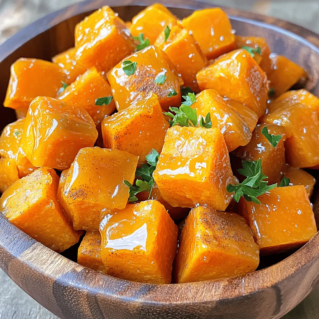 - 2 large sweet potatoes, peeled and cut into 1-inch cubes - 2 tablespoons maple syrup - 1 tablespoon olive oil - 1 teaspoon ground cinnamon - 1/2 teaspoon salt - 1/4 teaspoon black pepper - 1 tablespoon chopped fresh parsley (for garnish) When measuring, use a dry measuring cup for solids like sweet potatoes. For liquids like maple syrup, use a liquid measuring cup. This keeps your recipe precise. The sweet potatoes should be roughly uniform in size. This helps them cook evenly. If you don’t have maple syrup, try honey or agave syrup. For olive oil, you can use coconut oil or vegetable oil. Ground cinnamon is key, but you can mix in nutmeg for a twist. If you want to skip the parsley, you can use cilantro or just enjoy them plain. First, gather your ingredients. You will need: - 2 large sweet potatoes, peeled and cut into 1-inch cubes - 2 tablespoons maple syrup - 1 tablespoon olive oil - 1 teaspoon ground cinnamon - 1/2 teaspoon salt - 1/4 teaspoon black pepper - 1 tablespoon chopped fresh parsley (for garnish) Next, preheat your air fryer to 400°F (200°C). This takes about 5 minutes. While the fryer heats, take a large bowl. Add the sweet potato cubes, maple syrup, olive oil, ground cinnamon, salt, and black pepper. Toss everything together. Make sure all cubes are coated well. This step is key to getting that tasty glaze. Once the air fryer is ready, place the sweet potato cubes in the basket. Spread them out in a single layer. If your air fryer is small, cook in batches. Set the timer for 15 to 18 minutes. It’s important to shake the basket halfway through. This helps the cubes cook evenly. They should turn golden brown and become tender. After cooking, use tongs to carefully remove the sweet potato cubes. Place them in a serving bowl. They will be hot, so be careful! Garnish the sweet potatoes with chopped fresh parsley. This adds color and a fresh touch. Serve them warm as a side dish or a tasty snack. They pair well with grilled meats or can stand alone. Enjoy these sweet and savory bites! To get that shiny, sweet glaze, use pure maple syrup. The syrup gives a rich flavor and a nice sheen. Mix the syrup with olive oil, cinnamon, salt, and pepper. This mix coats each sweet potato cube evenly. Toss them well in a bowl. Don't rush this step. The more you coat, the better the glaze! Air frying is great for even cooking. To ensure this, cut your sweet potatoes into 1-inch cubes. Keep them the same size so they cook evenly. When you place them in the air fryer, arrange them in a single layer. If your batch is large, cook in parts. Shake the basket halfway through cooking. This helps all sides crisp up nicely. Want to mix things up? Try adding different spices. Nutmeg or ginger can add warmth. Want a kick? Red pepper flakes can spice things up! You can also try different types of sweeteners. Honey or agave syrup work well. Each choice changes the flavor just a bit. Have fun experimenting! {{image_2}} You can swap maple syrup for other sweeteners. Honey works well too. Agave syrup is a great choice for vegans. You can also use brown sugar for a richer flavor. If you want less sugar, try using stevia or monk fruit sweetener. Each sweetener will change the taste a bit, so feel free to experiment! Spices can change the flavor of your sweet potato cubes. Try adding nutmeg for a warm touch. You can use cayenne pepper for some heat. For a savory twist, add garlic powder or smoked paprika. Mix and match to find your favorite blend. The right spice can make these cubes truly unique! These sweet potato cubes pair well with many meals. Serve them alongside grilled chicken or fish for a balanced plate. They also work great in salads, adding sweetness and texture. You can even toss them into a grain bowl with quinoa or rice. For a fun snack, enjoy them with yogurt or hummus. The options are endless! To keep your sweet potato cubes fresh, let them cool. Place them in an airtight container. Keep the container in the fridge. They will last for about 3 to 4 days. Make sure they are sealed well to avoid drying out. When you want to enjoy your leftovers, preheat your air fryer to 350°F (175°C). Spread the sweet potato cubes in the basket. Heat them for about 5 to 8 minutes. This will help them regain their crispiness. If you don’t have an air fryer, you can use a microwave. Just heat them for 1 to 2 minutes. If you want to save your sweet potatoes for later, freezing is a great option. First, let them cool completely. Spread the cubes on a baking sheet in a single layer. Freeze them for about 1 to 2 hours. Once they are frozen, transfer them to a freezer bag. Remove as much air as possible before sealing. They can stay in the freezer for up to 3 months. When you’re ready to eat them, cook from frozen in the air fryer. Adjust the cooking time to about 20 to 25 minutes. Yes, you can use other potatoes. Regular potatoes or even butternut squash work well. They will change the taste and texture a bit. Sweet potatoes have a rich, sweet flavor that pairs well with maple syrup. Regular potatoes are more starchy and less sweet. Experiment with what you like best! You can tell they are done by their color and softness. After about 15-18 minutes, check for a golden brown color. Use a fork to poke a cube. If it goes in easily, they are ready. If they feel hard, give them a few more minutes. Remember to shake the basket halfway through for even cooking. These sweet potato cubes are great as a side dish. They pair well with grilled meats or roasted veggies. Try serving them with chicken, pork, or even tofu. You can also toss them in salads for a tasty twist. They add a nice touch to any meal! In this post, we covered everything about maple glazed sweet potatoes. We explored the ingredients, measuring tips, and possible substitutions. You learned step-by-step how to prepare and cook the dish, plus suggestions for serving. We shared tips for perfecting the glaze and enhancing flavors. You can also find ways to store leftovers and freeze them. Remember, cooking is all about fun and creativity in the kitchen. Enjoy making this dish your own!