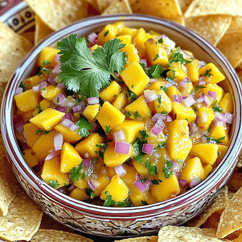 To create this spicy mango habanero salsa, you need fresh and simple ingredients. This recipe takes about 15 minutes to prep and gives you a vibrant dip that serves 4-6 people. You will enjoy the sweet and spicy mix that adds a kick to any meal. - 2 ripe mangoes: These add sweetness and a juicy texture. Mangoes are rich in vitamins A and C, helping boost your immune system. - 1 habanero pepper: This pepper brings heat and flavor. Habaneros contain capsaicin, which may help with pain relief. - 1 small red onion: It gives crunch and a mild bite. Red onions are high in antioxidants, promoting heart health. - 1/4 cup fresh cilantro: This herb adds freshness. Cilantro is also known for its detoxifying properties. - Juice of 2 limes: Lime juice adds acidity and brightness. It helps balance the sweetness of the mango. - Salt to taste: Salt enhances all the flavors. Use it sparingly to avoid overpowering the dish. - 1/2 teaspoon honey (optional): Honey can add extra sweetness if needed. It also has natural health benefits. - 1/2 red bell pepper: This adds color and crunch. Red bell peppers are sweet and packed with vitamins. You can change the salsa up to fit your taste. If you want more heat, add more habanero. For a sweeter twist, include diced pineapple. You can also swap cilantro for parsley if you prefer a different flavor. Enjoy experimenting! Start by gathering all your ingredients. You need: - 2 ripe mangoes, peeled and diced - 1 habanero pepper, seeds removed and finely chopped - 1 small red onion, finely chopped - 1/4 cup fresh cilantro, chopped - Juice of 2 limes - Salt to taste - 1/2 teaspoon honey (optional for sweetness) - 1/2 red bell pepper, diced Make sure to use ripe mangoes. They should feel soft but not mushy. This makes your salsa sweet and juicy. Remove the seeds from the habanero carefully. This pepper packs a punch, and you can adjust the heat based on your taste. In a large mixing bowl, add the diced mangoes, red onion, cilantro, and red bell pepper. These fresh ingredients blend well together. Carefully add the chopped habanero. If you like mild salsa, use less at first. Next, pour the lime juice over the mixture. Lime juice adds a tangy flavor that balances the sweetness of mango. Now, sprinkle salt to taste and add honey if you want a bit more sweetness. Gently toss all the ingredients. Be sure not to mash the mangoes. You want to keep their shape for a lovely texture. Taste your salsa. Adjust the seasoning by adding more lime juice or salt if needed. Cover the bowl with plastic wrap and place it in the fridge. Let it chill for at least 30 minutes. This resting period helps all the flavors mix well. When ready to serve, choose a nice bowl. Place the salsa in it and add tortilla chips on the side. A sprig of cilantro on top makes it look fresh and inviting. Enjoy this colorful dip at your next gathering! You can control the heat of your salsa. Start with a small amount of habanero. After mixing, taste your salsa. If you want more heat, add more habanero. If it’s too hot, add more mango or honey. This will balance the spice. Always remember, you can add heat, but you can't take it away! Dicing mangoes can be tricky but fun. Use a ripe mango for the best flavor. Cut off the sides of the mango, avoiding the pit. Then, make crosshatch cuts in the flesh. Scoop out the pieces with a spoon. For peppers, remove the seeds first. Finely chop the habanero and red bell pepper. Always wash your hands after handling hot peppers! This salsa is versatile and delicious. Serve it with tortilla chips for a tasty snack. It also pairs well with grilled fish or chicken. You can use it as a topping for tacos or burrito bowls. Try adding it to your favorite sandwich for extra flavor. The fresh taste brightens any meal! {{image_2}} You can change flavors by swapping some ingredients in your salsa. For a sweeter twist, try using ripe peaches instead of mangoes. If you want a different heat, substitute jalapeños for the habanero. You can also use red onion for green onion for a milder taste. Experiment with these swaps to find the flavor you love. Salsa doesn’t have to stick to just mango. You can make peach salsa by using diced peaches instead of mango. Pineapple salsa is another fun option. Just use diced pineapple and keep the rest of the recipe the same. Both fruits add a bright, juicy element that pairs well with chips or grilled meats. Adding new ingredients can take your salsa to the next level. You can mix in diced avocado for creaminess. Try adding black beans for extra protein and texture. Chopped cucumber can give your salsa a refreshing crunch. Don’t be afraid to get creative and play with flavors. Each new twist adds a fun surprise! To keep your spicy mango habanero salsa fresh, store it in an airtight container. Glass jars work well, but plastic containers are fine too. Be sure to leave some space at the top. This allows for any gas that may form as it sits. Always use a clean spoon when scooping out salsa. This helps avoid contamination. When stored properly, this salsa lasts about 3 to 5 days in the fridge. You may notice the flavors deepen over time. However, the mango may lose some of its crunch. If you see any signs of spoilage, like mold, it is best to throw it away. You can freeze your spicy mango habanero salsa for later use. Pour it into freezer-safe bags or containers. Make sure to remove extra air to prevent freezer burn. It can last up to 3 months in the freezer. When you are ready to enjoy it, thaw it overnight in the fridge. The texture may change, so use it in cooked dishes or as a topping instead of fresh. Mango Habanero Salsa is a sweet and spicy dip. It combines ripe mangoes with habanero peppers. The mango adds sweetness, while the habanero brings heat. This salsa also includes red onion, cilantro, and lime juice. It is fresh, colorful, and full of flavor. You can use it with chips, tacos, or grilled meats. Yes, you can make this salsa ahead of time. I often prepare it a few hours in advance. Letting it chill in the fridge helps the flavors mix. Just cover it tightly to keep it fresh. If you make it a day before, it will taste great! Just remember to stir it before serving. You can find prepared Spicy Mango Habanero Salsa at many grocery stores. Look in the salsa section or the fresh produce area. Some stores offer it in their deli section. You may also find it online or at specialty food shops. Always check the labels for quality and ingredients. In this blog post, we covered the key ingredients for a tasty Mango Habanero Salsa, including their benefits. I shared step-by-step instructions to help you prepare it easily. You learned useful tips for adjusting spice levels and dicing fruit. We also discussed variations for personal tastes and proper storage methods to keep it fresh. Final thoughts: Making your own salsa can be fun and rewarding. Enjoy customizing and sharing it with others!