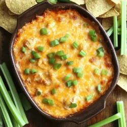 - 2 cups shredded cooked chicken - 1 (8 oz) package cream cheese, softened - 1/2 cup buffalo sauce (adjust to taste) - 1/2 cup ranch dressing - 1 cup shredded cheddar cheese - 1/2 cup crumbled blue cheese (optional) - 1/4 cup green onions, chopped - Tortilla chips or celery sticks for serving I love how each ingredient plays a role in this dip. The shredded chicken gives it heartiness. Cream cheese adds a creamy base that holds everything together. I recommend using softened cream cheese for easy mixing. Buffalo sauce brings the heat, and you can adjust it to your taste. The ranch dressing balances the spicy kick. Adding cheddar cheese gives a rich flavor and great texture. If you like blue cheese, throw in some crumbles for an extra punch. Green onions provide fresh flavor and color. Serve this dip with crunchy tortilla chips or crisp celery sticks. The dip is warm and gooey, making it perfect for game day or any gathering. Each bite is full of flavor, and it’s simple to make. Get ready for everyone to love it! 1. Preheat your oven to 350°F (175°C). This step is key for a great dip. 2. In a mixing bowl, combine 1 package of softened cream cheese, 1/2 cup buffalo sauce, and 1/2 cup ranch dressing. Stir until it is smooth. Make sure you mix well. 3. Now, add 2 cups of shredded chicken, 1 cup of shredded cheddar cheese, 1/2 cup of crumbled blue cheese (if you want), and 1/4 cup of chopped green onions. Mix everything until combined. The colors and textures should be beautiful. 1. Transfer the mixture to an oven-safe baking dish. Spread it out evenly. This helps the dip cook better. 2. Top the dip with the remaining 1/2 cup of shredded cheddar cheese. This will create a golden crust. 3. Bake in the preheated oven for about 20 to 25 minutes. The dip should be bubbling, and the cheese on top should be melted and slightly golden. Keep an eye on it! 1. Once it is done baking, remove it from the oven and let it cool for a few minutes. This helps avoid burns when you dig in. 2. Serve the dip warm with tortilla chips or celery sticks. Arrange them around the baking dish for a nice look. You can sprinkle more chopped green onions on top for extra flair. To tailor the heat of your dip, start with less buffalo sauce. Begin with 1/4 cup and taste-test. If you want more spice, add more sauce slowly. You can also use milder sauces. Try garlic hot sauce or sweet chili sauce for a gentler kick. If you need alternatives for cream cheese, use Greek yogurt or cottage cheese for a lighter dip. For ranch dressing, try a homemade mix of sour cream and herbs. You can change up the cheese too. Swap cheddar for pepper jack for more flavor or use mozzarella for a milder taste. You can make this dip a day in advance. Mix all your ingredients and place them in a baking dish. Cover it and store it in the fridge. When you’re ready to bake, just pop it in the oven. For best results, bake it straight from the fridge. If it’s cold, add a few extra minutes to the baking time. Reheat leftovers in the oven at 350°F until warm. You can also use a microwave, but the oven keeps it creamy. {{image_2}} To spice up your creamy buffalo chicken dip, try adding jalapeños. They give a nice kick and add texture. Simply chop a few fresh jalapeños and mix them in with the other ingredients. You can adjust the amount based on your heat preference. Another fun twist is to enhance the dip with smoky bacon. Cook some bacon until crispy, crumble it, and fold it into the mixture. This adds a rich, savory flavor that pairs well with the buffalo sauce. If you want a vegetarian-friendly dip, you can use plant-based chicken alternatives. Look for products like shredded jackfruit or store-bought meat substitutes. These can give you a similar texture without the meat. You will also need to adjust some ingredients. Ensure your ranch dressing is plant-based. Mix everything just like the original recipe, and you’ll have a tasty vegetarian dip that everyone can enjoy. For a lighter dip, use low-fat cream cheese and reduced-calorie ranch dressing. This change cuts down on fat without losing the flavor. You can also use less cheese. Try adding just half a cup of shredded cheddar. Pair it with a bit more chicken to keep the dip hearty. These small changes make the dip just as delicious while being kinder to your waistline. To store leftover Creamy Buffalo Chicken Dip, let it cool first. Place it in an airtight container. This keeps the dip fresh and tasty. Use glass or plastic containers for storage. Make sure they seal tightly to avoid air exposure. You can freeze the dip for later use. To do this, transfer the dip to a freezer-safe container. Leave some space at the top for expansion. Cover the container well with a lid or plastic wrap. When you want to eat it, thaw it overnight in the fridge. Reheat in the oven at 350°F (175°C) until hot and bubbly. In the fridge, the dip lasts about 3 to 5 days. If you freeze it, it can last up to 2 months. Check for signs of spoilage before eating. If it has a weird smell or mold, throw it away. Always prioritize food safety. To make your dip spicier, you can add more buffalo sauce. Start by adding an extra tablespoon. Mix it in and taste. If you want more heat, keep adding a tablespoon at a time. You can also add diced jalapeños or cayenne pepper. Both will give your dip a nice kick. If you're feeling brave, try using a hotter buffalo sauce. Just remember to mix well after each addition. This way, you can control the spice level just right for your taste. Yes, you can make this dip in a slow cooker. Start by mixing all the ingredients in a bowl. Then, transfer the mix to your slow cooker. Set it to low heat for about 2 to 3 hours. Stir it every now and then. This helps everything blend nicely. If you want to speed it up, set it on high for about 1 to 1.5 hours. Just keep an eye on it so it doesn't burn. This method is great for parties, letting you enjoy the fun while it cooks. You can serve this dip with many tasty snacks. Tortilla chips are a classic choice. They add a nice crunch. Celery sticks are also great. They provide a fresh contrast to the creamy dip. You could use carrot sticks or bell pepper slices for more color. Crackers work well too if you want something different. For a fun twist, offer some mini pretzels. They add a salty bite that pairs perfectly with the dip. This blog post shared a tasty recipe for Creamy Buffalo Chicken Dip. You learned about the right ingredients, preparation steps, and baking tips. We also covered how to adjust spice levels and make the dip in advance. You can enjoy different variations by adding flavors or using alternatives. Remember to store leftovers properly and choose the right serving snacks. With this guide, you can create a delicious dip that everyone will love. Enjoy making this dip for your next gathering!