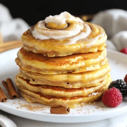 - 1 cup all-purpose flour - 2 tablespoons sugar - 2 teaspoons baking powder - 1/2 teaspoon salt - 1 cup milk - 1 large egg - 2 tablespoons melted butter - 1 teaspoon vanilla extract - 2 tablespoons ground cinnamon - 2 tablespoons brown sugar - 1/4 cup cream cheese, softened - 1/2 cup powdered sugar - 1 tablespoon milk (for frosting) - Fresh berries for garnish - Nuts such as pecans or walnuts - Non-stick skillet or griddle - Mixing bowls - Whisk and measuring cups - Squeeze bottle or spoon for cinnamon swirl Creating these cinnamon roll pancakes is fun and easy. You need simple and fresh ingredients. Using quality items makes a big difference in taste. The key ingredients include flour, sugar, and baking powder. These give the pancakes structure and fluffiness. Milk and eggs help bind everything together. The melted butter adds richness, while vanilla gives a lovely flavor. For the cinnamon swirl, mix ground cinnamon and brown sugar. This mixture creates that classic cinnamon roll taste. To finish, you’ll need cream cheese, powdered sugar, and a bit of milk for a smooth frosting. Feel free to add optional ingredients like fresh berries or nuts. They enhance flavor and add color to your plate. Gather your equipment first. A non-stick skillet is essential for cooking. Mixing bowls and a whisk help combine your ingredients. A squeeze bottle or spoon will help create that beautiful cinnamon swirl. With these ingredients and tools, you’re ready to make a delicious breakfast! Start by whisking together these dry ingredients in a mixing bowl: - 1 cup all-purpose flour - 2 tablespoons sugar - 2 teaspoons baking powder - 1/2 teaspoon salt Mix them well to combine. This step lays the foundation for your fluffy pancakes. In a separate bowl, mix the wet ingredients. You will need: - 1 cup milk - 1 large egg - 2 tablespoons melted butter - 1 teaspoon vanilla extract Stir these ingredients until they blend smoothly. This mix adds moisture and flavor to your pancakes. Now, pour the wet mix into the dry mix. Stir gently until just combined. Remember, it’s okay to have a few lumps. Over-mixing can make the pancakes tough. In a small bowl, mix together: - 2 tablespoons ground cinnamon - 2 tablespoons brown sugar This mixture will create that sweet swirl in your pancakes. The smell alone will make your mouth water! Heat your non-stick skillet over medium heat. Lightly grease it to prevent sticking. Pour about 1/4 cup of pancake batter for each pancake onto the skillet. As the pancake cooks, use a squeeze bottle or spoon to drizzle some of the cinnamon swirl mixture over the batter. Cook for 2-3 minutes until bubbles form on the surface. Then, flip and cook for another 2-3 minutes until golden brown. For the delicious frosting, combine: - 1/4 cup cream cheese, softened - 1/2 cup powdered sugar Add 1 tablespoon of milk to adjust the consistency. Mix until smooth. This creamy topping will elevate your pancakes to a whole new level. Enjoy your cinnamon roll pancakes warm and drizzled with the creamy frosting! To make your pancakes light and fluffy, mix the batter gently. Overmixing can lead to tough pancakes. Stir just until you see no dry flour. Some lumps are okay. This helps keep your pancakes soft. Remember, the key is to be gentle when combining the wet and dry ingredients. Cooking pancakes at the right temperature is key. Set your skillet over medium heat. If it’s too hot, the outside burns before the inside cooks. A test to check the heat is to sprinkle a few drops of water on the skillet. If they sizzle and dance, it’s ready. Adjust the heat as needed to ensure even cooking. When it comes to the cream cheese frosting, you have choices. Drizzling gives a pretty finish and allows the frosting to spread on each bite. Use a squeeze bottle for this. Spreading the frosting gives a thick layer that melts into the pancakes. Choose the method you like best for a tasty touch! {{image_2}} You can make cinnamon roll pancakes even more fun by adding chocolate chips or blueberries. Just mix in a half-cup of your favorite add-in when you combine the wet and dry ingredients. The chocolate melts and creates a rich flavor. Blueberries add a burst of freshness. Both options bring a new twist to the classic recipe. Feel free to mix and match to find your favorite! If you need gluten-free options, use a gluten-free flour blend. It works well in this recipe. For those who can't have dairy, try almond or oat milk instead of regular milk. You can also swap the melted butter for coconut oil or a dairy-free margarine. These easy changes keep the pancakes tasty for everyone. Cinnamon roll pancakes shine when served with fresh fruits, like strawberries or bananas. You can also drizzle maple syrup or honey over the top for added sweetness. A dollop of whipped cream makes each bite even better. For a fun touch, sprinkle some chopped nuts on top for extra crunch. Enjoy creating your perfect breakfast plate! To keep your pancakes fresh, first let them cool. Place them in a single layer on a plate. If you have many, stack them with parchment paper between each layer. Cover them tightly with plastic wrap or foil. For longer storage, you can freeze them. Wrap each pancake in plastic wrap and then place them in a freezer bag. Press out as much air as you can before sealing. This helps prevent freezer burn. When you want to enjoy your pancakes again, there are a few great ways to reheat them. The best method is to use a skillet. Heat the skillet over medium-low heat. Add a drop of butter for extra flavor. Place the pancake in the skillet for about 1-2 minutes on each side. This keeps them soft and tasty. You can also use the microwave. Place a pancake on a plate and cover it with a damp paper towel. Heat for about 20-30 seconds. This method is quick but might make them a bit chewy. In the fridge, your pancakes last about 3-4 days. Make sure to keep them in an airtight container. If you freeze them, they can last for up to 2-3 months. Just remember to label the bags with the date you made them. This way, you can enjoy those cinnamon roll pancakes whenever you like! Yes, you can make these pancakes ahead of time. Cook them fully, then store them in the fridge. When you are ready, warm them in the microwave or on the stove. This helps keep them soft and delicious. You can also freeze them for later. Just place them in a single layer and wrap them well. Reheat them when you crave a tasty breakfast. If your batter is runny, add a little more flour. Start with one tablespoon at a time. Mix well after each addition until you reach the right thickness. A thick batter holds its shape better and makes fluffier pancakes. Be careful not to over-mix it, as some lumps are okay. Absolutely! If you want a different frosting, try using maple syrup or whipped cream. You can even make a simple glaze with powdered sugar and milk. Mix them until smooth, then drizzle over the pancakes. This gives a nice twist to your breakfast treat. You can use whole wheat flour or a gluten-free flour blend. Just make sure to check the package for the right measurement. Each type of flour behaves differently, so the texture may change slightly. Whole wheat will give a nuttier taste, while gluten-free blends can keep it light. To make these pancakes vegan, swap the egg for a flax egg. Mix one tablespoon of ground flaxseed with three tablespoons of water and let it sit for five minutes. Replace the milk with almond milk or oat milk. Use vegan butter for the melted butter. This way, you can enjoy tasty pancakes without any animal products. These cinnamon roll pancakes are easy and tasty. We covered the main ingredients like flour, sugar, and spices. I shared step-by-step instructions to mix and cook pancakes, plus tips for the best texture. You can customize flavors or frostings to fit your taste. Store extras in the fridge or freezer for later. With these methods and ideas, you can enjoy delicious pancakes any time. Test out the variations and make them your own!