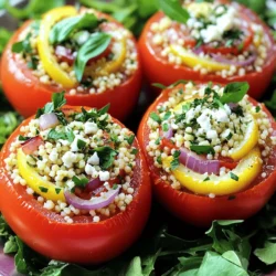 - 4 large ripe tomatoes - 1 cup couscous - 1 ¼ cups vegetable broth - 1 lemon (zested and juiced) - 1 tablespoon olive oil - 1 small red onion, finely chopped - 2 garlic cloves, minced - 1/2 cup fresh parsley, chopped - 1/2 cup fresh basil, chopped - Salt and pepper to taste I love using fresh, ripe tomatoes for this dish. They are sweet and juicy. The couscous cooks quickly and absorbs the flavors well. Vegetable broth adds depth to the couscous. I always use fresh herbs like parsley and basil. They brighten up the dish and make it taste fresh. - 1/4 cup feta cheese, crumbled Adding feta cheese gives a lovely flavor. It adds creaminess and a salty bite. You can skip it if you prefer a lighter dish. - Quinoa instead of couscous If you want a gluten-free option, use quinoa. It has a nice nutty flavor and works well in this recipe. You can also use brown rice for a heartier feel. Start by preheating your oven to 375°F (190°C). This sets the stage for baking. Next, take your four large ripe tomatoes. Slice off the tops carefully. Use a spoon to scoop out the insides. Make sure to leave a shell. Set the tomato flesh aside in a bowl. We will use it later. In a medium saucepan, bring 1 ¼ cups of vegetable broth to a boil. The broth adds great flavor to the couscous. Once it boils, add 1 cup of couscous. Remove the pan from heat and cover it. Let it sit for five minutes. This allows the couscous to absorb the broth. After five minutes, fluff the couscous with a fork and transfer it to a large mixing bowl. In that same saucepan, heat 1 tablespoon of olive oil over medium heat. Add 1 small finely chopped red onion. Sauté it for about three minutes until it softens. Next, add 2 minced garlic cloves and sauté for another minute. Now add the sautéed onions and garlic to the couscous. Also, include the reserved tomato flesh, the zest and juice of one lemon, ½ cup of chopped fresh parsley, and ½ cup of chopped fresh basil. Season with salt and pepper to taste. Mix it all well. If you like, fold in ¼ cup of crumbled feta cheese. Now it’s time to stuff the tomatoes. Gently spoon the couscous mixture into each hollowed-out tomato. Pack it in lightly to avoid spilling. Place the stuffed tomatoes upright in a baking dish. Bake them in the preheated oven for 20 to 25 minutes. They are done when they are softened and the tops are slightly golden. After baking, let them cool slightly before serving. Enjoy your fresh and flavorful dish! When choosing tomatoes, look for large, ripe ones. They should feel heavy and firm. Check for smooth skin without blemishes. A vibrant red color shows ripeness. This ensures a sweet flavor in your dish. To get fluffy couscous, use the right amount of broth. For each cup of couscous, use 1.25 cups of broth. Boil the broth first, then stir in the couscous. Remove it from heat, cover, and wait five minutes. Fluff it gently with a fork after it sits. This helps avoid clumps and gives a light texture. Feel free to get creative with herbs. Fresh thyme or oregano can boost the flavor. You might also try a pinch of chili flakes for heat. Adding lemon zest enhances the citrus taste. A touch of smoked paprika brings depth. Mix and match to create your perfect blend of flavors. {{image_2}} You can easily make this dish vegetarian or vegan. Just skip the feta cheese for a vegan option. Use more veggies for flavor and texture. Try adding mushrooms or bell peppers to the couscous mix. You will enjoy a fresh and hearty meal. If you want to change things up, think about adding beans or nuts. Black beans give protein and flavor. Chickpeas add a nice texture too. You can also mix in diced zucchini or spinach. These ingredients make the dish more filling and colorful. For a Mediterranean spin, add olives or capers. They bring a salty, briny taste to the dish. Chop up some Kalamata olives and mix them into the couscous. Capers can also add a nice zing. This twist can elevate your stuffed tomatoes to a whole new level. To keep your leftover stuffed tomatoes fresh, let them cool down first. Place them in an airtight container. Store them in the fridge for up to three days. This way, they stay tasty and safe to eat. You can freeze the stuffed tomatoes for longer storage. First, let them cool completely. Wrap each tomato tightly in plastic wrap. Then, place them in a freezer-safe bag or container. They can last up to three months in the freezer. Just label the bag with the date to keep track. When you’re ready to enjoy your stuffed tomatoes again, reheating is easy. For the best taste, use the oven. Preheat it to 350°F (175°C). Remove the tomatoes from the fridge or freezer. Place them on a baking sheet and cover with foil. Bake for about 15-20 minutes until heated through. If you used the freezer, you may need a few extra minutes. This method keeps the tomatoes soft and the filling warm. Yes, you can make these stuffed tomatoes ahead of time. Prepare the filling and stuff the tomatoes. Then, cover and store them in the fridge. Bake them right before serving. This makes it easy for a busy day. These stuffed tomatoes go well with a fresh salad. You can also serve them with crusty bread. A light soup pairs nicely too. The flavors complement each other without being too heavy. Absolutely! You can use quinoa, farro, or bulgur instead of couscous. Each grain adds a unique texture and flavor. Just adjust the cooking time according to the grain you choose. This allows you to customize the dish to your taste. The stuffed tomatoes are done when they feel soft to the touch. The tops should be slightly golden. Bake them for 20 to 25 minutes at 375°F (190°C). This timing gives you the best results, making them warm and tasty. This article covered how to make Lemon Herb Couscous Stuffed Tomatoes. We explored key ingredients, like fresh tomatoes and couscous, along with tasty options like feta cheese. I shared steps for prep, cooking, and stuffing. Use my tips to select ripe tomatoes and get perfect texture. Remember, you can customize this dish with different grains or add veggies. Store leftovers well for later enjoyment. Enjoy this tasty, healthy recipe at home or share it with friends. Happy cooking!