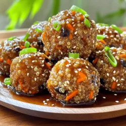 - 1 cup cooked quinoa - 1 cup black beans, drained and rinsed - 1/2 cup breadcrumbs (or gluten-free alternative) - 1/4 cup grated carrots - 2 cloves garlic, minced - 1 tablespoon fresh ginger, minced - 2 tablespoons soy sauce (or tamari for gluten-free) - 1 tablespoon sesame oil - 1 tablespoon maple syrup - 1 teaspoon cornstarch mixed with 2 tablespoons water (slurry for thickening) - 1/4 teaspoon black pepper - 1/4 teaspoon red pepper flakes (optional for heat) - Sesame seeds - Green onions These ingredients create a tasty base for the teriyaki glazed meatless meatballs. The cooked quinoa gives a nice texture and protein. The black beans add fiber and a hearty flavor. Breadcrumbs hold everything together, and grated carrots add a dash of sweetness. The garlic and ginger provide a fragrant kick. Soy sauce and sesame oil deepen the umami taste. Maple syrup adds a touch of sweetness to balance the flavors. The cornstarch thickens the glaze perfectly. To finish, sprinkle sesame seeds and chopped green onions on top. They add crunch and color. This simple list of ingredients makes it easy to prepare a delicious meal that pleases both meat lovers and plant-based eaters. First, you need to mash the black beans. Use a fork or a masher to break them down. Aim for a mostly smooth texture, but leave some small chunks. This adds a nice bite to the meatballs. Next, add the cooked quinoa, breadcrumbs, grated carrots, minced garlic, and minced ginger to the bowl. Mix everything well until all the ingredients blend together. Then, stir in the soy sauce, sesame oil, maple syrup, black pepper, and red pepper flakes if you want some heat. Make sure every ingredient is mixed in well. Now it's time to shape your meatballs. Grab a small amount of the mixture, about 1 to 1.5 inches in diameter. Roll it gently in your hands. Place the meatballs on a lined baking sheet, making sure they have space between them. Preheat your oven to 400°F (200°C). Bake the meatballs for 20 minutes. Flip them halfway through to ensure they cook evenly. They should be golden brown when done. While the meatballs bake, let’s make the teriyaki glaze. For this, gather 1/4 cup soy sauce, 2 tablespoons maple syrup, and 1 tablespoon sesame oil. Combine these in a small saucepan over medium heat. Bring the mixture to a gentle simmer. As it warms, add the cornstarch slurry. Stir continuously for about 2 to 3 minutes until the sauce thickens. Once thickened, remove it from heat. After baking, drizzle the teriyaki glaze over your meatballs. Toss them gently to coat well. Enjoy your flavorful teriyaki glazed meatless meatballs! To make great meatless meatballs, focus on moisture and binding. You want a mix that holds together but still feels light. - Use 1 cup cooked quinoa for moisture. It adds a nice texture too. - Use 1/2 cup breadcrumbs to help bind the mix. If you're gluten-free, choose gluten-free breadcrumbs. When mashing the black beans, remember to leave some chunks. This helps with texture. - Start with 1 cup black beans, draining and rinsing them well. - Mash them until mostly smooth. A few chunks are okay for a hearty bite. You can add extra flavor to your meatballs. Here are some ways to boost taste: - Mix in 1/4 cup grated carrots for sweetness and color. - Consider adding 1/4 teaspoon red pepper flakes if you like heat. Adjust seasonings to your taste. If you want a saltier flavor, add a bit more soy sauce. For sweetness, increase the maple syrup. When cooking the meatballs, you can choose between baking and frying. - Baking is easy and healthier. Preheat your oven to 400°F (200°C) and bake for 20 minutes. Flip them halfway for even cooking. - Frying gives a crispy outside but is less healthy. If you choose this method, watch closely to avoid burning. Ensure even cooking by spacing the meatballs on the baking sheet. This helps hot air circulate around each meatball. {{image_2}} You can easily swap ingredients to fit your needs. For breadcrumbs, use gluten-free options like ground oats or almond flour. These alternatives still bind the meatballs well. If you're looking for different protein sources, try lentils or chickpeas. Both provide a hearty texture and blend well with the other ingredients. To make your meatballs unique, try adding spices or herbs. A dash of cumin or a sprinkle of parsley can change the taste. You can also experiment with different sauces. Instead of teriyaki, consider sweet chili sauce or hoisin sauce. Each choice gives a new twist to the dish. Pair your meatless meatballs with side dishes for a complete meal. Steamed broccoli or jasmine rice works perfectly. For presentation, arrange the meatballs on a nice plate, and drizzle extra glaze on top. Garnish with sesame seeds and green onions. This makes your dish look as great as it tastes! To store your teriyaki glazed meatless meatballs, let them cool first. Place them in an airtight container. This keeps them fresh and tasty. You can store them in the fridge for up to four days. If you want to keep them longer, freezing is a great option. Place the meatballs in a single layer on a baking sheet. Freeze them for about an hour until firm. After that, transfer them to a freezer-safe bag. They can stay frozen for up to three months. To reheat, the oven is your best bet. Preheat it to 350°F (175°C). Place the meatballs on a baking tray. Heat for about 15 minutes until warmed through. This keeps them nice and firm. Avoid microwaving, as it may make them soggy. Enjoy your meal! Yes, you can use different beans. Chickpeas offer a nutty taste. Lentils add a soft texture. White beans work well for a milder flavor. Just mash them like black beans. This keeps the meatball shape. Absolutely! This recipe uses all plant-based ingredients. The black beans, quinoa, and vegetables are vegan-friendly. Soy sauce and maple syrup add flavor without animal products. You can enjoy these meatballs without worry. To add heat, try these ideas. You can increase the red pepper flakes. Add fresh chopped chili for a fiery kick. A splash of hot sauce mixed in the glaze also works great. Adjust to your taste! These meatballs pair well with many sides. Serve them with steamed rice for a classic meal. You can add sautéed vegetables for color and crunch. A fresh salad also balances the dish nicely. Enjoy the flavors together! This blog post shared a complete guide to making teriyaki glazed meatless meatballs. We covered main ingredients like quinoa, black beans, and carrots. I explained the steps for preparing the meatball mix, baking them, and making a flavorful glaze. Tips for texture and flavor enhancements will help you make the best dish. Don't forget about variations and storage info to keep your meatballs fresh. Enjoy experimenting with this fun plant-based recipe that is both tasty and simple. Cooking should be enjoyable, and now you're ready to create something great!